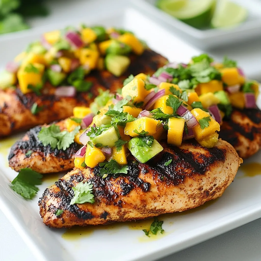 For this Mango Avocado Salsa Chicken, you will need a few key items. Here’s what you’ll gather: - Chicken breasts: 4 boneless, skinless chicken breasts. - Marinade components: - 1 teaspoon garlic powder - 1 teaspoon cumin - 1 teaspoon paprika - 2 tablespoons olive oil - Salt and pepper to taste - Salsa ingredients: - 1 ripe mango, diced - 1 ripe avocado, diced - 1 small red onion, finely chopped - 1 jalapeño, deseeded and minced - 1/4 cup fresh cilantro, chopped - Juice of 1 lime - 1 tablespoon honey (optional for sweetness) Each of these ingredients plays a role in creating bright, bold flavors. The chicken absorbs the spices well, while the salsa adds freshness and creaminess. The sweet mango and creamy avocado work together nicely. The lime juice brightens it all up, making every bite a delight. {{ingredient_image_1}} 1. First, preheat your grill or stovetop grill pan over medium-high heat. This step ensures your chicken cooks evenly and gets those nice grill marks. 2. Next, prepare the marinade. In a small bowl, mix together 1 teaspoon of garlic powder, 1 teaspoon of cumin, 1 teaspoon of paprika, and 2 tablespoons of olive oil. Add salt and pepper to taste. This blend adds great flavor to the chicken. 1. Brush the marinade evenly on both sides of the chicken breasts. Make sure they are well coated. This helps keep the chicken juicy. 2. Grill the chicken for about 6-7 minutes on each side. You want the internal temperature to reach 165°F (75°C). The chicken should no longer be pink in the middle. 3. After grilling, let the chicken rest for a few minutes. This resting period helps the juices settle back in, making the chicken moist and tender. 1. While the chicken rests, prepare the mango avocado salsa. In a medium bowl, combine the diced mango, diced avocado, finely chopped red onion, minced jalapeño, chopped cilantro, lime juice, and honey if you want extra sweetness. 2. Gently toss all the ingredients together. Be careful not to mash the avocado. You want to keep the pieces intact for a nice texture in your salsa. Now your Mango Avocado Salsa Chicken is ready to enjoy! To grill chicken perfectly, set your grill to medium-high heat, around 375°F to 450°F. This temperature makes the chicken cook evenly and keeps it juicy. Place the chicken on the grill and cook it for 6-7 minutes on each side. To check doneness, use a meat thermometer. The chicken should reach 165°F (75°C). If you don’t have a thermometer, cut the chicken. The meat must be white, not pink. To boost the flavor of your salsa, consider adding spices. A pinch of chili powder or a dash of cayenne can add heat. You can also add diced bell peppers or corn for extra crunch. Try different herbs too. Mint or basil can give your salsa a fresh twist. Feel free to mix in some diced fruits like pineapple or peach for a sweet touch. Plating can turn a good meal into a great one. Slice the grilled chicken neatly and place it on a plate. Top it generously with the colorful mango avocado salsa. For garnishing, sprinkle fresh cilantro on top. You can also add lime wedges on the side for a pop of color. A colorful plate makes the dish more appealing and fun to eat! Pro Tips Marinate for Flavor: For even more flavor, let the chicken marinate in the seasoning mix for at least 30 minutes before grilling. Perfectly Ripened Avocado: Choose an avocado that yields slightly to gentle pressure for the best texture in your salsa. Adjust Heat Level: If you prefer a milder salsa, skip the jalapeño or remove the seeds and membranes before mincing. Serve with Sides: This dish pairs beautifully with rice or a fresh green salad for a complete meal. {{image_2}} You can switch out the chicken for shrimp or tofu. Both options work well and add a unique twist. If you want to try different fruits in your salsa, consider using pineapple or peach. These fruits will bring a nice sweetness and freshness to the dish. For those on a low-carb or keto diet, you can use skinless chicken thighs instead of breasts. This small change can keep the meal tasty and fit your diet. If you want a vegan or vegetarian option, try grilled portobello mushrooms instead of chicken. They have a meaty texture and soak up flavors well. You can bake or pan-sear the chicken if you don't have a grill. Baking takes about 25-30 minutes at 375°F (190°C). Make sure the chicken reaches 165°F (75°C). For the salsa, you can add new ingredients like diced bell peppers or mango chutney. These small changes give you a fresh take on the classic recipe. To keep your Mango Avocado Salsa Chicken fresh, store the chicken and salsa separately. This helps maintain the chicken's texture and prevents the salsa from getting mushy. Use airtight containers for storage. Glass containers work best, but any plastic container with a tight seal will do. - Place the chicken in a container with a lid. - Store the salsa in a different container. This way, both will stay fresh for longer. To reheat chicken without drying it out, use the oven. Preheat your oven to 350°F (175°C). Cover the chicken with foil and heat for about 15-20 minutes. This keeps the moisture in. For salsa, it’s best served cold, but if you want it warm, heat it gently on the stovetop. Use low heat and stir often. This helps prevent burning. Yes, you can freeze chicken. For best results, wrap the chicken tightly in plastic wrap, then place it in a freezer bag. Remove as much air as possible. It will stay fresh for up to three months. Salsa is not ideal for freezing. The texture changes when thawed. Instead, enjoy it fresh. If you have extra salsa, store it in the fridge for about 2-3 days. Can I make the mango avocado salsa ahead of time? Yes, you can make mango avocado salsa ahead of time. Store it in the fridge for up to two days. Just remember, the avocado may brown slightly. To slow this down, squeeze more lime juice on top. What sides pair well with Mango Avocado Salsa Chicken? This dish goes well with many sides. Here are some great options: - Rice or quinoa for a filling base - Black beans for added protein - Grilled veggies for a fresh crunch - Tortilla chips for a fun texture How long do I grill chicken for perfect results? Grill chicken for about 6-7 minutes on each side. Check that the internal temperature reaches 165°F (75°C). This ensures your chicken is juicy and safe to eat. Is the salsa safe for meal prep? Yes, the salsa is safe for meal prep. Just store it in an airtight container in the fridge. Use it within two days for the best taste and freshness. Can I use frozen mango or avocado for this recipe? You can use frozen mango, but fresh mango tastes better. Frozen avocado can be mushy, so I recommend fresh avocados instead. What if I can't find ripe avocados? If ripe avocados are hard to find, try these tips: - Look for avocados that yield slightly to gentle pressure. - Place firm avocados in a paper bag for a day or two to ripen. - If all else fails, use guacamole as a substitute. This blog post shared how to make delicious Mango Avocado Salsa Chicken. We covered ingredients, cooking steps, tips, and storage methods. Remember to marinate your chicken well and grill it to perfection. Fresh salsa adds flavor and color, making your dish pop. Experiment with different ingredients and storage practices for variety. Enjoy this tasty meal that impresses family and friends! Eating well can be simple and fun. Try out these recipes, and make it your own!
