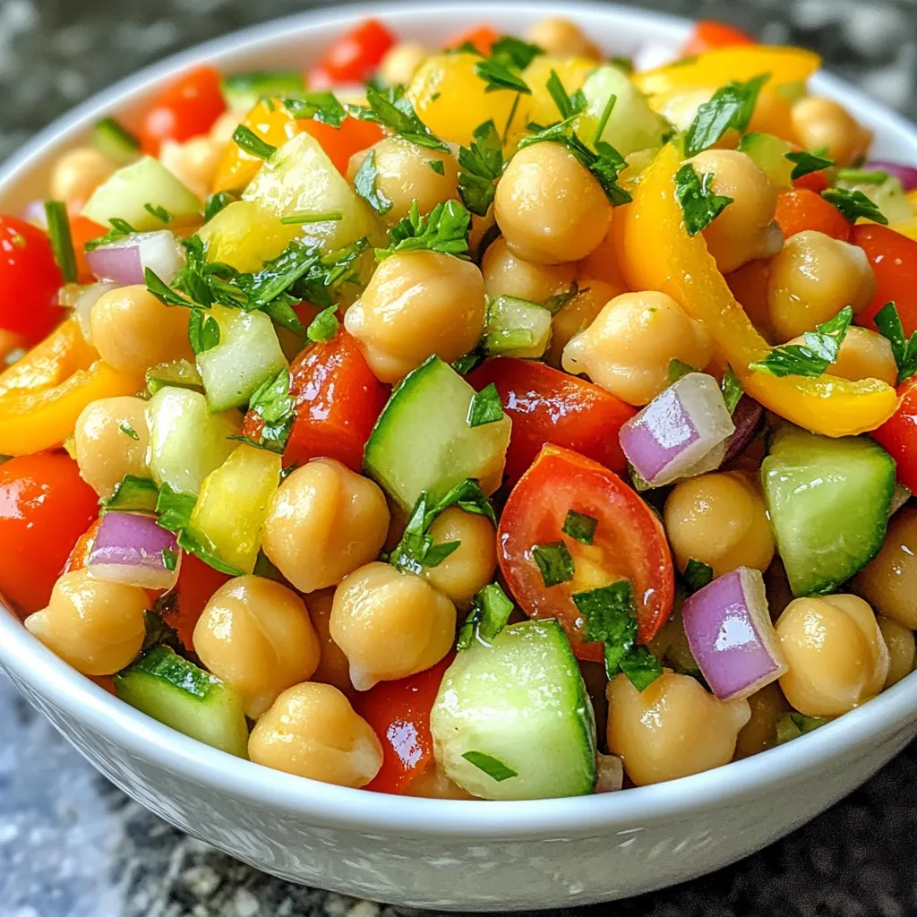 The base of this salad is simple and fresh. Here are the key ingredients you need: - 1 can (15 oz) chickpeas, drained and rinsed - 1 medium cucumber, diced - 1 cup cherry tomatoes, halved - 1 red bell pepper, diced - 1/4 red onion, finely chopped - 1/4 cup fresh parsley, chopped - 2 tablespoons olive oil - 2 tablespoons lemon juice - 2 cloves garlic, minced - 1 teaspoon cumin - Salt and pepper to taste Each ingredient plays a role in flavor and texture. The chickpeas add protein and heartiness. The cucumber gives crunch, while cherry tomatoes and red bell pepper offer sweetness. Onion adds a bit of sharpness, and parsley brightens everything up. You can add some optional ingredients to make the salad even better. Consider these: - Avocado for creaminess - Feta cheese for a salty kick - Olives for a briny taste - A pinch of red pepper flakes for heat These extras can take your salad to new heights. Feel free to mix and match based on your taste! This salad is quite adaptable. If you have dietary needs, here are some substitutes: - For a low-sodium option, use low-sodium chickpeas or rinse them well. - If you are vegan, make sure the dressing ingredients are plant-based. - Substitute quinoa for chickpeas if you prefer a grain base. These substitutions help you enjoy the salad while meeting your dietary needs. Always remember to taste as you go to adjust flavors! {{ingredient_image_1}} To start, gather your ingredients. Grab one can of chickpeas, drain them, and rinse well. Next, you need one medium cucumber. Dice it into small pieces. Then, take one cup of cherry tomatoes and cut them in half. Chop one red bell pepper and a quarter of a red onion finely. Now, place all these fresh veggies into a large mixing bowl. This mix brings color and crunch to the salad. The chickpeas add protein, making the meal filling. In a small bowl, you will whisk together the dressing. Use two tablespoons of olive oil as a base. Then, squeeze in two tablespoons of fresh lemon juice. Add in two minced cloves of garlic for that zesty kick. Next, sprinkle in one teaspoon of cumin, along with salt and pepper to taste. Whisk this mixture until it blends smoothly. This dressing will tie all the flavors together beautifully. Now it's time to bring everything together. Pour the dressing over the bowl with the chickpeas and veggies. Gently toss the mixture. Make sure every piece of the salad gets a nice coating of that tasty dressing. After that, add in a quarter cup of freshly chopped parsley. Toss again to mix it well. Let your salad sit for about 10-15 minutes. This rest time helps the flavors meld together. Serve it chilled or at room temperature for a fresh and flavorful meal. To make this salad burst with flavor, use fresh ingredients. Fresh parsley adds a bright note. Use ripe cherry tomatoes for sweetness. Don’t skip the garlic; it brings a punch. For the dressing, whisk the olive oil and lemon juice well. This way, it coats every part of the salad. Let it sit for 10-15 minutes before serving. This helps the flavors blend together. You can serve this salad in many ways. It works well as a side dish at dinner. You can also enjoy it as a light lunch. Try it with pita bread or on a bed of greens. It pairs nicely with grilled chicken or fish. For a fun twist, add some feta cheese or avocado. This will make it richer and even more tasty! If you have a busy week, make this salad ahead of time. You can prepare it a day early. Just store it in the fridge. The flavors will deepen, making it even better. If you know you’ll want leftovers, keep the dressing separate. This keeps the salad fresh and crunchy. Mix it just before eating to keep that crispness! Pro Tips Use Fresh Ingredients: Always opt for fresh vegetables and herbs to enhance the flavor and nutritional value of your salad. Chill Before Serving: Letting the salad sit for 10-15 minutes allows the flavors to meld together, making it more delicious. Adjust Seasoning: Taste the salad after mixing in the dressing and adjust the salt, pepper, or lemon juice to your preference. Make It a Meal: Add protein like grilled chicken or feta cheese to turn this salad into a hearty meal. {{image_2}} You can change this salad by adding different ingredients. Try adding diced avocado for creaminess. Feta cheese gives a nice salty flavor. You can also add olives for a briny kick. Fresh herbs like mint or basil can brighten up the salad. For a crunchy texture, toss in some sunflower seeds or nuts. Each add-in brings new flavors and textures. This salad is already vegetarian and vegan. It contains no animal products. You can keep it vegan by using olive oil instead of butter. If you want more protein, add quinoa or tofu. Both options will make the salad heartier. You can also use a vegan feta for a cheese option without dairy. The dressing is key to this salad. You can mix it up for a new twist. Try using apple cider vinegar instead of lemon juice for a tangy taste. Add a bit of honey or agave for sweetness. For a spicy kick, add red pepper flakes to the dressing. Each change can make the salad feel fresh and exciting. To store your Lemon Garlic Chickpea Salad, place it in an airtight container. Make sure to seal it tightly. This keeps the salad fresh longer. You can store it in the fridge for up to three days. If you want to keep it crisp, try to leave out the dressing until you serve it. For best taste, eat the salad within three days. After that, the veggies may get soggy. Check for any off smells or changes in color. If the salad looks or smells strange, it’s best to throw it away. Always remember to use fresh ingredients to extend its shelf life. Freezing this salad is not recommended. The texture of the veggies changes when frozen. However, if you have leftover dressing, you can freeze it. Just place it in a freezer-safe bag. You can use it for other salads later. When you're ready to use it, let it thaw in the fridge overnight. Yes, you can use dried chickpeas. First, soak them overnight in water. Then, boil them until they are tender. It takes about one to two hours. This method gives you fresh taste and texture. You can store the salad in the fridge for three to four days. Make sure to keep it in a sealed container. The flavors will blend better over time. However, the veggies will lose some crunch after a few days. This salad pairs well with grilled chicken or fish. You can also serve it with pita bread or quinoa. For a light meal, enjoy it with a refreshing yogurt dip. Each option adds a new layer of flavor. This blog post covered how to make a tasty Lemon Garlic Chickpea Salad. We talked about key and optional ingredients, plus substitutions for different diets. You learned step-by-step instructions for making the salad and whisking the dressing. Tips and tricks for the best flavor were also shared, along with variations to keep it exciting. Lastly, we explored storage options and answered common questions. Enjoy making this fresh salad anytime. It's tasty, easy, and good for you!