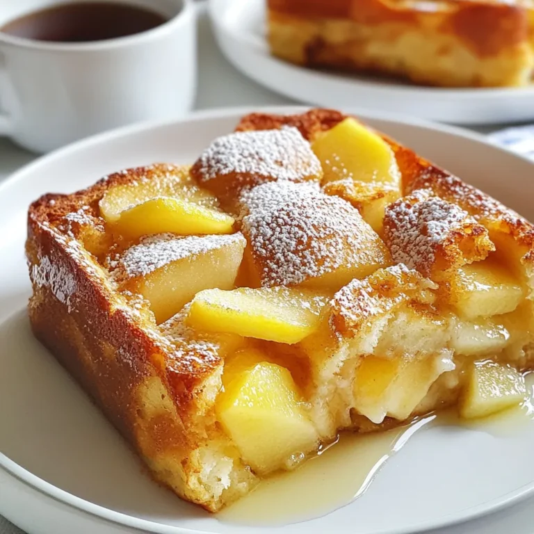 To make this tasty dish, gather these key ingredients: - 1 loaf of challah or brioche bread, cut into cubes - 4 large eggs - 2 cups whole milk - 1/2 cup granulated sugar - 1 teaspoon vanilla extract - 1 teaspoon ground cinnamon - 1/4 teaspoon ground nutmeg - 2 apples, peeled, cored, and sliced thin (Granny Smith or Honeycrisp work well) - 1/2 cup apple pie filling (store-bought or homemade) These ingredients mix well to create a warm, cozy flavor. The bread absorbs the egg mixture, making it soft and delicious. You can add some fun touches with these optional ingredients: - 1/4 cup chopped pecans - Powdered sugar for serving - Maple syrup for drizzling These extras give your casserole added flavor and texture. Feel free to mix and match based on your taste. For the best results, choose bread that is rich and fluffy. I suggest using: - Challah - Brioche Both types soak up the egg mixture nicely. They also add a lovely sweetness to your casserole. You can even try other bread types, like sourdough or French bread, but consider the texture and flavor. {{ingredient_image_1}} 1. First, preheat your oven to 350°F (175°C). This helps the casserole cook evenly. 2. Next, grease a 9x13-inch baking dish with butter or non-stick spray. This keeps the casserole from sticking. 3. In a large bowl, whisk together the eggs, whole milk, granulated sugar, vanilla extract, ground cinnamon, and ground nutmeg. Mix until smooth. 4. Cut your challah or brioche bread into cubes. Add these pieces to the egg mixture. Make sure each piece is coated well. Let it soak for about 10-15 minutes. This step adds flavor and moisture. 5. Peel, core, and slice your apples thinly. Fold these slices and the apple pie filling into the bread mixture. If you like, add chopped pecans for crunch. 6. Pour the mixture into your baking dish. Spread it out evenly so it cooks properly. 1. Place the baking dish in the oven. Bake for 45-50 minutes. 2. Keep an eye on it. You want a nice golden brown top. 3. To check if it’s done, insert a knife into the center. It should come out clean. If it’s not clean, give it a few more minutes. When the casserole is ready, it will look golden brown on top. The center should feel firm, not jiggly. A clean knife test means it's done. Let it cool for a few minutes before serving. This helps the flavors settle and makes it easier to slice. Enjoy your tasty Apple Pie French Toast Casserole! To get the best flavor, use fresh apples. Granny Smith adds a nice tartness. Honeycrisp gives a sweet crunch. You want a mix of tastes. Use good bread like challah or brioche. These breads soak up the egg mixture well. Let the bread sit in the mix for 10-15 minutes. This helps it absorb all the flavors. Don't skip the spices! Cinnamon and nutmeg make a big difference. One common mistake is not cutting the bread into even cubes. This can lead to uneven cooking. Another mistake is skipping the resting time. This step ensures all the bread absorbs the egg mix. If you overbake, the casserole can turn dry. Keep an eye on the time and use a knife to check doneness. If it comes out clean, you’re good to go! Serve warm with powdered sugar on top. This adds a sweet touch. Drizzle maple syrup over each slice for extra flavor. You can also add more apple slices for a fresh look. For a crunch, sprinkle some chopped pecans before serving. This adds texture and richness. Enjoy with a hot cup of coffee or tea! Pro Tips Use Stale Bread: For the best texture, use bread that is a day or two old. It will absorb the custard mixture better without becoming mushy. Experiment with Apples: While Granny Smith and Honeycrisp are great, feel free to mix in other varieties like Fuji or Braeburn for a unique flavor profile. Make Ahead: Assemble the casserole the night before and refrigerate. In the morning, simply bake it straight from the fridge, adding an extra 10-15 minutes to the baking time. Add a Crunch: For a delightful crunch, top the casserole with a mixture of oats, butter, and brown sugar before baking. {{image_2}} You can easily make this casserole gluten-free. Just swap the challah or brioche with gluten-free bread. Look for a brand that has a similar texture and taste. Make sure all other ingredients are also gluten-free, like the apple pie filling. This way, everyone can enjoy this tasty dish. While apples are great, try other fruits too! Pears add a nice sweetness. Berries bring a burst of color and flavor. You can use peaches in summer or cranberries in fall. Mix and match your favorite fruits for fun flavors. Just remember, each fruit has its own cook time, so adjust if needed. Toppings can make this dish even better. You can sprinkle chopped nuts on top for crunch. Try adding a swirl of caramel sauce for extra sweetness. If you prefer something lighter, dust with powdered sugar. For a classic touch, drizzle maple syrup before serving. Get creative and find what you like best! To store your Apple Pie French Toast Casserole, let it cool first. Once it cools, cover it tightly with plastic wrap or aluminum foil. You can also use an airtight container. Store it in the fridge for up to three days. This keeps it fresh and ready for breakfast or dessert. If you want to freeze leftovers, let the casserole cool completely. Cut it into pieces for easy serving later. Wrap each piece tightly in plastic wrap, then place them in a freezer-safe bag. Label the bag with the date. You can freeze it for up to three months. This way, you can enjoy this tasty dish anytime! To reheat, take out the portion you want. Preheat your oven to 350°F (175°C). Place the casserole in an oven-safe dish and cover it with foil. Heat it for about 20-25 minutes, or until it's warm. You can also microwave it on a plate for 1-2 minutes, checking every 30 seconds. Enjoy your delicious casserole just like new! Yes, you can make this casserole ahead of time. To do this, prepare the casserole up to the baking stage. Cover it well and store it in the fridge overnight. This lets the bread soak up the egg mixture. In the morning, take it out and let it sit for about 15 minutes. Then, bake it as usual. This makes breakfast easy and quick. If you need to replace eggs, use unsweetened applesauce. You can use 1/4 cup of applesauce for each egg. This adds moisture and keeps the casserole fluffy. Another option is to use flaxseed meal. Mix 1 tablespoon of flaxseed meal with 2.5 tablespoons of water. Let it sit for a few minutes until it thickens. Both options work well in this recipe. You can tell the casserole is done by checking the center. Insert a knife into the middle. If it comes out clean, it is ready! The top should be golden brown and firm to touch. Bake for 45-50 minutes, but keep an eye on it. Every oven is a bit different. This blog post covered how to make apple pie French toast casserole. We explored key ingredients, preparation steps, and baking tips. I shared ideas for baked perfection and ways to avoid common mistakes. You learned about tasty variations and clever storage methods. In the end, this dish is easy and fun to make. You can delight your family with each bite and enjoy the unique flavors. Happy cooking!