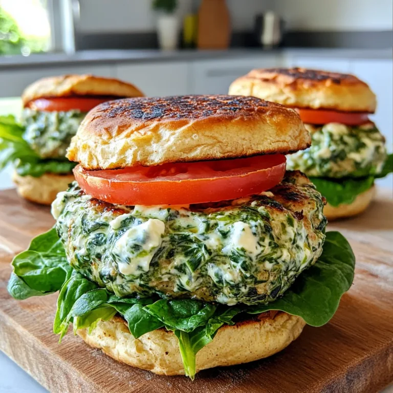 - 1 pound ground turkey - 1 cup fresh spinach, finely chopped - 1/2 cup feta cheese, crumbled - 1/4 cup breadcrumbs - 1/4 cup chopped onion - 2 cloves garlic, minced - 1 teaspoon dried oregano - 1 teaspoon salt - 1/2 teaspoon black pepper - 1 tablespoon olive oil (for grilling) - 4 whole wheat burger buns I love using ground turkey for these burgers. It is lean and tasty. The spinach adds a vibrant color and fresh flavor. Feta cheese gives a nice salty bite. Breadcrumbs help bind the mixture and keep the burgers moist. Onion and garlic bring extra depth to the flavor. Oregano, salt, and pepper finish it off with a classic taste. - Sliced tomatoes - Lettuce - Tzatziki sauce Toppings can make a burger special. I enjoy adding sliced tomatoes for freshness. Crisp lettuce adds a nice crunch. Tzatziki sauce brings a cool and creamy element. You can mix and match based on your taste! - Mixing bowl - Grill or grill pan - Cooking utensils You need a mixing bowl to combine all the ingredients. A grill or grill pan is necessary for cooking the burgers. Cooking utensils like spatulas will help flip the patties easily. Having the right tools makes the process smoother and more fun! {{ingredient_image_1}} - In a large bowl, mix together: - 1 pound ground turkey - 1 cup finely chopped fresh spinach - 1/2 cup crumbled feta cheese - 1/4 cup breadcrumbs - 1/4 cup chopped onion - 2 cloves minced garlic - 1 teaspoon dried oregano - 1 teaspoon salt - 1/2 teaspoon black pepper - Use your hands to mix all the ingredients. Make sure to combine well, but avoid overmixing. - Divide the mixture into four equal portions. Shape each portion into a patty about ¾ inch thick. - Preheat your grill or grill pan over medium-high heat. Drizzle the grill with 1 tablespoon olive oil to prevent sticking. - When the grill is hot, place the patties on it. Cook the patties for about 5-6 minutes on each side. The turkey burgers are done when they reach an internal temperature of 165°F (74°C) and are golden brown. - During the last minute of cooking, toast the whole wheat burger buns on the grill. - To assemble your burgers, place one turkey patty on the bottom half of each bun. - Top each patty with sliced tomatoes, lettuce, and optional tzatziki sauce. - Place the top half of the bun on each burger and serve hot. - Avoid overmixing: Mix the turkey and other ingredients gently. This keeps the burgers tender. Too much mixing makes them tough. - Maintaining moisture: Add breadcrumbs to help hold moisture. Also, use fresh spinach for extra juiciness. - Checking doneness temperature: Use a meat thermometer. Cook the burgers until they reach 165°F (74°C). This ensures they are safe to eat. - Adjusting cooking time for thickness: Make thicker patties? Cook them longer. Thinner patties cook faster. Always check the center for doneness. - Pairing with sides: Fresh salads or sweet potato fries pair well. They add crunch and balance. - Best condiments: Tzatziki sauce adds great flavor. You can also use sliced tomatoes and crisp lettuce for freshness. Pro Tips Keep It Moist: Adding breadcrumbs helps bind the patties and keeps them moist while cooking. You can also add a little Greek yogurt for extra moisture. Don’t Overmix: When combining the ingredients, mix just until everything is incorporated. Overmixing can lead to tough burgers. Use a Meat Thermometer: To ensure safety and perfect doneness, use a meat thermometer to check that the internal temperature reaches 165°F (74°C). Customize Your Toppings: Feel free to experiment with toppings like avocado, red onion, or your favorite sauce to enhance the flavor profile of your burgers. {{image_2}} You can swap ground turkey for ground chicken or beef. Both options work great. Chicken gives a lighter taste, while beef adds richness. If you want a dairy-free burger, try vegan feta or omit cheese. Use mashed avocado for creaminess. To elevate the taste, add spices like cumin or paprika. Fresh herbs like parsley or dill can also boost flavor. Instead of feta, try goat cheese or cheddar. Each cheese adds a unique twist to your burger. You can bake or grill your burgers. Baking requires less oil and is easy. Grill gives that smoky flavor many love. If you have an air fryer, use it! It cooks quickly and keeps burgers juicy. After enjoying your spinach feta turkey burgers, let them cool down. Wrap each burger tightly in plastic wrap. This keeps them fresh and tasty. Use airtight containers for extra protection. Glass or plastic containers work well. Label the containers with the date. Store them in the fridge for up to three days. To freeze the burgers, follow these steps. First, let them cool completely. Then, wrap each burger in plastic wrap. Place the wrapped burgers in a freezer bag. Squeeze out any air before sealing. This helps prevent freezer burn. You can freeze the burgers for up to three months. When you’re ready to eat, take one out and thaw it in the fridge overnight. To reheat your burgers, the best method is to use a skillet. Heat the skillet over medium heat. Place the burger in the skillet for about 4-5 minutes on each side. This keeps them juicy and flavorful. You can also use an oven. Preheat it to 350°F (175°C). Place the burgers on a baking sheet for about 10-15 minutes. This method maintains their texture well. Enjoy your tasty leftovers! How do I know when the turkey burgers are done? You can check the internal temperature. It should reach 165°F (74°C). Use a meat thermometer for best results. The burgers will also turn golden brown on the outside. Can I make the patties ahead of time? Yes, you can make the patties ahead. Shape them and store in the fridge for up to 24 hours. This saves time when you are ready to cook. What can I serve with turkey burgers? You can serve your burgers with a side of sweet potato fries or a fresh salad. Other great options include roasted vegetables or a simple coleslaw. How many calories are in a spinach feta turkey burger? Each burger has about 300 calories. This makes them a healthy option for a filling meal. Are these burgers suitable for meal prep? Absolutely! These burgers hold up well in the fridge. You can easily prepare them in advance for quick meals later. Can I use frozen spinach instead? Yes, you can use frozen spinach. Just be sure to thaw and drain it well. This prevents excess moisture in your patties. Is it possible to make these burgers vegetarian? Yes, you can make a vegetarian version. Use black beans or chickpeas instead of turkey. Add spices and bind with breadcrumbs for texture. This blog post covered how to make delicious spinach feta turkey burgers. We went over main ingredients like ground turkey and feta cheese, cooking steps, and helpful tips. You now have the steps to prepare, cook, and store these burgers. Remember, you can swap ingredients and try different flavors. Enjoy your tasty meal, and don’t hesitate to share your burger creations! Keep experimenting to find your perfect mix.