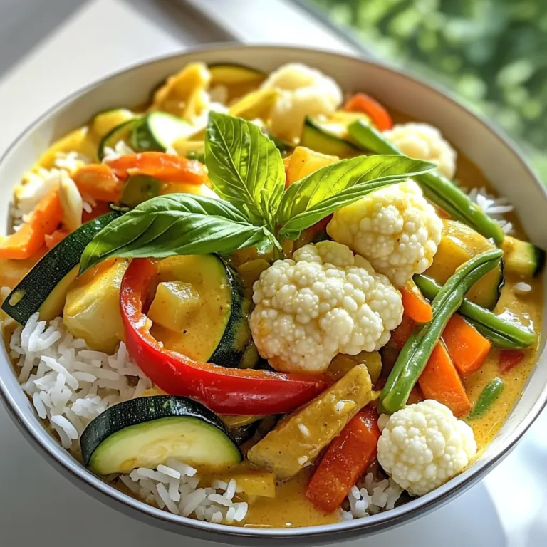 - 1 can (400ml) coconut milk - 1 tablespoon red curry paste - 1 medium onion, diced - 2 cloves garlic, minced - 1 tablespoon fresh ginger, grated - 2 carrots, sliced - 1 red bell pepper, diced - 1 zucchini, diced - 1 cup green beans, trimmed and halved - 1 cup cauliflower florets - 1 tablespoon soy sauce (or tamari for gluten-free) - 1 tablespoon lime juice - Fresh basil leaves for garnish - Cooked jasmine rice for serving - Salt to taste When making this curry, the coconut milk gives it a rich, creamy base. The red curry paste adds a burst of flavor. Fresh vegetables bring in texture and nutrition. Seasoning ingredients like soy sauce and lime juice brighten the dish. - Tofu or chickpeas for added protein - Extra spices like turmeric or cumin Feel free to mix in proteins like tofu for a heartier meal. You can add spices for more flavor. - Slow cooker - Chopping board - Knife You will need a slow cooker to let the flavors meld. A chopping board and knife make prep easy. These tools help you create this tasty dish. Start by mixing the coconut milk and red curry paste in your slow cooker. Use a whisk or spoon to blend them well. This step adds a creamy and spicy base. Next, add the diced onion, minced garlic, and grated ginger. These aromatics boost the flavor. Stir well to combine everything. Now, it’s time to layer in the vegetables. Add sliced carrots, diced red bell pepper, and diced zucchini. Include the trimmed green beans and cauliflower florets too. Make sure to distribute the veggies evenly. This ensures that every bite is full of flavor. Cover the slow cooker and set it to low heat. Cook for 4 to 6 hours. This slow cooking lets the flavors develop. Make sure to check the veggies for doneness. They should be tender but not mushy. After cooking, stir the curry well. Adjust the seasoning if needed. Enjoy your meal over jasmine rice, topped with fresh basil leaves! To make your Slow Cooker Veggie Thai Curry just right, start with spice levels. You can adjust them to your taste. If you like it spicy, add more red curry paste. For a milder flavor, use less. Taste as you go! Balancing flavors is key too. The coconut milk gives sweetness, while lime juice adds tang. Soy sauce brings saltiness. Mix these to find your perfect balance. Don’t forget to stir well before serving for an even taste. If you need gluten-free options, use tamari instead of soy sauce. This swap keeps the flavor while making it safe for everyone. Seasonal vegetables can enhance your dish. For spring, try asparagus or peas. In fall, sweet potatoes or squash work well. Feel free to swap veggies based on what you have. Serve your curry over jasmine rice for a wonderful combo. The rice soaks up the curry's rich flavors, making every bite delicious. Garnish with fresh basil leaves for a pop of color and added aroma. You can also sprinkle some chopped peanuts for a crunchy texture. Enjoy your beautiful meal! {{image_2}} You can make this curry even heartier with protein. Tofu and beans work great. Tofu soaks up the curry flavors well. Beans like chickpeas or black beans add nice texture. Just toss them in during cooking. Tempeh or lentils are also good choices. Tempeh has a nutty taste that enhances the dish. Lentils cook well and add fiber. Use cooked lentils for a quicker option. Want a different twist? Try a green curry variation. Swap the red curry paste for green. This change gives a fresh and spicy taste. You could also use different nut milks. Almond or cashew milk can add a creamy touch. For a sweeter flavor, coconut cream adds richness. Adjust the spice level based on your taste. This keeps your curry exciting every time. Make this dish your own with local spices. Add cumin or coriander for warmth. If you have fresh herbs like cilantro, toss those in too. Adapting to what's available is key. Use seasonal vegetables you like. If zucchini is not in season, try eggplant or bell peppers. This way, you will always have a delicious curry! If you have leftovers, let the curry cool down first. Transfer it to an airtight container. Store it in the fridge. It will stay fresh for about 3 to 4 days. When you're ready to eat, reheat the curry on the stove. Stir it often to heat evenly. You can also use the microwave. Just cover it and heat it for 1-2 minutes. Check to make sure it's hot all the way through. For long-term storage, you can freeze the curry. Use a freezer-safe container or bag. Make sure to leave some space for expansion as it freezes. The curry will keep well for up to 3 months. When you're ready to use it, take it out of the freezer. Thaw it overnight in the fridge. For a quick thaw, place it in cold water. Once thawed, reheat it as you would with leftovers. In the fridge, the Slow Cooker Veggie Thai Curry lasts about 3 to 4 days. Always check for signs of spoilage. Look for changes in color or smell. If it smells sour or off, it’s best to toss it. Also, if the texture seems slimy or grainy, do not eat it. Enjoy your curry while it’s fresh for the best taste! You can serve the curry with: - Cooked jasmine rice - Quinoa or brown rice - Naan bread or flatbreads - A fresh green salad - Steamed broccoli or bok choy These sides balance well with the rich curry flavors and add variety to your meal. The creamy coconut milk pairs nicely with rice, soaking up all the delicious sauce. A salad adds crunch and freshness. To add heat, try these tips: - Use more red curry paste - Add sliced fresh chili peppers - Include a dash of chili flakes - Mix in sriracha or hot sauce Start with small amounts and taste as you go. This way, you can find the perfect spice level for your palate. Yes, you can use frozen vegetables! Here’s what to consider: - Frozen vegetables are convenient and often just as good as fresh. - They may cook faster, so check for doneness early. - Add them halfway through cooking to keep some texture. Using frozen veggies can save time and reduce waste, making your cooking more efficient. This blog post covered the essential ingredients for a great Slow Cooker Veggie Thai Curry, along with tips for customization, equipment needed, and cooking instructions. You can mix coconut milk and spices, layer fresh veggies, and adjust flavors to suit your taste. Don’t forget about storage tips for both short and long-term use. Remember, this dish is versatile and can easily adapt to what you have on hand. Enjoy making this tasty meal anytime you crave comfort food!