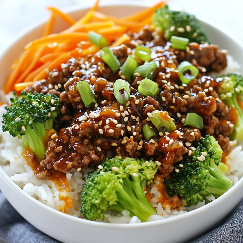 To make your Spicy Korean Beef Bowls, you need: - 1 lb (450g) ground beef - 1 tablespoon sesame oil - 3 cloves garlic, minced - 1 inch ginger, grated - 1/4 cup soy sauce - 2 tablespoons gochujang (Korean chili paste) - 2 tablespoons brown sugar - 1 tablespoon rice vinegar - 1 cup broccoli florets - 1 cup carrots, julienned - 2 green onions, sliced - Cooked rice (for serving) - Sesame seeds (for garnish) You can swap ground beef for ground turkey or chicken. These meats work well. If you want a vegetarian option, try using tofu or tempeh. For the soy sauce, you can use tamari for a gluten-free option. If you can’t find gochujang, mix chili paste with a bit of sugar. You can also use honey instead of brown sugar for sweetness. When picking broccoli, look for bright green florets. They should not be yellow or wilted. For carrots, choose firm ones with no soft spots. Fresh green onions should have vibrant green tops and no brown ends. If you can, buy organic to get the best flavor. Always check for freshness to make your dish taste great! {{ingredient_image_1}} Start by heating one tablespoon of sesame oil in your skillet. Use medium heat until it shines. Add three cloves of minced garlic and one inch of grated ginger. Sauté these for about 30 seconds. You want to smell that great aroma! Next, increase the heat to medium-high. Add one pound of ground beef to the skillet. Break it apart with a wooden spoon. Cook this for about 5 to 7 minutes. The beef should be browned and cooked through. In a separate bowl, mix together 1/4 cup of soy sauce, two tablespoons of gochujang, two tablespoons of brown sugar, and one tablespoon of rice vinegar. Stir until it is smooth. Once the beef is ready, pour this sauce over it. Make sure to stir well so everything gets coated. The sweet and spicy flavors will meld perfectly! Now it’s time to add some color and crunch! Add one cup of broccoli florets and one cup of julienned carrots to the beef. Cook these for another five minutes. You want them to be tender but still bright and crisp. Once ready, remove the skillet from the heat. Stir in two sliced green onions, saving some for later. Serve this spicy beef mix over cooked rice. Don’t forget to sprinkle sesame seeds and the reserved green onions on top for a lovely finish! To turn up the heat, add more gochujang. Try using two tablespoons instead of one. You can also add sliced fresh chili peppers. Jalapeños work well. For a smoky flavor, toss in some smoked paprika. This will give your dish a deep, spicy kick. For a great texture, do not overcook the beef. Cook it just until browned. This keeps it juicy and tender. When adding vegetables, cook them until they are bright and crisp. This adds a nice crunch to your bowl. Make sure to stir well so everything mixes evenly. Serve your spicy beef over a bed of hot cooked rice. Jasmine or white rice are great choices. You can also add a side of kimchi for extra flavor. Top your bowl with sesame seeds and more green onions. This makes the dish look colorful and inviting. Pro Tips Use Fresh Ingredients: Fresh garlic and ginger will elevate the flavor of your beef bowls significantly. Try to use them instead of dried or powdered versions for the best taste. Adjust Spice Level: If you prefer a milder dish, reduce the amount of gochujang or add it gradually until you reach your desired spice level. Veggie Variations: Feel free to substitute or add other vegetables like bell peppers, snap peas, or bok choy to customize your bowls and increase nutrition. Rice Choice: For a healthier option, consider using brown rice or cauliflower rice instead of white rice to pack in more nutrients and fiber. {{image_2}} You can easily make a vegetarian version of spicy Korean bowls. Just swap the ground beef for textured vegetable protein or tofu. Both soak up flavors well. Use the same sauce mix to keep that spicy kick. If you want a vegan bowl, ensure you pick a plant-based gochujang. This way, you keep it tasty and friendly for all diets. Don’t stick to just beef! You can use ground turkey or chicken instead. These proteins have a milder taste but work just as well. For a richer flavor, try pork or lamb. They both add a unique twist to your bowls. Just adjust the cooking time based on the protein you choose. Feel free to mix and match your veggies! Bell peppers, snap peas, and zucchini are great options. You can even add mushrooms for an earthy flavor. The key is to keep the veggies vibrant and crisp, so add them at the right time. This keeps your meal colorful and fun to eat! To store your spicy Korean beef bowls, let them cool first. Place the beef and veggies in an airtight container. Make sure to keep the rice separate. Store everything in the fridge for up to three days. This way, your meal stays fresh and tasty. When you're ready to eat, take the beef and rice out of the fridge. You can reheat them in the microwave. Heat the beef for about one to two minutes. Stir halfway to warm it evenly. For the rice, heat it for about 30 seconds. Add a splash of water if it seems dry. If you want to save your spicy Korean beef bowls for later, freezing works well. Pack the cooled beef and veggies in freezer bags or containers. Remove as much air as possible to prevent freezer burn. You can freeze the beef for up to three months. However, it's best to freeze the rice separately. When ready to enjoy, thaw overnight in the fridge and reheat as you normally would. Gochujang is a spicy Korean chili paste. It adds a deep, rich flavor to dishes. You can find gochujang in Asian markets or large grocery stores. Look in the international aisle. Gochujang is often sold in red tubs or squeeze bottles. If you can't find it, try ordering online. Yes, you can use different meats for this recipe. Ground pork, turkey, or chicken work well. Each type will change the taste slightly. If you want a plant-based option, try using firm tofu. Just crumble it before cooking. Make sure to adjust cooking times if you switch meats. Several side dishes complement Spicy Korean Beef Bowls nicely. Here are a few ideas: - Kimchi: This spicy, fermented vegetable dish adds a tangy kick. - Steamed rice: A classic choice for soaking up flavors. - Cucumber salad: A refreshing side that balances the spice. - Pickled radishes: These add crunch and a sweet-tangy taste. Feel free to mix and match these sides to enhance your meal. This article covers how to make Spicy Korean Beef Bowls. We discussed key ingredients, cooking steps, and tips for freshness. You learned ways to boost spice and texture, plus variations for different diets. Storing tips and answers to common questions help you enjoy this dish longer. In conclusion, this meal is flexible and satisfying. You can tailor it to your taste. Enjoy experimenting with your own versions! Trust me; it will be delicious.