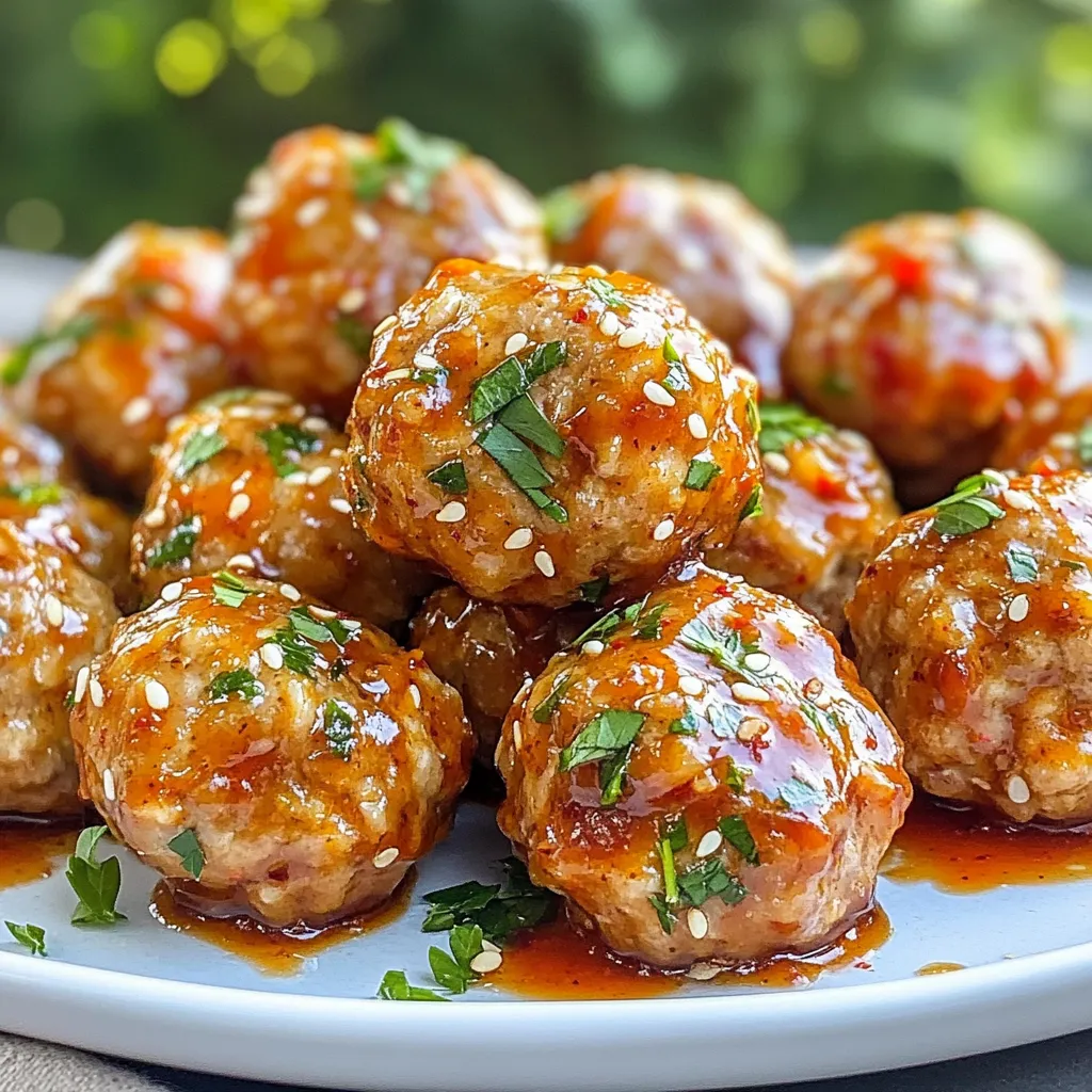 For these tasty meatballs, you will need: - 1 pound ground turkey - 1/2 cup breadcrumbs - 1/4 cup grated Parmesan cheese - 1/4 cup chopped green onions - 2 cloves garlic, minced - 1 egg, beaten - 1/4 cup sweet chili sauce - 2 tablespoons soy sauce - 1 tablespoon fresh ginger, grated - Salt and pepper to taste - Cooking spray or olive oil for baking These ingredients blend to create a rich flavor. Ground turkey keeps the meatballs lean, while breadcrumbs add texture. The Parmesan cheese gives a salty bite. Sweet chili sauce brings a wonderful sweetness and zing. Not all ingredients need to be set in stone. If you don’t have ground turkey, try ground chicken or even beef. For a gluten-free option, use gluten-free breadcrumbs. If you lack fresh ginger, ground ginger works too. You can switch sweet chili sauce with teriyaki or BBQ sauce for a different taste. Green onions can be replaced with chives or shallots. These swaps keep the dish fun and fresh. To make these meatballs, you will need: - A large mixing bowl - A baking sheet - Parchment paper or cooking spray - Measuring cups and spoons - A mixing spoon or your hands for blending This simple setup makes cooking easy and enjoyable. Having the right tools helps you mix well and shape the meatballs. It’s all about keeping the process smooth. {{ingredient_image_1}} Start by preheating your oven to 400°F (200°C). Line a baking sheet with parchment paper. Lightly spray it with cooking spray or brush it with olive oil. In a large bowl, mix together the ground turkey, breadcrumbs, and grated Parmesan cheese. Add chopped green onions and minced garlic to the bowl. Then, crack the egg into the mixture. Pour in the sweet chili sauce and soy sauce. Grate fresh ginger and add it too. Season with salt and pepper. Mix all the ingredients well, but don't over-mix. This keeps the meatballs tender. Now, shape the mixture into golf ball-sized meatballs, about 1 inch in diameter. Place them on the prepared baking sheet. Bake the meatballs in the oven for 20 to 25 minutes. Check for an internal temperature of 165°F (74°C) to ensure they are fully cooked. For extra flavor, brush the meatballs with more sweet chili sauce during the last 5 minutes of baking. This gives them a nice shine and kick. To make sure your meatballs are perfect, use a meat thermometer. This helps you find the right temperature. Avoid pressing too hard on the meatballs while mixing. This keeps them light and airy. If you want crispier meatballs, bake them for a few extra minutes. Let the meatballs cool for a few minutes before serving. This helps them hold their shape. Enjoy your delicious sweet chili turkey meatballs! To keep your meatballs moist, use ground turkey with some fat. The fat adds juicy flavor. Mixing in breadcrumbs helps keep moisture in. Don't over-mix the meatball mixture. Just blend well enough so everything combines. This step helps keep them tender. You can boost the flavor of your sweet chili sauce. Add a splash of lime juice for tang. A bit of honey can make it sweeter. If you like heat, mix in some chili flakes. Fresh chopped herbs, like cilantro or basil, add freshness. Taste as you go to find your perfect mix. Presentation makes a big difference! Serve the meatballs on a nice platter. Drizzle extra sweet chili sauce over them for shine. Sprinkle sesame seeds and chopped parsley on top for color. Use toothpicks for easy serving at parties. This makes them fun and easy to eat! Pro Tips Keep It Tender: Avoid over-mixing the meatball mixture. This helps to maintain a tender texture when baked. Flavor Boost: For a richer flavor, consider adding a splash of lime juice or zest to the mixture for a citrusy kick. Freezing Tips: You can freeze uncooked meatballs. Just arrange them on a baking sheet, freeze until solid, then transfer to a bag for later use. Perfect Pairing: Serve these meatballs with a side of rice or noodles to complement the sweet chili flavors and soak up the sauce. {{image_2}} You can make Sweet Chili Turkey Meatballs even healthier. Start by choosing lean turkey. Lean turkey has less fat but still tastes great. You can also use whole wheat breadcrumbs for extra fiber. If you want, add chopped spinach or grated carrots to the mix. These veggies boost nutrition and add color. Sweet chili sauce is tasty, but other sauces work well too. Teriyaki sauce gives a sweet and salty flavor. BBQ sauce adds a smoky twist. If you like a bit of heat, try sriracha mixed with honey. Each sauce changes the taste, so feel free to experiment. Think about how you want to serve your meatballs. For a party, serve them with toothpicks. Drizzle extra sauce on top and sprinkle sesame seeds for a fun look. If it’s a weeknight dinner, serve the meatballs over rice or noodles. They taste great with steamed veggies on the side. You can even add them to a sub for a yummy sandwich. To store leftover meatballs, let them cool first. Place them in an airtight container. Keep the meatballs in the fridge for up to four days. If you have more, you can freeze them for later use. To reheat, preheat your oven to 350°F (175°C). Place the meatballs on a baking sheet. Heat them for about 10-15 minutes. You can also use the microwave. Heat them for 1-2 minutes, checking often. If you want to freeze meatballs, shape them first. Lay them on a baking sheet in a single layer. Freeze them for 1-2 hours until firm. Then, transfer them to a freezer bag. They will last for up to three months. When ready to eat, thaw them overnight in the fridge before reheating. Yes, you can make Sweet Chili Turkey Meatballs ahead of time. Shape the meatballs and place them on a baking sheet. Cover them and store in the fridge for up to a day. This way, you save time on busy days. You can also freeze them for up to three months. Just remember to thaw them in the fridge before cooking. You can serve Sweet Chili Turkey Meatballs with many sides. Here are some tasty options: - Steamed rice or jasmine rice - Stir-fried vegetables - Noodles tossed in soy sauce - A fresh salad with sesame dressing - Crispy spring rolls These sides balance the sweet and spicy flavors of the meatballs. To check if the meatballs are done, use a meat thermometer. Insert it into the center of a meatball. It should read 165°F (74°C). You can also cut one open. The inside should be no longer pink, and the juices should run clear. This ensures they are safe to eat and perfectly cooked. In this post, we explored how to make sweet chili turkey meatballs. We covered key ingredients, simple steps for preparation, and helpful tips for keeping your meatballs moist. You learned about variations and how to store any leftovers. With these insights, you can create delicious meatballs for any meal. Remember, cooking is fun, so feel free to mix and match. Enjoy your cooking journey!
