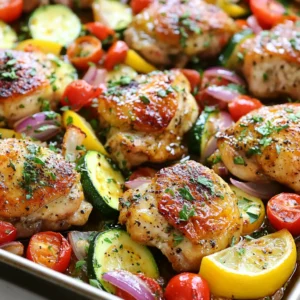 - 4 boneless, skinless chicken thighs - 2 tablespoons olive oil - 1 red bell pepper, sliced - 1 zucchini, sliced - 1 red onion, cut into wedges - 1 cup cherry tomatoes In this dish, chicken thighs provide a juicy base. Olive oil adds richness and helps cook the veggies. The fresh vegetables bring color and crunch, making the meal bright and lively. - 2 teaspoons dried oregano - 1 teaspoon garlic powder - 1 teaspoon paprika - Salt and pepper to taste The marinade is key to flavor. Dried oregano adds a classic Mediterranean taste. Garlic powder gives a punch of flavor, while paprika adds a touch of warmth. Salt and pepper balance everything out. - Fresh parsley - 1 lemon, juiced Fresh parsley brightens the dish and adds a pop of color. Lemon juice gives a zesty finish. Together, they enhance the flavors and make the meal look stunning. {{ingredient_image_1}} To start, we need to marinate the chicken thighs. This adds great flavor. In a large bowl, mix 2 tablespoons of olive oil, 2 teaspoons of dried oregano, 1 teaspoon of garlic powder, 1 teaspoon of paprika, salt, and pepper. This will be your marinade. Next, add the chicken thighs to the bowl. Make sure each thigh gets a good coat of the mix. This step is key for tasty chicken. If you have time, let the chicken sit in the marinade for at least 15 minutes. For even more flavor, marinate it in the fridge for up to 2 hours. While the chicken soaks up the flavor, let's prepare the veggies. In another bowl, combine 1 sliced red bell pepper, 1 sliced zucchini, 1 cut red onion, and 1 cup of cherry tomatoes. These colorful veggies will add crunch and taste to your dish. Drizzle a little olive oil over them. Then, sprinkle in a pinch of salt and pepper. Toss everything together well. This helps the veggies soak up the seasoning. Now it's time to assemble everything on the sheet pan. Take a large baking sheet and line it with parchment paper. Place the marinated chicken thighs in the center. Spread the seasoned veggies around the chicken. Squeeze the juice of one lemon over the whole pan. This adds a nice zest to the meal. Preheat your oven to 425°F (220°C) and slide the baking sheet inside. Roast for about 25-30 minutes. Check that the chicken reaches an internal temperature of 165°F (75°C) and the veggies are tender. When it's done, take the pan out and let it rest for a few minutes. This keeps the chicken juicy. Finally, garnish your dish with freshly chopped parsley before serving. Enjoy your delicious, healthy meal! To achieve tender chicken, use chicken thighs. They stay juicy and cook well. Marinate them for at least 15 minutes. This helps the flavors soak in. If you have time, let them marinate for up to 2 hours. This gives the chicken even more taste. For perfectly roasted vegetables, cut them into even sizes. This helps them cook at the same rate. Mix them with olive oil, salt, and pepper. Don't overcrowd the pan; give them space to roast. This way, they get crispy and tasty. Short marination times work if you’re in a hurry. Just 15 minutes gives good flavor. For deeper flavor, longer marination is better. Try to marinate for 1-2 hours if you can. You can also add lemon juice to the marinade. The acid helps tenderize the chicken. To enhance flavors, think about adding fresh herbs. You could use thyme or rosemary. They add a nice touch. You can also sprinkle some feta cheese on top before serving. It adds creaminess and a salty bite. For side dishes, consider serving with rice or couscous. Both soak up the juices well. A light salad with greens and lemon dressing pairs nicely too. You can enhance the meal with sauces. Tzatziki sauce is a great choice. It adds a coolness that complements the warm chicken. Hummus is another tasty option. It brings a rich, creamy flavor to the plate. Pro Tips Marinate for Maximum Flavor: Allow the chicken to marinate for at least 2 hours in the refrigerator to enhance the flavors. If you're short on time, even 15 minutes will help, but longer is better! Choose Seasonal Veggies: Feel free to substitute or add in seasonal vegetables like asparagus or eggplant for variety and freshness. This dish is versatile! Watch the Oven Time: Oven temperatures can vary, so keep an eye on the chicken and veggies as they cook. Use a meat thermometer to ensure the chicken is cooked to 165°F (75°C). Serve with a Side: Pair this dish with a side of couscous, quinoa, or a refreshing Greek salad to complete your Mediterranean meal! {{image_2}} You can swap out chicken for other proteins. Try using boneless pork chops or firm tofu. Both options will soak up the tasty marinade. You can also use shrimp if you want a quick-cooking option. When it comes to veggies, be creative! Zucchini can be replaced with yellow squash or asparagus. You can use broccoli or carrots for a nice crunch. Just keep the cooking time in mind, as some veggies cook faster than others. To change the flavor, consider using different spices. You can add cumin for a warm taste or sumac for a tangy twist. A dash of red pepper flakes will give your dish a nice kick. Adding cheese is another great way to enhance flavor. Feta cheese is a classic choice, but goat cheese works well too. If you love olives, toss in some Kalamata olives for a briny touch. If you want to try grilling, marinate the chicken as you would for baking. Grill it over medium heat for about 6-7 minutes per side. This gives you a nice char and smoky flavor. For a stovetop option, heat a large skillet over medium-high heat. Sear the chicken for about 5 minutes on each side, then add the veggies. Cover and cook for about 10 minutes until everything is done. If you own an Instant Pot, you can cook this dish quickly. Use the sauté function first to brown the chicken. Then add the veggies and a splash of broth. Cook on high pressure for 8 minutes for a fast, tasty meal. To keep your Sheet Pan Greek Chicken and Veggies fresh, store leftovers in airtight containers. Refrigerate them within two hours of cooking. This helps prevent bacteria growth. Leftovers can last up to four days in the fridge. For longer storage, freeze them. Place the chicken and veggies in freezer-safe bags or containers. Remove as much air as possible. This will help prevent freezer burn. You can freeze them for up to three months. When you're ready to enjoy your leftovers, reheating them correctly is key. The best way is to use the oven. Preheat the oven to 350°F (175°C). Place the chicken and veggies on a baking sheet. Heat for about 15-20 minutes. This method keeps the texture nice and helps the flavors come back. You can also use the microwave for a quicker option. Heat in short bursts of 1-2 minutes, stirring in between. This helps keep the chicken moist. Your Sheet Pan Greek Chicken and Veggies will stay fresh in the fridge for about four days. In the freezer, they can last up to three months. Check for signs of spoilage before eating. If the chicken smells off or the veggies look mushy or discolored, it’s best to toss them. Always trust your senses to ensure food safety. Marinating the chicken is key for great flavor. You should marinate it for at least 15 minutes. This gives the chicken time to soak up the marinade. For even better results, marinate for up to 2 hours in the fridge. The longer you marinate, the more the flavors blend into the chicken. Yes, you can use skin-on chicken thighs if you prefer. They will add more fat and flavor. However, cooking time may need to increase a bit. Skin-on thighs may take longer to reach the right temperature. Make sure to check their doneness with a meat thermometer. You can use many vegetables in this dish. The recipe calls for red bell pepper, zucchini, red onion, and cherry tomatoes. These veggies roast well and taste great with the chicken. Feel free to swap in seasonal veggies like asparagus or broccoli. Get creative with your favorites for a fun twist! This blog post covered a delicious chicken thigh recipe using fresh veggies and spices. You learned about the key ingredients, marinating tips, and cooking methods. I shared ways to enhance flavors and offered storage tips for leftovers. Try the suggested variations to keep the dish exciting. Remember, cooking should be fun and creative! Making adjustments lets you enjoy new flavors each time you cook. Get ready to share your tasty results with family and friends. Happy cooking!