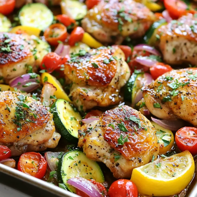 - 4 boneless, skinless chicken thighs - 2 tablespoons olive oil - 1 red bell pepper, sliced - 1 zucchini, sliced - 1 red onion, cut into wedges - 1 cup cherry tomatoes In this dish, chicken thighs provide a juicy base. Olive oil adds richness and helps cook the veggies. The fresh vegetables bring color and crunch, making the meal bright and lively. - 2 teaspoons dried oregano - 1 teaspoon garlic powder - 1 teaspoon paprika - Salt and pepper to taste The marinade is key to flavor. Dried oregano adds a classic Mediterranean taste. Garlic powder gives a punch of flavor, while paprika adds a touch of warmth. Salt and pepper balance everything out. - Fresh parsley - 1 lemon, juiced Fresh parsley brightens the dish and adds a pop of color. Lemon juice gives a zesty finish. Together, they enhance the flavors and make the meal look stunning. {{ingredient_image_1}} To start, we need to marinate the chicken thighs. This adds great flavor. In a large bowl, mix 2 tablespoons of olive oil, 2 teaspoons of dried oregano, 1 teaspoon of garlic powder, 1 teaspoon of paprika, salt, and pepper. This will be your marinade. Next, add the chicken thighs to the bowl. Make sure each thigh gets a good coat of the mix. This step is key for tasty chicken. If you have time, let the chicken sit in the marinade for at least 15 minutes. For even more flavor, marinate it in the fridge for up to 2 hours. While the chicken soaks up the flavor, let's prepare the veggies. In another bowl, combine 1 sliced red bell pepper, 1 sliced zucchini, 1 cut red onion, and 1 cup of cherry tomatoes. These colorful veggies will add crunch and taste to your dish. Drizzle a little olive oil over them. Then, sprinkle in a pinch of salt and pepper. Toss everything together well. This helps the veggies soak up the seasoning. Now it's time to assemble everything on the sheet pan. Take a large baking sheet and line it with parchment paper. Place the marinated chicken thighs in the center. Spread the seasoned veggies around the chicken. Squeeze the juice of one lemon over the whole pan. This adds a nice zest to the meal. Preheat your oven to 425°F (220°C) and slide the baking sheet inside. Roast for about 25-30 minutes. Check that the chicken reaches an internal temperature of 165°F (75°C) and the veggies are tender. When it's done, take the pan out and let it rest for a few minutes. This keeps the chicken juicy. Finally, garnish your dish with freshly chopped parsley before serving. Enjoy your delicious, healthy meal! To achieve tender chicken, use chicken thighs. They stay juicy and cook well. Marinate them for at least 15 minutes. This helps the flavors soak in. If you have time, let them marinate for up to 2 hours. This gives the chicken even more taste. For perfectly roasted vegetables, cut them into even sizes. This helps them cook at the same rate. Mix them with olive oil, salt, and pepper. Don't overcrowd the pan; give them space to roast. This way, they get crispy and tasty. Short marination times work if you’re in a hurry. Just 15 minutes gives good flavor. For deeper flavor, longer marination is better. Try to marinate for 1-2 hours if you can. You can also add lemon juice to the marinade. The acid helps tenderize the chicken. To enhance flavors, think about adding fresh herbs. You could use thyme or rosemary. They add a nice touch. You can also sprinkle some feta cheese on top before serving. It adds creaminess and a salty bite. For side dishes, consider serving with rice or couscous. Both soak up the juices well. A light salad with greens and lemon dressing pairs nicely too. You can enhance the meal with sauces. Tzatziki sauce is a great choice. It adds a coolness that complements the warm chicken. Hummus is another tasty option. It brings a rich, creamy flavor to the plate. Pro Tips Marinate for Maximum Flavor: Allow the chicken to marinate for at least 2 hours in the refrigerator to enhance the flavors. If you're short on time, even 15 minutes will help, but longer is better! Choose Seasonal Veggies: Feel free to substitute or add in seasonal vegetables like asparagus or eggplant for variety and freshness. This dish is versatile! Watch the Oven Time: Oven temperatures can vary, so keep an eye on the chicken and veggies as they cook. Use a meat thermometer to ensure the chicken is cooked to 165°F (75°C). Serve with a Side: Pair this dish with a side of couscous, quinoa, or a refreshing Greek salad to complete your Mediterranean meal! {{image_2}} You can swap out chicken for other proteins. Try using boneless pork chops or firm tofu. Both options will soak up the tasty marinade. You can also use shrimp if you want a quick-cooking option. When it comes to veggies, be creative! Zucchini can be replaced with yellow squash or asparagus. You can use broccoli or carrots for a nice crunch. Just keep the cooking time in mind, as some veggies cook faster than others. To change the flavor, consider using different spices. You can add cumin for a warm taste or sumac for a tangy twist. A dash of red pepper flakes will give your dish a nice kick. Adding cheese is another great way to enhance flavor. Feta cheese is a classic choice, but goat cheese works well too. If you love olives, toss in some Kalamata olives for a briny touch. If you want to try grilling, marinate the chicken as you would for baking. Grill it over medium heat for about 6-7 minutes per side. This gives you a nice char and smoky flavor. For a stovetop option, heat a large skillet over medium-high heat. Sear the chicken for about 5 minutes on each side, then add the veggies. Cover and cook for about 10 minutes until everything is done. If you own an Instant Pot, you can cook this dish quickly. Use the sauté function first to brown the chicken. Then add the veggies and a splash of broth. Cook on high pressure for 8 minutes for a fast, tasty meal. To keep your Sheet Pan Greek Chicken and Veggies fresh, store leftovers in airtight containers. Refrigerate them within two hours of cooking. This helps prevent bacteria growth. Leftovers can last up to four days in the fridge. For longer storage, freeze them. Place the chicken and veggies in freezer-safe bags or containers. Remove as much air as possible. This will help prevent freezer burn. You can freeze them for up to three months. When you're ready to enjoy your leftovers, reheating them correctly is key. The best way is to use the oven. Preheat the oven to 350°F (175°C). Place the chicken and veggies on a baking sheet. Heat for about 15-20 minutes. This method keeps the texture nice and helps the flavors come back. You can also use the microwave for a quicker option. Heat in short bursts of 1-2 minutes, stirring in between. This helps keep the chicken moist. Your Sheet Pan Greek Chicken and Veggies will stay fresh in the fridge for about four days. In the freezer, they can last up to three months. Check for signs of spoilage before eating. If the chicken smells off or the veggies look mushy or discolored, it’s best to toss them. Always trust your senses to ensure food safety. Marinating the chicken is key for great flavor. You should marinate it for at least 15 minutes. This gives the chicken time to soak up the marinade. For even better results, marinate for up to 2 hours in the fridge. The longer you marinate, the more the flavors blend into the chicken. Yes, you can use skin-on chicken thighs if you prefer. They will add more fat and flavor. However, cooking time may need to increase a bit. Skin-on thighs may take longer to reach the right temperature. Make sure to check their doneness with a meat thermometer. You can use many vegetables in this dish. The recipe calls for red bell pepper, zucchini, red onion, and cherry tomatoes. These veggies roast well and taste great with the chicken. Feel free to swap in seasonal veggies like asparagus or broccoli. Get creative with your favorites for a fun twist! This blog post covered a delicious chicken thigh recipe using fresh veggies and spices. You learned about the key ingredients, marinating tips, and cooking methods. I shared ways to enhance flavors and offered storage tips for leftovers. Try the suggested variations to keep the dish exciting. Remember, cooking should be fun and creative! Making adjustments lets you enjoy new flavors each time you cook. Get ready to share your tasty results with family and friends. Happy cooking!