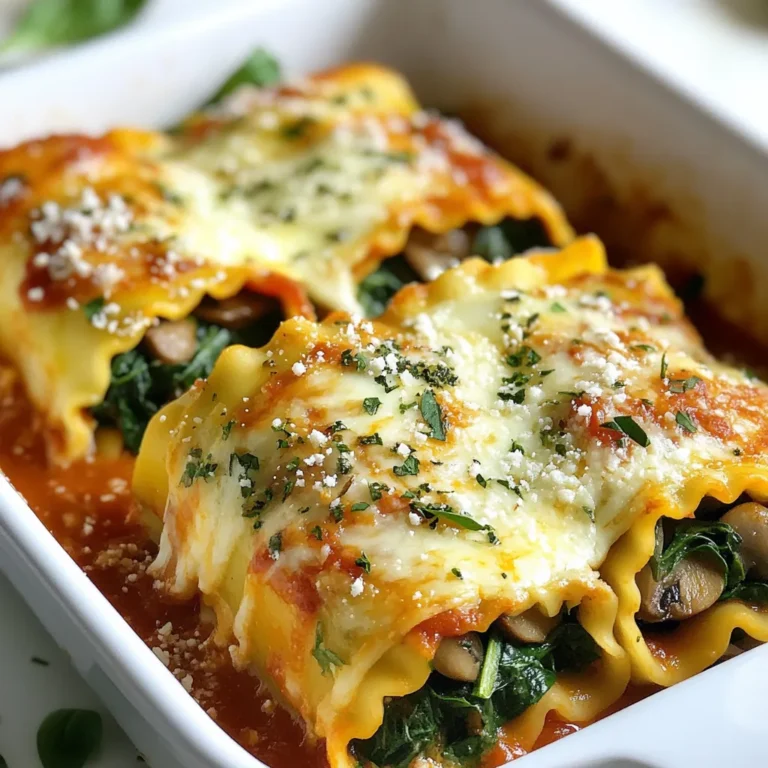 To make mushroom spinach lasagna rolls, you need the right ingredients. Here’s what you will need: - 8 lasagna noodles - 1 tablespoon olive oil - 1 small onion, finely chopped - 2 cloves garlic, minced - 8 ounces mushrooms, sliced (cremini or button) - 4 cups fresh spinach - 1/2 teaspoon dried oregano - 1/2 teaspoon salt - 1/4 teaspoon black pepper - 1 cup ricotta cheese - 1 cup shredded mozzarella cheese, divided - 1/2 cup grated Parmesan cheese - 1 cup marinara sauce These ingredients come together to create a dish that is both simple and full of flavor. The lasagna noodles serve as a cozy blanket for the filling. The olive oil helps to sauté the onion and garlic, adding depth to the dish. Fresh mushrooms and spinach bring earthy notes and vibrant color. The cheeses layer in creaminess, while the marinara ties everything together with its rich taste. When you gather these ingredients, think about how each one works together. The balance of flavors and textures makes this dish truly special. Enjoy the process of preparing your mushroom spinach lasagna rolls! {{ingredient_image_1}} First, cook 8 lasagna noodles in boiling water. Follow the package instructions. You want them al dente, which means they should be firm but not hard. This keeps them from falling apart later. After cooking, drain the noodles. Place them on a clean kitchen towel to avoid sticking. You can also drizzle a bit of olive oil on them for extra help. In a large skillet, heat 1 tablespoon of olive oil over medium heat. Add 1 small, finely chopped onion. Cook it until it turns translucent, which takes about 3-4 minutes. Next, add 2 cloves of minced garlic and 8 ounces of sliced mushrooms. Cook for around 5-7 minutes. The mushrooms should soften and release their liquid. Then, toss in 4 cups of fresh spinach, 1/2 teaspoon of dried oregano, 1/2 teaspoon of salt, and 1/4 teaspoon of black pepper. Cook everything until the spinach wilts, which should take about 2-3 minutes. Remove the skillet from heat and let it cool for a few minutes. In a mixing bowl, combine your cooked mushroom-spinach mix with 1 cup of ricotta cheese. Add 1/2 cup of shredded mozzarella cheese and 1/4 cup of grated Parmesan cheese. Mix well to ensure everything blends together. This filling should be creamy but not too runny. If it feels too loose, add more cheese to firm it up. Take one lasagna noodle and place about 2-3 tablespoons of the filling at one end. Roll it tightly from that end. Place the roll seam-side down in a baking dish. Repeat this step for the rest of the noodles and filling. Once all rolls are in the dish, pour 1 cup of marinara sauce over them. Make sure each roll is well covered. Sprinkle the rest of the mozzarella and Parmesan cheese on top. Cover the baking dish with foil. Bake in a preheated oven at 375°F (190°C) for 25 minutes. After that, remove the foil and bake for another 15 minutes. This helps the cheese get bubbly and golden. Let the lasagna rolls cool for about 5 minutes before serving. Serve them hot and enjoy! To make your Mushroom Spinach Lasagna Rolls shine, add fresh herbs. Basil and thyme work well. They bring a fresh taste that lifts every bite. You can also try spices like red pepper flakes for a kick. For cheese, consider using goat cheese or cottage cheese. These options add creaminess and change the flavor profile. Mixing cheeses can create a unique taste that surprises your guests. One common mistake is overcooking the noodles. If they are too soft, they may tear when you roll them. Cook them just until al dente. This keeps them firm and easy to handle. Another mistake is not using enough sauce. A good amount of marinara sauce helps keep the rolls moist. It also adds flavor. Make sure you cover each roll well with sauce before baking. Garnishing is key for a beautiful dish. Fresh basil or parsley adds color and freshness. A sprinkle of grated Parmesan on top gives a nice touch too. For side dishes, serve your lasagna rolls with mixed greens. A simple salad with a light vinaigrette pairs well. This adds a nice crunch and balances the meal. Pro Tips Use Fresh Ingredients: Opt for fresh mushrooms and spinach for maximum flavor and nutritional benefits. Prevent Sticking: Lay cooked lasagna noodles flat on a clean kitchen towel to prevent them from sticking together. Cheese Varieties: Experiment with different cheeses like goat cheese or feta for a unique twist on the filling. Make Ahead: Assemble the rolls a day in advance and store in the fridge. Just add a few extra minutes to the baking time! {{image_2}} - Gluten-free options: You can use gluten-free lasagna noodles. Many brands offer great taste and texture. Cook them as directed. This makes the dish friendly for those with gluten allergies. - Vegan alternatives: Swap ricotta with tofu or cashew cheese. Use nutritional yeast to add a cheesy flavor. Replace mozzarella and Parmesan with plant-based cheeses. This way, everyone can enjoy the meal. - Adding different vegetables: Try zucchini, bell peppers, or kale for extra nutrients. Just sauté them like the mushrooms. They add color and taste to your dish. - Using various sauces: Besides marinara, you can use pesto or Alfredo sauce. Each sauce brings its own unique taste. Mix and match to find your favorite. - Pairing with salads: A fresh green salad works well. Toss in some cherry tomatoes and cucumber for a crunchy bite. The salad adds lightness to the rich rolls. - Suggested wine pairings: A light red wine like Pinot Noir complements the dish. If you prefer white, try Chardonnay. Both enhance the flavors of the lasagna rolls. To keep your Mushroom Spinach Lasagna Rolls fresh, use these tips: - Refrigeration tips: Store leftovers in an airtight container. They will stay good in the fridge for up to four days. Make sure to cool them down before sealing the container. - Freezing guidelines: For longer storage, freeze the lasagna rolls. Wrap each roll in plastic wrap, then place them in a freezer-safe bag. They can last for up to three months in the freezer. When you’re ready to eat, thaw them overnight in the fridge. To enjoy your lasagna rolls again, follow these steps: - Best methods for reheating: The oven works best for reheating. Preheat it to 350°F (175°C). Place the rolls in a baking dish and cover with foil. Heat for about 20-25 minutes until warmed through. - Ensuring the dish remains moist: Add a splash of marinara sauce over the rolls before reheating. This helps keep the dish moist and tasty. If you use a microwave, cover the dish with a damp paper towel to keep the moisture in. Heat in short bursts to avoid drying out the rolls. Yes, you can prepare these rolls ahead of time. Make the filling and assemble the rolls. Cover them tightly with plastic wrap or foil. Store them in the fridge for up to 24 hours before baking. If you want to freeze them, put them in a safe container. They can last up to three months in the freezer. When ready to cook, thaw them overnight in the fridge. Then, bake as instructed. If you need a ricotta substitute, try cottage cheese. Blend it for a smoother texture. You can also use cream cheese or goat cheese for a richer taste. Mashed tofu works well for a vegan option. Add a splash of lemon juice for more flavor. Each option will give a different taste, so choose what you like best. These lasagna rolls can last in the fridge for 3 to 5 days. Make sure to store them in an airtight container. Always check for any signs of spoilage before eating. If they smell off or look strange, it's best to toss them. Enjoy them warm for a comforting meal. Yes, you can use no-boil lasagna noodles! Layer them with sauce and filling just like regular noodles. No-boil noodles absorb moisture from the sauce while baking. You may need to add extra sauce to ensure they cook well. Follow the package instructions for baking time, as it may vary. This saves time and effort, making your cooking easier. In this post, we covered the key ingredients for delicious Mushroom Spinach Lasagna Rolls, along with step-by-step instructions. I shared tips to enhance flavor and avoid common mistakes, as well as variations to suit dietary needs. Remember, storing and reheating correctly keeps your dish fresh. With these guidelines, you can create a tasty meal everyone will love. Cooking should be fun and rewarding, so try these ideas and enjoy your time in the kitchen. Your lasagna journey starts now!
