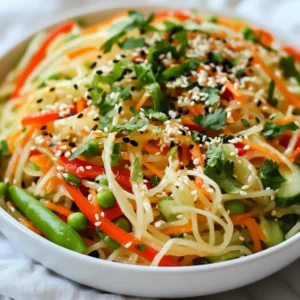 - 8 oz rice noodles - 2 cups shredded carrots - 1 cup cucumber, julienned - 1 red bell pepper, thinly sliced - 1 cup snap peas, trimmed and halved - 4 green onions, chopped - 1/4 cup fresh cilantro, chopped - 1/4 cup sesame seeds, toasted For the Dressing: - 3 tablespoons soy sauce - 2 tablespoons sesame oil - 1 tablespoon fresh ginger, grated - 2 tablespoons lime juice - 1 tablespoon honey or maple syrup - Salt and pepper to taste To get the right amounts, measure your rice noodles carefully. Use a kitchen scale for precision. If you don’t have a scale, one bundle of noodles is about 8 oz. For vegetables, use a measuring cup. Pack them lightly for the best results. Fresh ingredients make a big difference. Wash and chop your veggies right before mixing. This keeps them crisp and bright. Sesame oil adds a rich, nutty flavor. It enhances the taste of the salad. Always use pure sesame oil, not a blend. Fresh ginger is key in the dressing. It gives a warm, spicy kick. Grate it finely to release the most flavor. Both ingredients transform this dish into something special. They make every bite exciting and full of zest. {{ingredient_image_1}} To cook rice noodles, start by boiling water in a large pot. Once the water boils, add 8 oz of rice noodles. Stir them gently and let them cook for about 4-5 minutes, or until soft. Check the package for exact times, as they may vary. After cooking, drain the noodles in a colander. Rinse them under cold water to stop the cooking process. This step keeps the noodles from becoming mushy. Once cooled, set them aside for later use. In a large mixing bowl, combine the following fresh vegetables: - 2 cups shredded carrots - 1 cup julienned cucumber - 1 red bell pepper, thinly sliced - 1 cup snap peas, trimmed and halved - 4 chopped green onions - 1/4 cup chopped fresh cilantro Toss the vegetables gently. This way, you ensure even distribution. Mixing well helps each bite be full of flavor. In a separate bowl, whisk together these dressing ingredients: - 3 tablespoons soy sauce - 2 tablespoons sesame oil - 1 tablespoon grated fresh ginger - 2 tablespoons lime juice - 1 tablespoon honey or maple syrup Mix these ingredients until they are well combined. Taste the dressing and adjust the seasoning with salt and pepper if needed. This step is key to balancing the flavors in your salad. Once the dressing is ready, pour it over the vegetable mixture. Toss everything together until the vegetables are well-coated. Then, add the cooled rice noodles and gently mix until they blend nicely. This ensures you get the best flavors in every bite. Finally, top the salad with toasted sesame seeds for extra crunch. Let the salad sit for about 10 minutes. This allows the flavors to meld and enhances the taste. Enjoy your vibrant and tasty sesame ginger noodle salad! To make this salad shine, use fresh ingredients. Fresh carrots and crisp cucumbers add great taste. Check for bright colors and firm textures when you shop. Balancing the dressing is key. The soy sauce brings saltiness, while lime juice adds brightness. Ginger gives a warm kick, and honey or maple syrup adds sweet notes. Taste as you mix. Adjust these flavors to your liking for the best result. Serving this salad well makes it more tempting. Use a big bowl or a large plate. Layer the noodles before adding veggies. For garnishing, sprinkle toasted sesame seeds on top. Fresh cilantro adds a pop of green. Color matters too! The bright orange carrots, green snap peas, and red bell pepper create a feast for the eyes. Texture also plays a role. The crunch of veggies contrasts nicely with soft noodles. This makes each bite more enjoyable. Watch out when cooking rice noodles. Overcooked noodles turn mushy and lose their texture. Follow the package instructions closely to avoid this. Do not skip the marinating time. Letting the salad sit for about 10 minutes allows the flavors to blend well. This extra time makes a big difference in taste. Pro Tips Cook Noodles Al Dente: For the best texture, cook the rice noodles just until al dente. They will continue to soften as they absorb the dressing. Fresh Herbs Matter: Use fresh cilantro and green onions for the most vibrant flavor. Dried herbs won’t give the same freshness. Customize Your Veggies: Feel free to add or substitute with your favorite vegetables, such as bell peppers or zucchini, to suit your taste. Let It Rest: Allow the salad to sit for at least 10 minutes before serving. This resting time helps the flavors meld beautifully. {{image_2}} You can customize this salad with different proteins and veggies. For protein, try adding: - Grilled chicken - Crispy tofu - Juicy shrimp These choices will make your salad heartier. For vegetables, feel free to swap in: - Bell peppers (any color) - Broccoli florets - Shredded cabbage - Radishes These add color and crunch. You can also change the dressing ingredients for a new taste. If you like some heat, add chili flakes or sriracha to the dressing. This spice brings a kick to the salad. You can also try different oils for unique flavors: - Avocado oil for a smooth taste - Olive oil for a richer flavor Experimenting with oils can change the whole dish! For gluten-free options, use rice noodles or quinoa. These choices keep the dish light and tasty. If you want a vegan option, swap honey with maple syrup. This keeps it sweet without using animal products. Enjoy these variations to make the salad fit your needs! To keep your Sesame Ginger Noodle Salad fresh, store leftovers correctly. Use airtight containers to prevent air and moisture from getting in. Glass or BPA-free plastic containers work best. Make sure to let the salad cool before sealing it. This step avoids condensation, which can make the salad soggy. You can enjoy this salad cold or warm. If you prefer it warm, heat it gently in a pan. Use low heat and stir often to avoid burning. If you want to keep it cold, simply take it straight from the fridge. This salad tastes great chilled and retains its crunch. Your salad will last about three days in the fridge. Keep an eye on it. If the vegetables look mushy or smell off, it’s time to toss it. Fresh ingredients keep the flavors bright, so always check for spoilage. Enjoy your meal prep and savor those tasty leftovers! If you don’t have rice noodles, you can use other types of noodles. Good options include soba noodles, udon noodles, or even spaghetti. Each type will change the taste and texture a bit, but they will still work well. To spice up the salad, add some chili flakes or a splash of sriracha to the dressing. You can also mix in sliced jalapeños or serrano peppers. This will give your salad a nice kick without overpowering the other flavors. Yes, you can prepare this salad in advance! Just keep the dressing separate until you are ready to serve. This keeps the veggies fresh and crisp. - Tips for pre-preparing ingredients without compromising freshness: - Chop the veggies and store them in an airtight container. - Cook the noodles and let them cool before storing. - Mix the dressing and keep it refrigerated. - Combine everything just before serving for the best taste. This salad blog gave you key steps to create a fresh dish. You learned about main ingredients like rice noodles, vegetables, and the all-important dressing. I shared cooking tips to ensure perfect noodles and even mixing of flavors. Remember, freshness matters for the best taste. You can also explore variations to suit your taste and dietary needs. With proper storage, your salad stays tasty longer. Enjoy crafting your delicious salad masterpiece, and don’t hesitate to get creative!