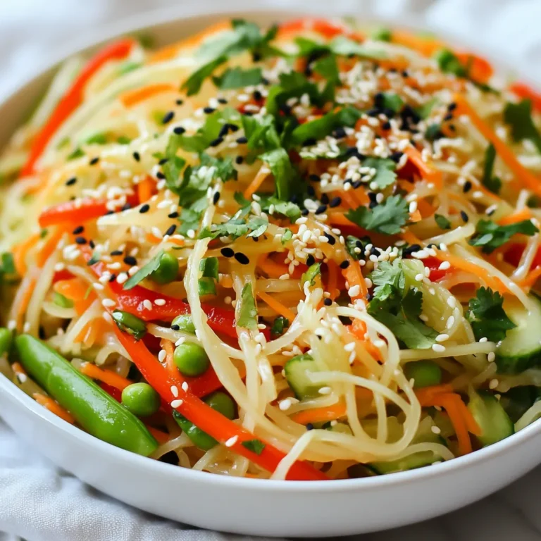 - 8 oz rice noodles - 2 cups shredded carrots - 1 cup cucumber, julienned - 1 red bell pepper, thinly sliced - 1 cup snap peas, trimmed and halved - 4 green onions, chopped - 1/4 cup fresh cilantro, chopped - 1/4 cup sesame seeds, toasted For the Dressing: - 3 tablespoons soy sauce - 2 tablespoons sesame oil - 1 tablespoon fresh ginger, grated - 2 tablespoons lime juice - 1 tablespoon honey or maple syrup - Salt and pepper to taste To get the right amounts, measure your rice noodles carefully. Use a kitchen scale for precision. If you don’t have a scale, one bundle of noodles is about 8 oz. For vegetables, use a measuring cup. Pack them lightly for the best results. Fresh ingredients make a big difference. Wash and chop your veggies right before mixing. This keeps them crisp and bright. Sesame oil adds a rich, nutty flavor. It enhances the taste of the salad. Always use pure sesame oil, not a blend. Fresh ginger is key in the dressing. It gives a warm, spicy kick. Grate it finely to release the most flavor. Both ingredients transform this dish into something special. They make every bite exciting and full of zest. {{ingredient_image_1}} To cook rice noodles, start by boiling water in a large pot. Once the water boils, add 8 oz of rice noodles. Stir them gently and let them cook for about 4-5 minutes, or until soft. Check the package for exact times, as they may vary. After cooking, drain the noodles in a colander. Rinse them under cold water to stop the cooking process. This step keeps the noodles from becoming mushy. Once cooled, set them aside for later use. In a large mixing bowl, combine the following fresh vegetables: - 2 cups shredded carrots - 1 cup julienned cucumber - 1 red bell pepper, thinly sliced - 1 cup snap peas, trimmed and halved - 4 chopped green onions - 1/4 cup chopped fresh cilantro Toss the vegetables gently. This way, you ensure even distribution. Mixing well helps each bite be full of flavor. In a separate bowl, whisk together these dressing ingredients: - 3 tablespoons soy sauce - 2 tablespoons sesame oil - 1 tablespoon grated fresh ginger - 2 tablespoons lime juice - 1 tablespoon honey or maple syrup Mix these ingredients until they are well combined. Taste the dressing and adjust the seasoning with salt and pepper if needed. This step is key to balancing the flavors in your salad. Once the dressing is ready, pour it over the vegetable mixture. Toss everything together until the vegetables are well-coated. Then, add the cooled rice noodles and gently mix until they blend nicely. This ensures you get the best flavors in every bite. Finally, top the salad with toasted sesame seeds for extra crunch. Let the salad sit for about 10 minutes. This allows the flavors to meld and enhances the taste. Enjoy your vibrant and tasty sesame ginger noodle salad! To make this salad shine, use fresh ingredients. Fresh carrots and crisp cucumbers add great taste. Check for bright colors and firm textures when you shop. Balancing the dressing is key. The soy sauce brings saltiness, while lime juice adds brightness. Ginger gives a warm kick, and honey or maple syrup adds sweet notes. Taste as you mix. Adjust these flavors to your liking for the best result. Serving this salad well makes it more tempting. Use a big bowl or a large plate. Layer the noodles before adding veggies. For garnishing, sprinkle toasted sesame seeds on top. Fresh cilantro adds a pop of green. Color matters too! The bright orange carrots, green snap peas, and red bell pepper create a feast for the eyes. Texture also plays a role. The crunch of veggies contrasts nicely with soft noodles. This makes each bite more enjoyable. Watch out when cooking rice noodles. Overcooked noodles turn mushy and lose their texture. Follow the package instructions closely to avoid this. Do not skip the marinating time. Letting the salad sit for about 10 minutes allows the flavors to blend well. This extra time makes a big difference in taste. Pro Tips Cook Noodles Al Dente: For the best texture, cook the rice noodles just until al dente. They will continue to soften as they absorb the dressing. Fresh Herbs Matter: Use fresh cilantro and green onions for the most vibrant flavor. Dried herbs won’t give the same freshness. Customize Your Veggies: Feel free to add or substitute with your favorite vegetables, such as bell peppers or zucchini, to suit your taste. Let It Rest: Allow the salad to sit for at least 10 minutes before serving. This resting time helps the flavors meld beautifully. {{image_2}} You can customize this salad with different proteins and veggies. For protein, try adding: - Grilled chicken - Crispy tofu - Juicy shrimp These choices will make your salad heartier. For vegetables, feel free to swap in: - Bell peppers (any color) - Broccoli florets - Shredded cabbage - Radishes These add color and crunch. You can also change the dressing ingredients for a new taste. If you like some heat, add chili flakes or sriracha to the dressing. This spice brings a kick to the salad. You can also try different oils for unique flavors: - Avocado oil for a smooth taste - Olive oil for a richer flavor Experimenting with oils can change the whole dish! For gluten-free options, use rice noodles or quinoa. These choices keep the dish light and tasty. If you want a vegan option, swap honey with maple syrup. This keeps it sweet without using animal products. Enjoy these variations to make the salad fit your needs! To keep your Sesame Ginger Noodle Salad fresh, store leftovers correctly. Use airtight containers to prevent air and moisture from getting in. Glass or BPA-free plastic containers work best. Make sure to let the salad cool before sealing it. This step avoids condensation, which can make the salad soggy. You can enjoy this salad cold or warm. If you prefer it warm, heat it gently in a pan. Use low heat and stir often to avoid burning. If you want to keep it cold, simply take it straight from the fridge. This salad tastes great chilled and retains its crunch. Your salad will last about three days in the fridge. Keep an eye on it. If the vegetables look mushy or smell off, it’s time to toss it. Fresh ingredients keep the flavors bright, so always check for spoilage. Enjoy your meal prep and savor those tasty leftovers! If you don’t have rice noodles, you can use other types of noodles. Good options include soba noodles, udon noodles, or even spaghetti. Each type will change the taste and texture a bit, but they will still work well. To spice up the salad, add some chili flakes or a splash of sriracha to the dressing. You can also mix in sliced jalapeños or serrano peppers. This will give your salad a nice kick without overpowering the other flavors. Yes, you can prepare this salad in advance! Just keep the dressing separate until you are ready to serve. This keeps the veggies fresh and crisp. - Tips for pre-preparing ingredients without compromising freshness: - Chop the veggies and store them in an airtight container. - Cook the noodles and let them cool before storing. - Mix the dressing and keep it refrigerated. - Combine everything just before serving for the best taste. This salad blog gave you key steps to create a fresh dish. You learned about main ingredients like rice noodles, vegetables, and the all-important dressing. I shared cooking tips to ensure perfect noodles and even mixing of flavors. Remember, freshness matters for the best taste. You can also explore variations to suit your taste and dietary needs. With proper storage, your salad stays tasty longer. Enjoy crafting your delicious salad masterpiece, and don’t hesitate to get creative!