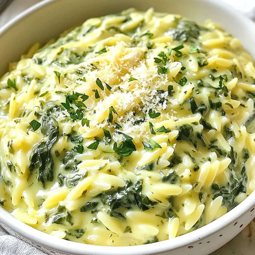 To make Creamy Parmesan Spinach Orzo, you need: - 1 cup orzo pasta - 2 cups fresh spinach, chopped - 1/2 cup heavy cream - 1 cup vegetable broth - 1/2 cup grated Parmesan cheese - 1 small onion, finely chopped - 2 cloves garlic, minced - 2 tablespoons olive oil - Salt and pepper to taste - A pinch of nutmeg (optional) - Fresh parsley, for garnish Using fresh ingredients makes a big difference. Fresh spinach has a bright flavor and vibrant color. Choose a high-quality vegetable broth. Look for low-sodium options to control the salt. If using frozen spinach, thaw and drain it well. This helps avoid excess water in your dish. For a vegetarian dish, use vegetable broth as I listed. To make it dairy-free, swap heavy cream for coconut cream or a cashew cream. Nutritional yeast can replace Parmesan cheese for a cheesy flavor without dairy. Adjust salt and seasonings to taste to ensure it still delights your palate. {{ingredient_image_1}} First, grab a medium pot and fill it with water. Bring the water to a boil. Once boiling, add 1 cup of orzo pasta. Cook it according to the package instructions until it is al dente. This usually takes about 8-10 minutes. After cooking, drain the orzo and set it aside. In the same pot, pour in 2 tablespoons of olive oil. Heat it over medium heat. When the oil is warm, add 1 small onion, finely chopped. Sauté the onion until it looks translucent, which should take around 3-4 minutes. Now, add 2 cloves of minced garlic. Cook for another minute until the garlic smells great. Next, pour in 1 cup of vegetable broth. Bring this mixture to a simmer. Turn the heat down to low and add 1/2 cup of heavy cream. Stir well to mix everything. Gradually add in 1/2 cup of grated Parmesan cheese. Stir constantly until it melts and creates a creamy sauce. Now, it’s time to add flavor. Toss in the chopped spinach and the cooked orzo into the pot. Mix everything together until the spinach wilts. Season with salt, pepper, and a pinch of nutmeg if you like. Let the dish heat through for a couple of minutes. Then, take it off the heat and get ready to serve! To get that smooth, creamy texture in your orzo, start with the right timing. After you add the heavy cream, keep the heat at low. This prevents the cream from boiling and breaking. Stir in the grated Parmesan slowly. It melts best when added gradually. If you find your sauce too thick, add a splash of vegetable broth. This keeps it creamy but not runny. You can boost the flavor of your dish with a few simple changes. Fresh herbs like basil or thyme add great taste. You can also try a pinch of red pepper flakes for some heat. If you want a nutty flavor, add a bit more nutmeg. Always taste as you go. This way, you can adjust to your liking. Cooking orzo well is key. Follow the package instructions for time. Usually, it takes 8 to 10 minutes. You want it al dente, not mushy. When sautéing your onion, wait until it turns translucent before adding garlic. Garlic cooks quickly, so add it last for the best flavor. This timing helps each ingredient shine in your dish. Pro Tips Use Fresh Ingredients: Fresh spinach and high-quality Parmesan will significantly enhance the flavor of your dish. Adjust the Creaminess: For a lighter version, you can substitute half of the heavy cream with more vegetable broth. Enhance with Herbs: Consider adding fresh herbs like basil or thyme for an aromatic twist. Perfect the Orzo: Be careful not to overcook the orzo; it should be al dente for the best texture in the final dish. {{image_2}} You can boost this dish by adding protein. Chicken is a great choice. Simply cook diced chicken in the pot before adding the onion. Shrimp works well too! Sauté shrimp until they turn pink, then add the garlic. For a plant-based option, use tofu. Press and cube the tofu, then fry it until golden before mixing it in. This adds texture and makes your meal more filling. Feel free to mix in other veggies! Broccoli adds a nice crunch. Steam or blanch it first, then toss it in with the spinach. Kale is another tasty option. Chop it finely and add it to the pot with the broth. Both veggies bring great color and nutrition to your orzo, making each bite exciting. To save time, turn this dish into a one-pot meal. After cooking the orzo, add all your ingredients to one pot. Start with the broth and cream, then stir in the orzo, spinach, and any added proteins or veggies. This method means less cleanup and ensures all flavors blend together. It's quick and easy, perfect for busy nights! To keep your Creamy Parmesan Spinach Orzo fresh, store it in an airtight container. Make sure it is cool before you seal it. This will help avoid condensation. Leftovers can last for up to three days in the fridge. Always label the container with the date. This way, you will know when to use it. When you’re ready to enjoy the leftovers, reheat them gently. Use a pan over low heat for best results. Stir in a splash of vegetable broth or milk. This will keep the orzo creamy and prevent it from drying out. Heat until warm, but don’t let it boil. You can also use the microwave. Cover the dish and heat in short bursts. Stir in between to ensure even heating. If you want to freeze your orzo, place it in a freezer-safe container. Leave some space at the top, as it may expand. It will stay good for up to two months. To thaw, place the container in the fridge overnight. You can also use the microwave to defrost it if you’re in a hurry. Once thawed, reheat it as mentioned above. This will help keep the creamy texture intact. Yes, you can. Prepare the dish and let it cool. Store it in an airtight container. It will stay good in the fridge for up to three days. When you are ready to serve, just reheat it on the stove or in the microwave. You might need to add a splash of broth or cream to bring back the creamy texture. Not at all. While heavy cream creates a rich flavor, you can use alternatives. For a lighter dish, try half-and-half or even whole milk. For a dairy-free option, use coconut milk or cashew cream. Each option will give a different taste, but they will still work well in this recipe. You have lots of choices! A simple green salad pairs nicely. Grilled chicken or shrimp adds protein to the meal. If you want a vegetarian option, serve it with roasted vegetables. Crusty bread is also great for soaking up the creamy sauce. Enjoy mixing and matching to find your perfect meal! In this blog post, we explored the recipe for Creamy Parmesan Spinach Orzo. I shared ingredients, cooking steps, and tips for great flavor. You learned about dietary substitutions, variations, and how to store leftovers. Remember, making this dish can be simple and fun. Use fresh ingredients for the best taste. Don’t hesitate to try different veggies or proteins. Enjoy the creamy comfort of this meal while saving time in the kitchen!