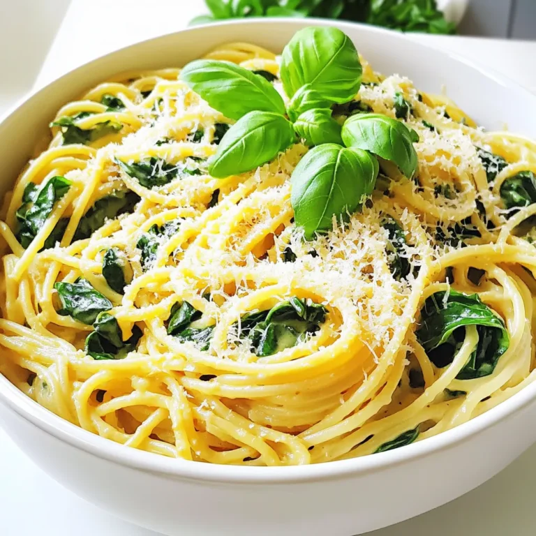 To make this creamy garlic spinach pasta, you need: - 12 oz (340g) spaghetti or fettuccine - 4 cups fresh spinach, roughly chopped - 1 cup heavy cream - 1 cup vegetable broth These ingredients create a rich and satisfying dish. The pasta serves as the base, while the spinach adds color and nutrients. Heavy cream gives it that luscious texture we all love. Vegetable broth enhances the flavor without overpowering the other ingredients. Next, we need a few key flavors to make it sing: - 4 cloves garlic, minced - 1 small onion, finely chopped - 1 tablespoon olive oil - 1 teaspoon Italian seasoning The garlic and onion add depth to the dish. Olive oil helps sauté these aromatics, bringing out their flavors. Italian seasoning adds a warm, herbal note that ties everything together. To elevate your dish, consider these add-ons: - ¼ cup grated Parmesan cheese (optional) - Fresh basil leaves for garnish Parmesan adds a salty, nutty flavor that complements the cream. Fresh basil gives a pop of color and a fragrant finish. These touches make your pasta look and taste gourmet. 1. Start by heating olive oil in a large pot on medium heat. 2. Add the finely chopped onion. Sauté it for about 3-4 minutes. It should turn translucent and soft. 3. Next, add the minced garlic and Italian seasoning. Cook for 1-2 minutes until you smell that lovely garlic aroma. 1. Pour in the vegetable broth and heavy cream. Stir well to mix everything. 2. Now, add the uncooked spaghetti or fettuccine. Make sure the pasta is submerged in the liquid. 3. Bring the mixture to a boil. Then, reduce the heat to medium-low. 4. Cover the pot and let it simmer for 10-12 minutes. Stir it occasionally. The pasta should be al dente and absorb most of the liquid. 1. Once the pasta is cooked, stir in the chopped spinach. 2. If you like, add grated Parmesan cheese for extra creaminess. Mix well until the spinach wilts and the dish is creamy. 3. Finally, season with salt and pepper to taste. Remove from heat and let it sit for a minute. This helps it thicken just right before you serve. To cook perfect pasta, watch it closely. Start checking it about two minutes before the time on the package. This ensures it stays al dente. Different types of pasta may need different times. For example, thin spaghetti cooks faster than thick fettuccine. Adjust your cooking time based on what you use. To make this dish even tastier, consider adding more seasoning. Try adding crushed red pepper for a bit of heat. You can also mix in fresh herbs like thyme or parsley. For protein, chicken or shrimp work well. Cook them separately and add them in at the end. A beautiful dish starts with how you serve it. Use big bowls for a nice look. Garnish with fresh basil leaves and a sprinkle of Parmesan cheese. This adds color and makes it pop. When plating, twirl the pasta into a nest shape for a fun effect. Enjoy not just the taste, but also the sight of your meal! {{image_2}} You can easily change some ingredients in this creamy garlic spinach pasta. If you need gluten-free options, try using gluten-free pasta. Many brands offer great choices that work well in this dish. For dairy-free lovers, coconut cream or cashew cream can replace heavy cream. Nutritional yeast is a tasty swap for Parmesan cheese, adding a cheesy flavor with no dairy. Adding more veggies can make this dish even better. Consider bell peppers, mushrooms, or zucchini. These add color, flavor, and extra nutrients. If you want more protein, toss in some tofu cubes or canned beans. Chickpeas or white beans work well and add a nice texture. To switch up the flavor, try different herbs and spices. Fresh parsley or thyme can add a lovely taste. You can also use red pepper flakes for a little heat. Lemon juice or zest brings a bright touch to the dish. Just a squeeze can lift the flavors and make it even more delicious. To keep your creamy garlic spinach pasta fresh, follow these steps: - Allow the pasta to cool to room temperature. - Transfer it to an airtight container. - Store in the fridge for best results. This method helps prevent moisture loss and keeps flavors intact. When you're ready to enjoy your leftovers, here’s how to reheat: - Use a microwave for quick reheating. Stir halfway through. - For stovetop, add a splash of broth or cream in a pan over low heat. - Stir gently and heat until warm. This keeps the sauce creamy and prevents it from drying out. Your creamy garlic spinach pasta will last about 3 to 4 days in the fridge. Watch for these signs of spoilage: - A sour smell. - Changes in color or texture. - Mold growth. When in doubt, throw it out! Enjoy your delicious dish safely. Yes, you can use frozen spinach. It saves time and is easy to find. Frozen spinach is often blanched, so it has a softer texture. This change can make your dish creamier, but it may also lose some flavor. To use frozen spinach, just thaw it first and squeeze out extra water. Then, add it when you mix in the fresh spinach. You may want to adjust the seasoning to boost flavor. Yes, this recipe is already vegetarian since it uses vegetable broth and no meat. You can keep it that way by using plant-based cream or cheese. For cream, almond milk or coconut cream are great options. You can also add more veggies like mushrooms or bell peppers for extra taste. Just make sure to check labels on any packaged items to confirm they're meat-free. If you like heat, there are easy ways to spice it up. You can add red pepper flakes for a quick kick. Start with a pinch and add more if you want. Another option is to stir in diced jalapeños or serrano peppers. These will add fresh heat. For a different flavor, try a dash of hot sauce or a spoonful of sriracha. Just be careful to balance the heat with cream and cheese. Creamy garlic spinach pasta brings comfort and flavor. I shared key ingredients, from spaghetti to fresh spinach. You learned how to cook it step by step, from sautéing to seasoning. Plus, I offered tips for perfect pasta and tasty variations. Whether you prefer it vegetarian or with add-ons, this dish suits all. Store it well and enjoy leftovers later. Dive into this recipe to bring joy to your table. Happy cooking!