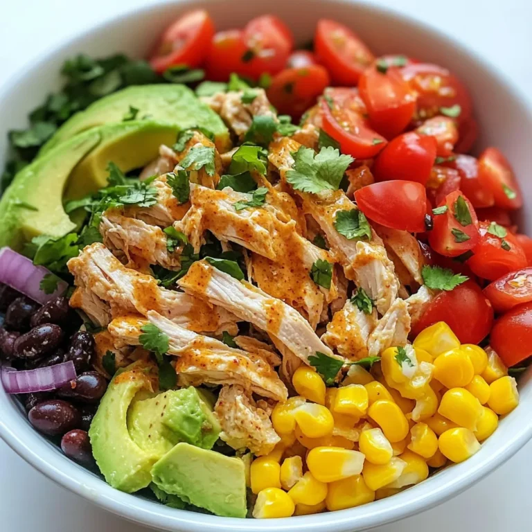 - 2 cups cooked chicken breast, shredded - 1 cup black beans, rinsed and drained - 1 cup corn, fresh or frozen - 1 red bell pepper, diced - 1 avocado, diced - 1/2 cup cherry tomatoes, halved - 1/4 cup red onion, finely chopped - 1/2 cup Greek yogurt - 1/4 cup mayonnaise - 2 tablespoons chipotle in adobo sauce, minced - 1 tablespoon lime juice - Salt and pepper to taste - Fresh cilantro, chopped (for garnish) For corn, you can use fresh or frozen. Fresh corn has a sweet crunch. Frozen corn is handy and saves time. Both work great in this salad. If you want to change the protein, rotisserie chicken is a great choice. You can also use grilled shrimp or tofu for a vegetarian option. These swaps keep the salad tasty and fun. {{ingredient_image_1}} 1. Start by mixing the salad ingredients. In a large bowl, add the shredded chicken, black beans, corn, diced red bell pepper, avocado, halved cherry tomatoes, and chopped red onion. Stir them well to mix all the colors and flavors. This step gives you a great base for the salad. 2. Next, prepare the chipotle ranch dressing. In a small bowl, whisk together Greek yogurt, mayonnaise, minced chipotle in adobo sauce, lime juice, salt, and pepper. Mix until it’s smooth and creamy. Taste it to see if you need more salt or lime. 3. Now, combine the salad and dressing. Pour the chipotle ranch dressing over the salad mixture. Gently toss everything together so the dressing coats all the ingredients well. This is where the magic happens, making each bite flavorful. Chilling the salad is important. Cover the bowl with plastic wrap and put it in the fridge for at least 30 minutes. This lets the flavors blend together, making the salad taste even better. For serving, give the salad one last gentle toss. You can garnish it with freshly chopped cilantro for a fresh touch. This adds color and a nice flavor. Serve the salad in a big bowl or on individual plates to impress your guests. Enjoy the tasty and fresh meal! - Choosing the best chicken: I love using cooked chicken breast for this salad. It's easy to shred and adds great flavor. You can also use rotisserie chicken. It saves time and tastes amazing. - Adjusting spice levels with chipotle: Chipotle in adobo sauce brings a smoky kick. Start with 1 tablespoon in your dressing. If you want more heat, add another teaspoon. This way, you control the spice level. - Making it a meal prep option: This salad is perfect for meal prep. Make a big batch and store it in the fridge. It tastes even better after a day! Fill containers for easy grab-and-go lunches. - Essential tools for convenient preparation: You need a sharp knife to chop vegetables. A large mixing bowl helps combine everything well. A whisk is great for mixing the dressing smoothly. - Tips for chopping vegetables effectively: Cut your veggies into even pieces. This helps them mix well and look nice. Use a cutting board to keep your space clean. These tips will help you make a fresh, tasty salad every time! Enjoy the process and have fun in the kitchen! Pro Tips Use Rotisserie Chicken: For a quicker prep time, use store-bought rotisserie chicken instead of cooking your own. Customize the Heat: Adjust the amount of chipotle in adobo sauce to control the spiciness of the salad to your preference. Fresh Ingredients: Use fresh corn and ripe avocados for the best flavor and texture in your salad. Chill for Flavor: Allowing the salad to chill for longer than 30 minutes can enhance the flavors even more. {{image_2}} You can easily adapt this salad for different diets. For a vegetarian option, swap the chicken with grilled tofu or chickpeas. Both add protein and texture. If you want a vegan version, use the same substitutes and replace Greek yogurt and mayonnaise with vegan alternatives. You can find plenty of plant-based yogurt and mayo in stores. For those needing gluten-free options, this salad is already a winner. All the ingredients are naturally gluten-free. Just make sure to check the labels on your dressings and canned goods. To boost the flavor, consider adding more ingredients. Try adding sliced jalapeños for heat or sweet corn for a pop of sweetness. You can toss in diced mango or pineapple for a fruity twist. These additions can make every bite exciting. If you want to change up the ranch dressing, you can use a different base. Swap Greek yogurt for sour cream for a tangy flavor. You could also mix in some avocado for a creamier texture. For a lighter dressing, try using plain yogurt and a splash of buttermilk. To keep your salad fresh, place it in an airtight container. This helps lock in flavor and moisture. Store it in the fridge right after serving. The salad will stay fresh for about 3 days. After that, the veggies may lose their crunch. Always check for any off smells or changes in texture before eating leftovers. Can you freeze chipotle ranch chicken salad? I do not recommend freezing this salad. The veggies and avocado do not freeze well. They will become mushy when thawed. Instead, enjoy it fresh for the best taste. If you still want to freeze it, separate the dressing and salad. Freeze only the chicken and beans. Thaw in the fridge overnight when you are ready to eat. Mix in fresh veggies and dressing right before serving. This keeps the salad tasty and crunchy. You can serve this salad with tortilla chips for crunch. A side of fresh fruit adds sweetness. You might also pair it with warm bread or a light soup. Yes, you can make the dressing a day or two ahead. Just store it in the fridge in a sealed jar. This helps the flavors blend and taste even better. Yes, this salad is healthy. It has lean protein from chicken and fiber from black beans. The veggies add vitamins and minerals, making it a balanced meal. To make it spicier, add more chipotle in adobo sauce. You can also add sliced jalapeños. For a milder taste, reduce the chipotle or use less dressing. Adjust to your taste! In this post, we explored the key ingredients and steps for making a great chipotle ranch chicken salad. You learned how to mix fresh and frozen options, along with alternative proteins. We shared tips for preparation, such as choosing the right chicken and adjusting spice levels. Remember, you can adapt this salad to fit different diets and preferences. Proper storage keeps your leftovers fresh, and you can freeze it too. Now that you have all these ideas, it's time to create your perfect salad! Enjoy every tasty bite.