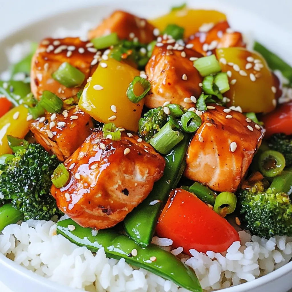 - 2 salmon fillets, skinless and cubed - 2 cups mixed bell peppers, sliced - 1 cup snow peas, trimmed - 1 cup broccoli florets - 3 cloves garlic, minced - 1 tablespoon ginger, minced - 1/4 cup teriyaki sauce, alcohol-free - 1 tablespoon sesame oil - 2 tablespoons vegetable oil - 1 tablespoon sesame seeds, for garnish - Cooked rice or quinoa - Salt and pepper to taste Gathering these ingredients makes this stir-fry easy and quick. Salmon is great for its rich flavor and health benefits. The colorful bell peppers add a nice crunch and sweetness. Snow peas bring a fresh taste, while the broccoli gives a hearty bite. Garlic and ginger add a zesty kick. Teriyaki sauce is sweet and salty, tying all the flavors together. Sesame oil adds depth and a nutty aroma. Sesame seeds are a lovely touch on top. You can choose to serve this dish with warm rice or quinoa. A pinch of salt and pepper can enhance the taste. Feel free to mix things up based on what you have at home! {{ingredient_image_1}} - Preparing the salmon: First, pat the salmon cubes dry with a paper towel. This helps them sear better. Season the salmon lightly with salt and pepper to enhance the flavor. - Mixing the teriyaki sauce: In a small bowl, mix the teriyaki sauce, sesame oil, minced garlic, and ginger. This sauce adds a sweet and savory kick to the dish. - Heating the pan: In a large non-stick skillet or wok, heat 1 tablespoon of vegetable oil over medium-high heat. A hot pan helps to cook the salmon evenly. - Cooking the salmon: Add the cubed salmon to the skillet. Cook for about 4-5 minutes until golden brown and cooked through. Remove the salmon from the skillet and set aside to keep it tender. - Stir-frying the vegetables: In the same skillet, add the remaining tablespoon of oil. Toss in the sliced bell peppers, snow peas, and broccoli. Stir-fry for about 3-4 minutes until the vegetables turn vibrant and tender-crisp. - Adding the teriyaki sauce: Return the cooked salmon to the skillet with the vegetables. Pour the teriyaki sauce mixture over everything. Gently toss to combine and coat all the ingredients. - Finishing touches and serving: Cook for another 1-2 minutes until everything is heated through and well mixed. Sprinkle with chopped green onions and sesame seeds for a lovely garnish. Serve the stir-fry over warm rice or quinoa for a complete meal. - Cook salmon until it is golden and flakes easily with a fork. - Use bell peppers, snow peas, and broccoli for a colorful mix. These veggies add crunch and flavor. - Add fresh herbs like cilantro for a burst of freshness. - Adjust the teriyaki sauce to make it sweeter or saltier to fit your taste. - Serve the stir-fry over rice or quinoa for a nice base. - Garnish with sesame seeds and green onions for extra color and texture. Pro Tips Fresh Salmon is Key: Always opt for fresh, high-quality salmon to enhance the flavor and texture of your stir-fry. Prep Ingredients Ahead: Cut and prepare all vegetables and ingredients before starting to cook. This ensures a smooth cooking process and prevents overcooking. Customize Your Veggies: Feel free to swap in your favorite vegetables like carrots, zucchini, or bok choy for a personalized touch. Serve Immediately: For the best experience, serve the stir-fry immediately after cooking to maintain the vibrant colors and crisp texture of the vegetables. {{image_2}} You can easily change the protein in this dish. Instead of salmon, use chicken or tofu. Both options work great and taste delicious. For the veggies, mix it up! Try snap peas, carrots, or bok choy. These swaps keep the dish fresh and exciting. If you want to make your own teriyaki sauce, it's simple! Combine soy sauce, honey, garlic, and a splash of vinegar. Adjust the sweetness by adding more honey or sugar. For saltiness, add a bit more soy sauce. This makes your dish just how you like it. Need gluten-free options? Use tamari instead of soy sauce. It’s a great substitute that keeps the flavor. For a low-carb version, skip the rice. Serve the stir-fry over cauliflower rice instead. This way, you enjoy the same flavors while keeping it light. - Store any leftovers in an airtight container. - Keep the stir-fry in the fridge for up to three days. - To reheat, use a skillet on medium heat. - Add a splash of water to keep it moist while cooking. - You can freeze the stir-fry for up to two months. - Use a freezer-safe container and seal it tightly. - Thaw the stir-fry in the fridge overnight before cooking. - Reheat in a skillet until hot and cooked through. - Leftovers last in the fridge for about three days. - Look for signs of spoilage such as off smells or discoloration. - If it looks slimy or dry, it’s time to toss it out. Can I use frozen salmon for this recipe? Yes, you can use frozen salmon. Just thaw it first. Place it in the fridge overnight or run it under cold water. Once thawed, pat it dry and season like fresh salmon. What if I don’t have teriyaki sauce? You can make a quick substitute. Mix soy sauce, honey, and a splash of rice vinegar. This will mimic the sweet and salty taste of teriyaki sauce. How do I know if the salmon is cooked through? Check the color of the salmon. It should change from bright pink to a pale, opaque color. Use a fork to flake it; it should break apart easily. The internal temperature should reach 145°F (63°C). Can I make this recipe in advance? Yes, this dish can be made in advance. Cook the salmon and veggies, then cool and store them in the fridge. Reheat before serving for the best taste. Is salmon safe to eat raw? Salmon can be safe raw if it is sushi-grade. Always check for quality and source. If unsure, cook it fully to avoid any risk. What are the health benefits of salmon? Salmon is rich in omega-3 fatty acids, which are good for heart health. It is also high in protein and vitamins. Eating salmon can support brain health and reduce inflammation. This post covered a tasty salmon stir-fry. We looked at key ingredients like salmon and fresh veggies. I shared steps to prepare and cook, along with handy tips for a great meal. You can swap proteins or sauces to fit your taste. Remember, cooking can be fun, and your meals can be healthy. Try these ideas to impress your friends and family. Eating well is rewarding, so enjoy every bite and share your creations!