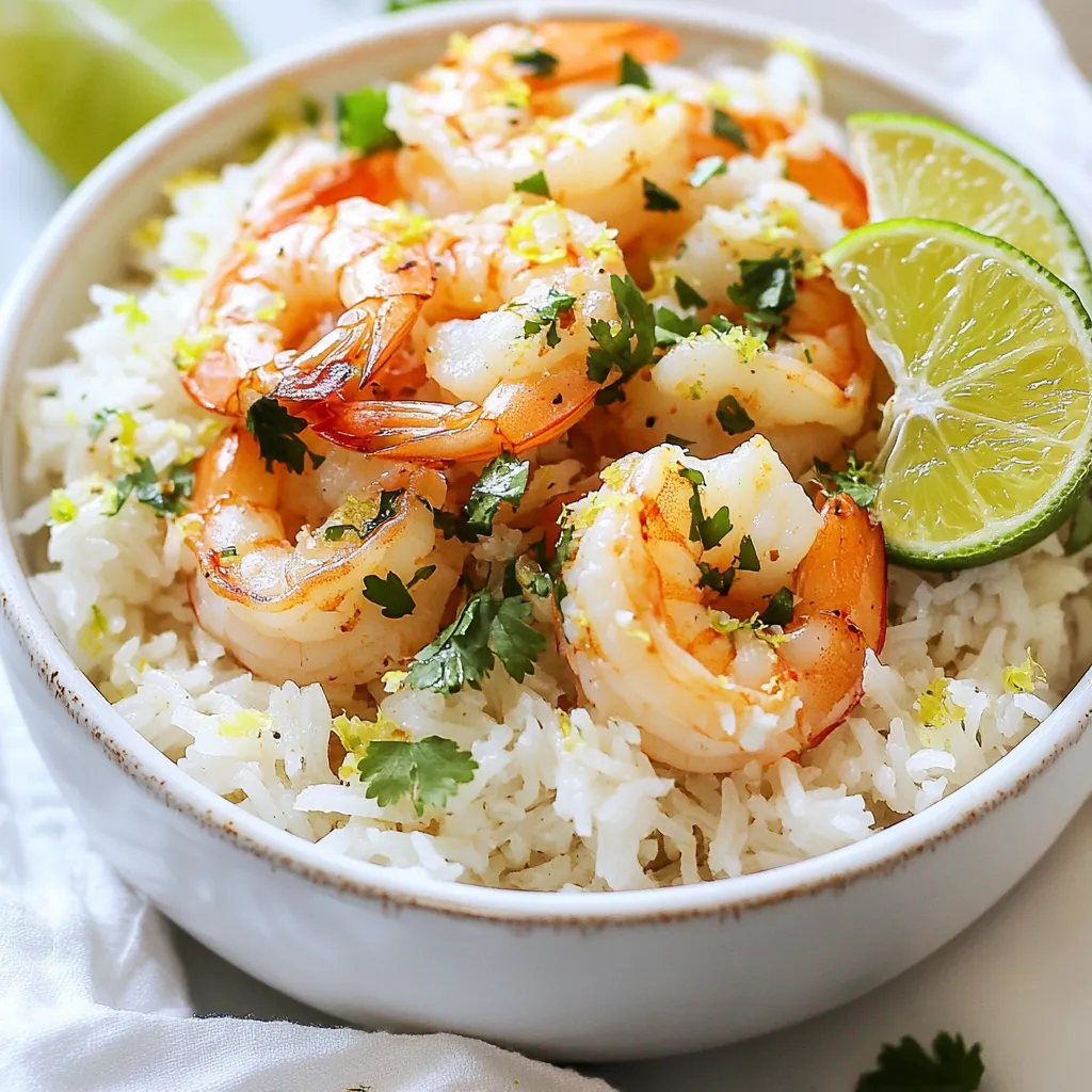 To make Coconut Lime Rice with Shrimp, you need a few simple and fresh ingredients. Each one plays a key role in building flavor and texture. Here’s what you’ll need: - 1 cup jasmine rice: This rice is fragrant and sticky, perfect for absorbing flavors. - 1 can (13.5 oz) coconut milk: This adds creaminess and a tropical taste. - 1 cup vegetable broth: Use this for extra depth in flavor. - 1 tablespoon lime zest: This brings a bright, citrusy note. - 2 tablespoons fresh lime juice: This adds acidity that balances the dish. - 1 pound shrimp, peeled and deveined: Shrimp cooks quickly and adds protein. - 2 tablespoons olive oil: This helps sauté shrimp, adding richness. - 2 garlic cloves, minced: Garlic gives a wonderful aroma and flavor. - 1 teaspoon fresh ginger, grated: Ginger adds warmth and a bit of spice. - Salt and pepper to taste: These enhance all the flavors in the dish. - Fresh cilantro, for garnish: Cilantro adds freshness and color. - Lime wedges, for serving: Extra lime gives a punch of flavor at the table. Gathering these ingredients will set you up for success. Each one brings something special to the dish, making it delicious and satisfying. As you work with these items, remember that fresh ingredients will yield the best results. Enjoy the process of preparing this delightful meal! {{ingredient_image_1}} Rinsing the Rice Start by rinsing the jasmine rice. Use cold water and a fine mesh strainer. This step removes excess starch. Rinse until the water runs clear. It helps the rice stay fluffy and not sticky. Cooking the Rice with Coconut Milk and Broth In a medium saucepan, combine the rinsed rice, coconut milk, and vegetable broth. Add a pinch of salt. Bring this mixture to a boil over medium heat. Once it boils, lower the heat to a simmer. Cover the saucepan and cook for 15-20 minutes. The rice is done when the liquid is absorbed and the rice is tender. Fluffing and Adding Lime Zest and Juice After cooking, remove the rice from heat. Use a fork to fluff the rice gently. Then, stir in the lime zest and lime juice. This adds a bright flavor to your rice. Cover the rice to keep it warm while you cook the shrimp. Sautéing Garlic and Ginger In a large skillet, heat the olive oil over medium-high heat. Add the minced garlic and grated ginger. Sauté for 1-2 minutes until they smell great. This step builds a strong flavor base for your shrimp. Adding and Cooking the Shrimp Now, add the shrimp to the skillet. Season them with salt and pepper. Cook for 2-3 minutes on each side. The shrimp will turn pink and opaque when they are ready. This is how you know they are cooked through. Seasoning the Shrimp Once cooked, remove the skillet from heat. Squeeze fresh lime juice over the shrimp. This adds a zesty kick and enhances the flavor. Now, you are ready to serve your dish! Spoon the coconut lime rice onto plates and top it with the shrimp. Enjoy the fresh taste! Importance of Rinsing Rice Rinsing jasmine rice is key. It removes extra starch, making the rice fluffy. When you skip this step, the rice can become sticky and clump together. Rinse it under cold water until the water runs clear. This simple step makes a big difference. Cooking Time Tips Cook the rice for about 15-20 minutes. Keep the heat low to let it simmer. Once the liquid absorbs, the rice will be tender. After cooking, fluff it with a fork. Stir in lime zest and juice while the rice is warm. This adds fresh flavor and keeps it light. Marinating Tips To boost shrimp flavor, consider marinating them. A quick soak in lime juice, salt, and pepper works well. Even 15 minutes can add depth. You can also add garlic or ginger for extra taste. Just be careful not to marinate for too long, or the shrimp may become tough. Best Cooking Techniques Sauté the shrimp in olive oil over medium-high heat. Cook them for about 2-3 minutes on each side. They should turn pink and opaque when done. This quick method keeps them juicy and tender. Finish by squeezing lime juice over the shrimp for a zesty touch. Pro Tips Rinse the Rice: Always rinse jasmine rice under cold water until the water runs clear to remove excess starch, ensuring a fluffier texture. Perfectly Cooked Shrimp: Cook shrimp just until they turn pink and opaque, about 2-3 minutes per side, to avoid overcooking and ensure tenderness. Flavor Boost: Squeezing fresh lime juice over the shrimp right before serving enhances the dish's brightness and flavor profile. Garnish with Freshness: Don't skip the fresh cilantro as a garnish; it adds a burst of color and a fresh herbal note that complements the dish. {{image_2}} You can swap jasmine rice for brown rice or quinoa. Brown rice adds more fiber and nutrients. Quinoa is a great option if you want a gluten-free dish. Both give a different texture and taste. For proteins, shrimp is great, but you can use chicken or tofu. Chicken works well when cooked correctly, and it absorbs flavors well. Tofu is an excellent choice for a plant-based meal. It soaks up the coconut milk and lime flavors too. Spices can elevate your dish. Adding cumin or coriander gives a warm, earthy taste. Just a pinch can make your rice pop with flavor. Vegetables are another fun addition. Think about adding peas or bell peppers. They add color and crunch. You can sauté them with garlic and ginger for extra flavor. This makes your meal more vibrant and healthy. - Storing Leftover Coconut Lime Rice: Place the rice in an airtight container. It can stay fresh in the fridge for up to four days. Before sealing, let it cool down to room temperature. This helps prevent excess moisture. - Storing Cooked Shrimp: Store the shrimp in a separate container. Make sure it is also airtight. Cooked shrimp can last in the fridge for up to three days. It's best to keep shrimp separate from rice to maintain texture. - Best Methods to Reheat Rice: To reheat rice, add a splash of water or broth in a microwave-safe bowl. Cover it with a lid or damp paper towel. Heat it for about one to two minutes. Stir halfway through to ensure even heating. You can also reheat rice on the stove. Add a little water to a saucepan, then heat on low. Stir occasionally until hot. - Reheating Shrimp without Drying Out: Reheat shrimp in a skillet on low heat. Add a tiny bit of olive oil or butter to keep it moist. Heat for about two minutes, stirring gently. You can also use the microwave. Place shrimp in a bowl with a sprinkle of water. Cover and heat for about 30 seconds. Check and stir, then heat again if needed. Can I use frozen shrimp for this recipe? Yes, you can use frozen shrimp. Just thaw them before cooking. Place the shrimp in cold water for about 15 minutes. This helps them cook evenly. Is there a substitute for coconut milk? If you don’t have coconut milk, you can use almond milk or soy milk. They add a different flavor but still work well. You can also mix heavy cream with some water for a creamy texture. How can I make the dish spicier? To spice it up, add red pepper flakes or diced jalapeños. You can also use a spicy sauce like Sriracha. Just mix it in with the shrimp for a nice kick. What to do if the rice is too sticky? If the rice sticks, add a bit more water and cook it on low heat. Stir gently to break up clumps. Next time, rinse the rice better to remove more starch. How to tell when shrimp are properly cooked? Shrimp are done when they turn pink and opaque. They should curl into a “C” shape. If they are still gray or feel tough, they need more cooking time. This blog post provided you with a simple way to make Coconut Lime Rice and Shrimp. We covered key ingredients, step-by-step instructions, tips for the perfect dish, and tasty variations. Remember, rinsing the rice is key for good texture. You can swap proteins or add spices for more flavor. With proper storage and reheating, you can enjoy your meal later too. Now, gather your ingredients and enjoy cooking this bright, delicious dish!