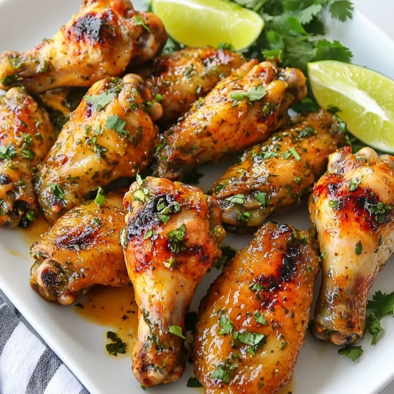 - 2 pounds chicken wings - 1/4 cup fresh lime juice - 1/4 cup olive oil - Zest of 2 limes The chicken wings are the star of this dish. You want fresh wings for the best taste. The lime juice and zest add a bright flavor that makes these wings pop. Olive oil keeps the wings moist while cooking. - 1/2 cup fresh cilantro, chopped - 3 cloves garlic, minced - 1 teaspoon cumin powder - 1 teaspoon smoked paprika - 1 teaspoon salt - 1/2 teaspoon black pepper Fresh cilantro gives a herbaceous kick. Garlic adds depth and flavor. Cumin and smoked paprika bring warmth and complexity. Salt and pepper are essential for seasoning. - 1 jalapeño, finely chopped (optional for heat) - Lime wedges and extra cilantro for garnish If you like spice, add jalapeño. It gives a nice heat to the wings. Lime wedges and extra cilantro make great garnishes. They also enhance the dish's look and freshness. {{ingredient_image_1}} To start, gather your marinade ingredients. In a large bowl, mix together: - 1/4 cup fresh lime juice - 1/4 cup olive oil - Zest of 2 limes - 1/2 cup fresh cilantro, chopped - 3 cloves garlic, minced - 1 teaspoon cumin powder - 1 teaspoon smoked paprika - 1 teaspoon salt - 1/2 teaspoon black pepper - 1 jalapeño, finely chopped (optional) Stir these until well combined. Next, add the chicken wings. Make sure each wing is coated in the marinade. Cover the bowl and place it in the fridge. Let it marinate for at least 1 hour. For more flavor, marinate overnight. When you are ready to cook, preheat your oven to 425°F (220°C). Prepare a baking sheet by lining it with parchment paper or foil for easy cleanup. Take the marinated wings out of the fridge. Lay them in a single layer on the baking sheet. Bake the wings for 25 to 30 minutes. Flip them halfway through to ensure even cooking. Check for doneness; the wings should be crispy and fully cooked. To make your wings extra crispy, switch your oven to broil. Broil the wings for an additional 2 to 3 minutes. Keep a close eye on them to prevent burning. After broiling, let the wings rest for a few minutes. This helps the juices settle. Now, they are ready to serve! For the best flavor, marinate the chicken wings for at least one hour. If you have time, let them sit overnight. This longer time allows the flavors to soak in deeply. Always cover the bowl with plastic wrap or a lid. This keeps the marinade from spilling and prevents the chicken from drying out. To ensure even cooking, lay the wings in a single layer on the baking sheet. This step lets hot air circulate around each wing. Flip them halfway through cooking to brown both sides. If you want an alternative method, try grilling the wings for a smoky taste. You can also fry them for a crispy layer, but this adds more calories. Serve the wings with fresh lime wedges and extra cilantro for a colorful touch. Pair them with a zesty cilantro-lime dipping sauce for added flavor. On the side, consider serving crunchy veggies or tortilla chips. Arrange everything on a large platter for a fun and inviting look. Pro Tips Marinate Longer for Flavor: For the best flavor, marinate the chicken wings overnight. This allows the flavors to penetrate the meat deeply. Use a Meat Thermometer: Ensure your wings are cooked through by using a meat thermometer; the internal temperature should reach 165°F (75°C). Experiment with Spice Levels: Adjust the amount of jalapeño based on your heat preference. You can also add extra spices like cayenne pepper for more kick. Perfectly Crispy Skin: For extra crispy skin, pat the wings dry with paper towels before marinating and baking. {{image_2}} To boost flavors, you can add different spices. Consider using chili powder for heat or oregano for earthiness. You might enjoy a bit of onion powder for depth. You can also swap herbs. Try using parsley or basil instead of cilantro. Each herb gives a unique twist to the wings. Grilling adds a smoky flavor. If you want to try grilling, marinate the wings first. Then, cook them on a medium heat grill until they are crispy. You can also use an Instant Pot or air fryer. In an Instant Pot, cook on high pressure for about 10 minutes. For an air fryer, set it to 400°F and cook for 25 minutes, shaking halfway. To change spice levels, modify the amount of jalapeño. If you want more heat, add two or three jalapeños. If you prefer less heat, skip them altogether. You can also explore different peppers or sauces. Try using chipotle peppers for a smoky kick. Sriracha or hot sauce can add a nice zing too. Adjust based on your taste! To keep your cilantro lime chicken wings fresh, store them in the fridge. Place the wings in an airtight container. This helps keep moisture in and air out. They will stay good for about 3 to 4 days. If you want to store them for longer, freezing is a great option. Place the wings in a freezer-safe bag. Make sure to remove as much air as possible. They can last up to 3 months in the freezer. When it's time to eat your leftovers, the best way to reheat them is in the oven. Preheat your oven to 350°F (175°C). Place the wings on a baking sheet. Bake for about 15 to 20 minutes. This method helps keep them crispy. Avoid using a microwave, as it can make the wings soggy. If you choose to use a skillet, heat it on medium. Add a little oil and cook the wings for about 5 to 7 minutes, flipping often. In the fridge, your wings will last for about 3 to 4 days. If you see any signs of spoilage, like a bad smell or change in color, it’s best to throw them out. Always trust your senses. If they look or smell off, do not eat them. Keeping track of how long they have been stored helps ensure your safety. The best way to prepare chicken wings starts with marinating. You want to mix lime juice, olive oil, lime zest, chopped cilantro, minced garlic, cumin, smoked paprika, salt, black pepper, and jalapeño in a large bowl. This marinade adds a burst of flavor. Coat the chicken wings well and let them sit in the fridge. I recommend marinating for at least one hour. For deeper flavor, leave them overnight. When cooking, preheat your oven to 425°F (220°C). Line a baking sheet with parchment. Place the wings in a single layer. Bake them for 25 to 30 minutes. Flip them halfway for even cooking. For that perfect crispy skin, broil them for an extra 2 to 3 minutes. Yes, you can use frozen chicken wings! However, cooking frozen wings takes a bit longer. You should bake them at the same temperature, but add about 10 to 15 minutes to the cooking time. Make sure they are cooked through to 165°F (74°C). If you have time, thawing them in the fridge overnight is better. This way, they absorb the marinade well. Making cilantro lime dipping sauce is simple and quick! Here’s a basic recipe: - 1/2 cup sour cream - 1/4 cup fresh lime juice - 1/4 cup fresh cilantro, chopped - Salt to taste Mix all the ingredients in a bowl. Stir until smooth. This sauce pairs perfectly with the chicken wings. The cool, creamy taste balances the wings' zesty flavor. Enjoy! In this blog post, we explored how to make perfect chicken wings. We discussed the key ingredients like fresh lime juice and garlic, and how to marinate them for the best flavor. You learned step-by-step instructions for baking and achieving that crispy texture. Remember, you can customize your wings with spices or cooking methods. Don’t forget to store and reheat leftovers correctly. With these tips, you can enjoy tasty wings every time. Now, go ahead and try making them yourself!