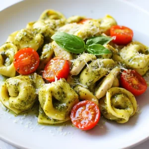 - 12 oz cheese tortellini - 2 chicken breasts, diced - 2 tablespoons olive oil - 2 cloves garlic, minced - 1 cup heavy cream - 1/2 cup basil pesto - 1/2 cup grated Parmesan cheese - 1 cup cherry tomatoes, halved - Fresh basil leaves for garnish In this dish, the cheese tortellini serves as a tasty base. It cooks quickly and absorbs flavors well. The chicken gives protein and heartiness to each bite. Olive oil helps brown the chicken, adding depth to the flavor. Garlic adds a nice kick. It brings warmth to the sauce. Heavy cream makes everything rich and smooth. The basil pesto adds bright, herbaceous notes. It really ties the dish together. Garnishing with grated Parmesan cheese gives a salty touch. Halved cherry tomatoes add freshness and color. Fresh basil leaves on top brighten the plate. These extras make the dish look appealing and add extra flavor. This dish is simple yet satisfying. You can find most of these items in your kitchen. If you love a tasty meal, gather these ingredients and get ready to cook! {{ingredient_image_1}} First, cook the cheese tortellini. Follow the package instructions for best results. Once it is cooked, drain it well. Set it aside while you prepare the rest. Next, heat a large skillet over medium heat. Add two tablespoons of olive oil and let it warm up. Now, add the diced chicken breasts. Sprinkle salt and pepper on top. Cook the chicken for about 5 to 7 minutes. Make sure it turns golden brown and is fully cooked. After that, add two cloves of minced garlic. Sauté for one to two minutes until you smell the garlic. In the same skillet, pour in one cup of heavy cream. Bring it to a gentle simmer. Then, stir in half a cup of basil pesto. Mix it well. Now, add half a cup of grated Parmesan cheese. Keep stirring until the cheese melts and the sauce becomes creamy. Finally, add the cooked tortellini and one cup of halved cherry tomatoes to your skillet. Toss everything together gently. Make sure the tortellini is well coated with the creamy pesto sauce. Cook for another two to three minutes on low heat. Taste it and adjust the salt and pepper if needed. Remove from heat and garnish with fresh basil leaves before serving. Enjoy your delicious meal! To boost the taste of your creamy pesto chicken tortellini, focus on fresh herbs. Fresh basil adds a bright note. You can also try adding a squeeze of lemon juice for a zesty kick. For seasonings, consider red pepper flakes for heat or a pinch of Italian seasoning for depth. Always choose fresh ingredients whenever possible. Fresh garlic and ripe tomatoes will make a big difference. If your sauce is too thick, add a splash of pasta water. This will help loosen it without losing flavor. To thicken the sauce, let it simmer longer. You can also add more grated Parmesan cheese for a creamier texture. If you want a lighter sauce, try using half and half instead of heavy cream. This will keep your dish rich but less heavy. Use a non-stick skillet for even cooking. This helps to avoid sticking, making cleanup easier. A large spoon or spatula is great for mixing your tortellini and sauce. A sharp knife is essential for dicing chicken and mincing garlic. A measuring cup will help you get the right amounts of cream and pesto. Make sure you have a colander for draining the tortellini. These tools will make your cooking process smooth and fun. Pro Tips Perfectly Cooked Chicken: Ensure your chicken is cooked to an internal temperature of 165°F (75°C) for the best texture and safety. Homemade Pesto Option: For an extra burst of flavor, consider making your own basil pesto with fresh ingredients; it can elevate the dish significantly. Adjust the Creaminess: If you prefer a lighter sauce, reduce the amount of heavy cream or substitute with half-and-half for a creamier yet lighter feel. Cherry Tomato Freshness: Add the cherry tomatoes at the end of cooking to keep them juicy and vibrant, enhancing both flavor and presentation. {{image_2}} If you need a gluten-free option, look for gluten-free tortellini. Many brands offer tasty choices that work well in this dish. You can find these in most grocery stores. If you want different proteins, consider shrimp or tofu. Shrimp cooks quickly and adds a lovely flavor. Tofu is a great choice for a plant-based meal. Just make sure to press and season it well. To add more greens, try mixing in some fresh spinach or kale. These add color and nutrients. Just toss them in with the tortellini for a few minutes until they wilt down. You can also add sun-dried tomatoes for a burst of flavor. They give a nice tang that pairs well with the creamy sauce. When serving, think about what pairs well. A fresh salad can balance the richness of the dish. A slice of crusty bread is great for soaking up the sauce. For a fun twist, use a large bowl or a platter to serve. You can layer the tortellini, sauce, and tomatoes for a beautiful presentation. Top it off with fresh basil leaves to make it pop. To keep your creamy pesto chicken tortellini fresh, use airtight containers. Glass or plastic containers work well. Make sure to let the dish cool before sealing. This helps prevent moisture buildup. Store the leftovers in the refrigerator for up to three days. You can also freeze the tortellini for up to three months. If freezing, use freezer-safe containers to avoid freezer burn. When you reheat your dish, do it gently to keep the texture nice. The best methods are using a microwave or a stovetop. If using a microwave, heat in short bursts. Stir in between to heat evenly. On the stovetop, warm over low heat. Add a splash of cream or broth if the sauce is too thick. Taste and adjust the seasoning, as flavors can mellow during storage. In the fridge, your creamy pesto chicken tortellini lasts about three days. In the freezer, it can stay good for up to three months. Look for signs of spoilage like an off smell or mold. If it smells funny or looks different, it’s best to toss it. Keeping an eye on your leftovers ensures you enjoy them safely and deliciously! Yes, you can make this recipe ahead of time. Here’s how to prep for meal prep: - Cook the tortellini: Follow the package instructions, then drain and cool them. - Prepare the chicken: Cook the chicken and let it cool down. Store it in an airtight container. - Make the sauce: Combine cream, pesto, and cheese. Store it in the fridge. When you are ready to eat, just reheat everything in a skillet. Add the chilled tortellini and cherry tomatoes. This saves time and keeps flavors fresh. Absolutely! Using homemade pesto adds a fresh touch. Here are some benefits and things to think about: - Flavor: Homemade pesto can taste brighter and more vibrant. - Control: You can control the ingredients, like oil and nuts. - Storage: Homemade pesto usually lasts up to a week in the fridge. Store-bought pesto is quick and easy. It’s a great choice for busy days. Both options work well in this recipe. Tortellini shines in this dish for several reasons: - Nutritional benefits: Tortellini often has cheese or meat, adding protein. - Cooking ease: It cooks quickly, usually in just a few minutes. - Texture: The soft and chewy texture pairs well with creamy sauces. This makes tortellini a delicious and simple choice for your meal. Creamy pesto chicken tortellini is easy and delicious. We covered the key ingredients, from cheese tortellini to olive oil and fresh basil. I shared simple steps for cooking everything, making a rich sauce, and combining it all. Use my tips for flavor and texture. You can also try fun variations to fit diets or tastes. Store and reheat your leftovers well to enjoy later. This dish is a crowd-pleaser, and you can make it your own. Enjoy your cooking journey with creamy pesto chicken tortellini!