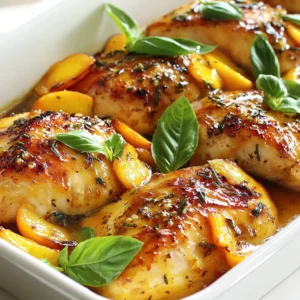 - 4 boneless, skinless chicken breasts - 2 ripe peaches, diced - 1/3 cup peach preserves - 2 tablespoons soy sauce - 1 tablespoon olive oil The main ingredients for this dish are simple but full of flavor. The chicken breasts are key. They soak up the peach glaze well. The ripe peaches add sweetness and a fresh taste. Peach preserves help create a thick, sticky sauce. Soy sauce gives a savory touch, while olive oil keeps the chicken moist. - 1 teaspoon garlic powder - 1 teaspoon onion powder - Salt and pepper to taste - Fresh basil leaves for garnish (optional) For seasoning, I use garlic powder and onion powder. They mix well and add depth. Salt and pepper help bring out the flavors. Fresh basil leaves make a nice garnish. They add color and a hint of freshness to your plate. - Skillet - Small saucepan - Chef's knife You need a few tools to make this dish. A skillet is great for cooking the chicken. A small saucepan helps you make the glaze. A chef's knife is key for dicing the peaches. Having these tools ready makes cooking easier and more fun! {{ingredient_image_1}} First, take your chicken breasts. Season them with garlic powder, onion powder, salt, and pepper. Make sure to coat each piece well. Once seasoned, set the chicken aside. This helps the flavors soak in while you prepare the glaze. Now, let’s make the peach glaze. In a small saucepan, add the diced peaches and peach preserves. Cook these on medium heat. Stir as they bubble and break down, which takes about 5 to 7 minutes. After that, pour in the soy sauce. This gives the glaze a nice balance. If it seems too thick, add a bit of water and stir until smooth. Next, heat olive oil in a large skillet over medium-high heat. Add the seasoned chicken breasts. Cook them for about 6 to 7 minutes on each side. They should turn golden brown and be fully cooked. To check, cut into one; the juices should run clear. Once cooked, pour the peach glaze over the chicken in the skillet. Let the chicken simmer in the glaze for about 2 to 3 minutes. This step allows the flavors to meld together. Make sure to turn the chicken to coat it evenly. After simmering, remove the skillet from heat. Let the chicken rest for a few minutes. This helps keep it juicy. Slice the chicken and drizzle any remaining glaze on top. If you like, add fresh basil leaves for a pop of color and flavor. Enjoy your peach glazed chicken! - To balance sweetness and tang, use ripe peaches and a touch of soy sauce. This combo brings a nice layer of flavor. - A thicker glaze coats the chicken better, while a thinner glaze soaks in more. Decide what you like best! - Ensure proper doneness by cooking chicken until it reaches 165°F. Use a meat thermometer for accuracy. - To avoid dry chicken breasts, do not overcook them. Searing at medium-high heat helps keep them juicy. - Pair peach glazed chicken with rice or a fresh salad. These sides add great texture and flavor. - For a festive table, slice the chicken and arrange it on a platter. Drizzle the glaze on top and add fresh basil leaves for color. Pro Tips Choose Ripe Peaches: Select peaches that are slightly soft to the touch and fragrant for the best flavor in your glaze. Marinate for More Flavor: If time allows, marinate the seasoned chicken breasts in the soy sauce and peach preserves mixture for an hour before cooking. Adjust Sweetness: Depending on your taste, you can add more peach preserves or a splash of vinegar to balance sweetness with acidity. Rest the Chicken: Let the chicken rest for a few minutes after cooking to allow the juices to redistribute, ensuring a moist and tender result. {{image_2}} You can swap peaches for other fruits. Mango-glazed chicken offers a bright twist. The sweet mango pairs well with the chicken. You can also try pineapple or apricot. Both fruits add a unique flavor and sweetness. Each option brings a new taste to your plate. You can choose how to cook your chicken. Baking gives it an even cook and is simple. Grilling adds a smoky flavor that many love. If you want ease, try a slow cooker. This method allows the chicken to soak in the glaze while it cooks. You’ll get tender meat with great flavor. For gluten-free options, use gluten-free soy sauce. This keeps the dish safe for those with gluten issues. If you're cutting back on sugar, look for low-sugar peach preserves. You can also make your own glaze with fresh peaches and a hint of honey. These options keep your meal tasty and healthy. To keep your peach glazed chicken fresh, store leftovers in the fridge. Use an airtight container. Ensure the chicken cools before sealing it. This way, it stays juicy and tasty. It will stay good for about 3 to 4 days. When you are ready to eat, just take it out! You can freeze peach glazed chicken for later. First, let it cool completely. Then, wrap it well in plastic wrap and foil. You can also use a freezer-safe bag. This helps keep the flavor. When you want to enjoy it again, thaw it in the fridge overnight. To reheat your chicken, use the stovetop or microwave. On the stovetop, place it in a skillet over low heat. Add a splash of water or broth to keep it moist. If you use the microwave, cover it to trap steam. Always check the glaze. It should stay sweet and flavorful. Enjoy the same delicious taste! If you do not have peach preserves, here are some great alternatives: - Apricot jam: This gives a sweet and slightly tart flavor. - Mango chutney: A zesty option that adds a tropical twist. - Honey: Perfect for natural sweetness, but add a little fruit puree for flavor. These options still create a delicious glaze and keep the dish exciting. Yes, you can prepare peach glazed chicken ahead of time. Here’s how: - Marinate the chicken: Season the chicken breasts and let them sit in the fridge for a few hours. - Make the glaze: Prepare the peach glaze a day before and store it in the fridge. - Cook before serving: Just cook the chicken and glaze before serving. This keeps the flavors fresh and tasty. To check if chicken is cooked through, use a meat thermometer. The chicken should reach an internal temperature of 165°F (75°C). Here are some tips: - Check the thickest part: Insert the thermometer into the thickest part of the breast. - Look for clear juices: If the juices run clear, it's likely done. Using these methods ensures you serve safe and juicy chicken. This blog post walked you through making delicious peach glazed chicken. You learned about key ingredients like ripe peaches, soy sauce, and seasonings. I shared step-by-step instructions to prepare, cook, and serve this flavorful dish. Tips helped ensure your glaze is just right and your chicken stays tender. Try different fruits or cooking methods to keep it fresh. Remember, meal prep can save you time and enhance your flavor. Enjoy every bite of your peach glazed chicken with friends or family! Your kitchen is now ready for fun and tasty meals.