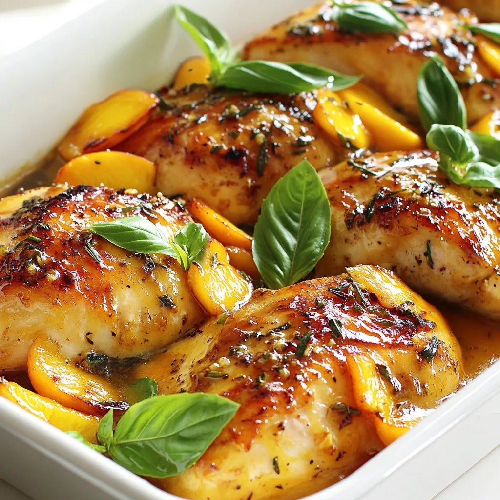 - 4 boneless, skinless chicken breasts - 2 ripe peaches, diced - 1/3 cup peach preserves - 2 tablespoons soy sauce - 1 tablespoon olive oil The main ingredients for this dish are simple but full of flavor. The chicken breasts are key. They soak up the peach glaze well. The ripe peaches add sweetness and a fresh taste. Peach preserves help create a thick, sticky sauce. Soy sauce gives a savory touch, while olive oil keeps the chicken moist. - 1 teaspoon garlic powder - 1 teaspoon onion powder - Salt and pepper to taste - Fresh basil leaves for garnish (optional) For seasoning, I use garlic powder and onion powder. They mix well and add depth. Salt and pepper help bring out the flavors. Fresh basil leaves make a nice garnish. They add color and a hint of freshness to your plate. - Skillet - Small saucepan - Chef's knife You need a few tools to make this dish. A skillet is great for cooking the chicken. A small saucepan helps you make the glaze. A chef's knife is key for dicing the peaches. Having these tools ready makes cooking easier and more fun! {{ingredient_image_1}} First, take your chicken breasts. Season them with garlic powder, onion powder, salt, and pepper. Make sure to coat each piece well. Once seasoned, set the chicken aside. This helps the flavors soak in while you prepare the glaze. Now, let’s make the peach glaze. In a small saucepan, add the diced peaches and peach preserves. Cook these on medium heat. Stir as they bubble and break down, which takes about 5 to 7 minutes. After that, pour in the soy sauce. This gives the glaze a nice balance. If it seems too thick, add a bit of water and stir until smooth. Next, heat olive oil in a large skillet over medium-high heat. Add the seasoned chicken breasts. Cook them for about 6 to 7 minutes on each side. They should turn golden brown and be fully cooked. To check, cut into one; the juices should run clear. Once cooked, pour the peach glaze over the chicken in the skillet. Let the chicken simmer in the glaze for about 2 to 3 minutes. This step allows the flavors to meld together. Make sure to turn the chicken to coat it evenly. After simmering, remove the skillet from heat. Let the chicken rest for a few minutes. This helps keep it juicy. Slice the chicken and drizzle any remaining glaze on top. If you like, add fresh basil leaves for a pop of color and flavor. Enjoy your peach glazed chicken! - To balance sweetness and tang, use ripe peaches and a touch of soy sauce. This combo brings a nice layer of flavor. - A thicker glaze coats the chicken better, while a thinner glaze soaks in more. Decide what you like best! - Ensure proper doneness by cooking chicken until it reaches 165°F. Use a meat thermometer for accuracy. - To avoid dry chicken breasts, do not overcook them. Searing at medium-high heat helps keep them juicy. - Pair peach glazed chicken with rice or a fresh salad. These sides add great texture and flavor. - For a festive table, slice the chicken and arrange it on a platter. Drizzle the glaze on top and add fresh basil leaves for color. Pro Tips Choose Ripe Peaches: Select peaches that are slightly soft to the touch and fragrant for the best flavor in your glaze. Marinate for More Flavor: If time allows, marinate the seasoned chicken breasts in the soy sauce and peach preserves mixture for an hour before cooking. Adjust Sweetness: Depending on your taste, you can add more peach preserves or a splash of vinegar to balance sweetness with acidity. Rest the Chicken: Let the chicken rest for a few minutes after cooking to allow the juices to redistribute, ensuring a moist and tender result. {{image_2}} You can swap peaches for other fruits. Mango-glazed chicken offers a bright twist. The sweet mango pairs well with the chicken. You can also try pineapple or apricot. Both fruits add a unique flavor and sweetness. Each option brings a new taste to your plate. You can choose how to cook your chicken. Baking gives it an even cook and is simple. Grilling adds a smoky flavor that many love. If you want ease, try a slow cooker. This method allows the chicken to soak in the glaze while it cooks. You’ll get tender meat with great flavor. For gluten-free options, use gluten-free soy sauce. This keeps the dish safe for those with gluten issues. If you're cutting back on sugar, look for low-sugar peach preserves. You can also make your own glaze with fresh peaches and a hint of honey. These options keep your meal tasty and healthy. To keep your peach glazed chicken fresh, store leftovers in the fridge. Use an airtight container. Ensure the chicken cools before sealing it. This way, it stays juicy and tasty. It will stay good for about 3 to 4 days. When you are ready to eat, just take it out! You can freeze peach glazed chicken for later. First, let it cool completely. Then, wrap it well in plastic wrap and foil. You can also use a freezer-safe bag. This helps keep the flavor. When you want to enjoy it again, thaw it in the fridge overnight. To reheat your chicken, use the stovetop or microwave. On the stovetop, place it in a skillet over low heat. Add a splash of water or broth to keep it moist. If you use the microwave, cover it to trap steam. Always check the glaze. It should stay sweet and flavorful. Enjoy the same delicious taste! If you do not have peach preserves, here are some great alternatives: - Apricot jam: This gives a sweet and slightly tart flavor. - Mango chutney: A zesty option that adds a tropical twist. - Honey: Perfect for natural sweetness, but add a little fruit puree for flavor. These options still create a delicious glaze and keep the dish exciting. Yes, you can prepare peach glazed chicken ahead of time. Here’s how: - Marinate the chicken: Season the chicken breasts and let them sit in the fridge for a few hours. - Make the glaze: Prepare the peach glaze a day before and store it in the fridge. - Cook before serving: Just cook the chicken and glaze before serving. This keeps the flavors fresh and tasty. To check if chicken is cooked through, use a meat thermometer. The chicken should reach an internal temperature of 165°F (75°C). Here are some tips: - Check the thickest part: Insert the thermometer into the thickest part of the breast. - Look for clear juices: If the juices run clear, it's likely done. Using these methods ensures you serve safe and juicy chicken. This blog post walked you through making delicious peach glazed chicken. You learned about key ingredients like ripe peaches, soy sauce, and seasonings. I shared step-by-step instructions to prepare, cook, and serve this flavorful dish. Tips helped ensure your glaze is just right and your chicken stays tender. Try different fruits or cooking methods to keep it fresh. Remember, meal prep can save you time and enhance your flavor. Enjoy every bite of your peach glazed chicken with friends or family! Your kitchen is now ready for fun and tasty meals.