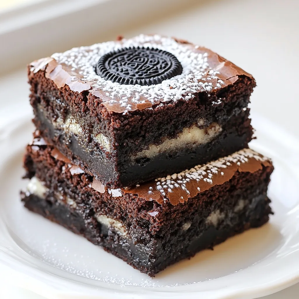 To make the best Oreo stuffed brownies, gather these ingredients: - 1 cup unsalted butter (2 sticks) - 1 1/4 cups granulated sugar - 1 cup packed brown sugar - 4 large eggs - 1 teaspoon vanilla extract - 1 cup all-purpose flour - 1 cup unsweetened cocoa powder - 1/2 teaspoon salt - 1/2 teaspoon baking powder - 16 Oreo cookies (whole for stuffing) - 1/2 cup chocolate chips (optional, for extra fudginess) These ingredients bring a rich flavor and texture to your brownies. The butter adds moisture, while sugars provide sweetness. The cocoa powder gives a deep chocolate taste, and the Oreos add a fun twist. If you want even more chocolate, toss in some chocolate chips. {{ingredient_image_1}} First, preheat your oven to 350°F (175°C). This step is key for even baking. Grease a 9x13 inch baking pan with non-stick spray or line it with parchment paper. This helps with easy removal later. Next, melt 1 cup of unsalted butter in a medium saucepan over low heat. Once it's melted, take it off the heat and let it cool a bit. In a large mixing bowl, mix the melted butter with 1 1/4 cups of granulated sugar and 1 cup of packed brown sugar. Stir until the mixture is smooth. Then, add 4 large eggs, one at a time, mixing well after each. Finally, stir in 1 teaspoon of vanilla extract. In another bowl, whisk together 1 cup of all-purpose flour, 1 cup of unsweetened cocoa powder, 1/2 teaspoon of salt, and 1/2 teaspoon of baking powder. Make sure there are no lumps. This mix gives the brownies their rich flavor and texture. Pour half of the brownie batter into your prepared pan. Spread it evenly. Now, take 16 whole Oreo cookies and place them in a single layer on top of the batter. Finally, pour the rest of the brownie batter over the Oreos. This creates a delicious surprise in every bite. Now, it’s time to bake! Place the pan in the preheated oven. Bake for 30-35 minutes. Check for doneness by inserting a toothpick into the center. It should come out with a few moist crumbs. Be careful not to overbake; you want fudgy brownies. Once baked, take the brownies out of the oven. Let them cool in the pan for at least 20 minutes. This cooling time helps them set up properly. After that, cut them into squares. For a fun touch, you can dust the top with powdered sugar or serve with a scoop of vanilla ice cream. Enjoy your Oreo stuffed brownies! To get fudgy brownies, use melted butter. It makes them richer. Adding chocolate chips adds even more moisture. Use a high-quality cocoa powder for a deep flavor. Mix your batter just until blended. When you overmix, you add air. This makes brownies cakey instead of fudgy. Stir gently when combining dry and wet ingredients. Bake at 350°F for 30-35 minutes. Check with a toothpick. If it comes out with a few moist crumbs, they are done. Remember, underbaking slightly keeps them fudgy. Pro Tips Use Room Temperature Eggs: Using eggs that are at room temperature helps them incorporate better into the batter, resulting in a more uniform texture. Don’t Overmix the Batter: To achieve fudgy brownies, mix the batter just until combined. Overmixing can lead to a cakey texture. Cool Before Cutting: Allow the brownies to cool in the pan for at least 20 minutes. This helps them set up properly and makes cutting easier. Experiment with Toppings: Feel free to add toppings like crushed Oreos, nuts, or a drizzle of chocolate on top before baking for added flavor and texture. {{image_2}} You can switch out the Oreo cookies for other favorites. Try using peanut butter cookies or chocolate chip cookies. Each choice will give a new taste to the brownies. If you love mint, use mint Oreos for a fresh twist. Experimenting with different cookies makes each batch special. Get creative with your toppings! You can sprinkle crushed Oreos on top before baking. This adds flavor and a nice crunch. Another fun option is to add mini marshmallows or nuts. You can also drizzle melted chocolate or caramel on top when they cool. These toppings make each bite even more exciting. Want a gluten-free treat? No problem! You can swap the all-purpose flour for a gluten-free blend. Many brands work well in brownies. Just check the packaging for the right amount to use. This way, everyone can enjoy your Oreo stuffed brownies, no matter their diet. To keep your Oreo stuffed brownies fresh, place them in an airtight container. This will help prevent them from drying out. You can store them at room temperature for up to four days. If you want to keep them longer, refrigeration is a great option. Just remember to wrap them well to avoid any fridge smells. Freezing is a smart way to enjoy your brownies later. Cut the brownies into squares before freezing. Then, wrap each piece tightly in plastic wrap. Place the wrapped brownies in a freezer-safe bag or container. They can last up to three months in the freezer. When you're ready to eat them, just thaw at room temperature for a few hours. If you want warm, gooey brownies, reheating is easy. Preheat your oven to 350°F (175°C). Place the brownies on a baking sheet. Heat them for about 10 minutes. For a quicker option, you can use the microwave. Heat each square for 10 to 15 seconds. Be careful not to overheat, or they might dry out. Enjoy your rich and fudgy treat! You can check if the brownies are done by inserting a toothpick into the center. If it comes out with a few moist crumbs, they are ready. Avoid overbaking to keep them fudgy. The edges should look set, while the center may still appear soft. Yes! You can swap Oreos for any cookie you like. Try peanut butter cookies for a twist. You can also use chocolate chip cookies for a classic combo. Just make sure they are sturdy enough to hold up in the brownie batter. Leftover brownies can be stored for later. Keep them in an airtight container at room temperature for about three days. You can also freeze them for longer storage. Just wrap each brownie tightly in plastic wrap, then place them in a freezer bag. Absolutely! You can make these brownies a day ahead. Just let them cool fully, then cover them tightly. This helps the flavors meld together. Enjoy them cold or warm them up in the microwave briefly before serving. You now know how to make delicious brownies with Oreos. We covered each step, from mixing the ingredients to baking. I also shared tips for fudgy results and various ways to change the recipe. You can store these treats easily and even freeze them. With this guide, you can create tasty brownies every time. Enjoy making, sharing, and munching on your treats!