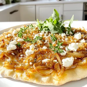 For the Caramelized Onion Feta Flatbread, you will need: - 1 large flatbread or naan - 2 large onions, thinly sliced - 3 tablespoons olive oil - 1 tablespoon balsamic vinegar - 1 cup crumbled feta cheese - 1 teaspoon fresh thyme leaves (or ½ teaspoon dried thyme) - Salt and pepper to taste - Optional: A handful of arugula for garnish You can mix things up by adding: - Sliced olives for a briny twist - Cherry tomatoes for a burst of color - A sprinkle of red pepper flakes for heat If you have allergies, try these swaps: - Use gluten-free flatbread if needed. - Substitute feta with goat cheese or a dairy-free cheese. - For a nut-free option, ensure olive oil is pure and free from nuts. Start by heating 2 tablespoons of olive oil in a large skillet over medium-low heat. Add the thinly sliced onions right away. Cook them slowly, stirring now and then. This process takes about 20-25 minutes. You want the onions to turn a rich golden brown. If they stick to the pan, just add a splash of water. After they caramelize, pour in the balsamic vinegar, salt, and pepper. Stir well and remove from heat. Set these sweet onions aside. Next, preheat your oven to 400°F (200°C). Grab a baking sheet and place your flatbread or naan on it. Brush the remaining tablespoon of olive oil over the flatbread. This adds flavor and helps it crisp up. Now, spread the caramelized onions evenly across the flatbread. Make sure to cover it well. Next, sprinkle the crumbled feta cheese and fresh thyme leaves on top. This adds a nice touch of flavor. Now it’s time to bake! Place your baking sheet in the preheated oven. Bake for about 10-12 minutes. Keep an eye on it. You want the edges to be crispy and the cheese to melt slightly. When it’s done, remove it from the oven. If you like, add a handful of arugula right on top for a fresh look. Slice it into pieces and serve warm. Enjoy this simple and tasty dish! To get sweet, golden onions, use low heat. Start with a large skillet. Heat two tablespoons of olive oil over medium-low heat. Add the sliced onions and stir them often. This keeps them from sticking. Cook them slowly for about 20 to 25 minutes. If they stick, add a splash of water. The goal is to let the natural sugars in the onions come out. For a nice, crispy flatbread, preheat your oven to 400°F (200°C) before baking. Brush the flatbread with olive oil. This adds flavor and helps it crisp up in the oven. Spread the caramelized onions evenly over the flatbread. Then, sprinkle crumbled feta cheese and thyme on top. Bake for about 10 to 12 minutes. Watch for the edges to turn golden brown. This flatbread shines as a snack or a light meal. Serve it warm, right out of the oven. Add a handful of fresh arugula on top for color and crunch. Pair it with a light salad or a glass of white wine. You can also enjoy it with a rich soup for a heartier option. The flavors blend well with many dishes, making it a versatile choice. {{image_2}} You can change the flavor by using different cheeses. Try goat cheese for a tangy taste. Mozzarella gives a creamy touch. For a spicy kick, add pepper jack cheese. You can also top the flatbread with roasted red peppers or olives. These add both flavor and color. This flatbread is already vegetarian. For a vegan option, use plant-based cheese and skip the feta. You can also add mushrooms or spinach for more veggies. If you need gluten-free, switch to a gluten-free flatbread or tortilla. These changes keep the dish tasty and fun. Using seasonal ingredients makes this dish even better. In spring, add fresh asparagus or peas. In summer, try zucchini or tomatoes. Fall brings squash or pumpkin for a warm flavor. In winter, use kale or brussels sprouts. These ingredients add unique tastes all year round. To keep your leftover flatbread fresh, wrap it well. Use plastic wrap or foil. Store it in the fridge for up to three days. If you want to keep it longer, consider freezing. To reheat, use the oven for the best results. Preheat your oven to 350°F (175°C). Place the flatbread on a baking sheet. Heat it for about 10 minutes. This will make it warm and crispy again. You can also use a skillet. Just warm it over low heat for about five minutes. To freeze, wrap the flatbread tightly in plastic wrap. Then, put it in a freezer bag. This helps keep out air and moisture. You can freeze it for up to three months. When you are ready to eat, thaw it in the fridge overnight. Then, reheat it in the oven or skillet for the best taste. You will know your onions are done when they turn a deep golden brown. This usually takes about 20-25 minutes. Stir them often to avoid burning. If they stick to the pan, add a bit of water. The goal is sweet, tender onions that have a rich flavor. Yes, you can use other types of bread. Naan works well, but you can also try pita or even pizza dough. Just make sure to adjust the baking time if you use a thicker bread. The key is to create a crispy base that holds the toppings. A fresh salad pairs nicely with this flatbread. Try arugula with a simple lemon vinaigrette. Roasted vegetables also make a great side. You could serve it with a light soup, like tomato basil, for a cozy meal. In this post, I shared the complete guide for making caramelized onion feta flatbread. We covered all the key ingredients, step-by-step instructions, and valuable tips. I included variations to suit different tastes. Plus, I provided storage info to keep leftovers fresh. This recipe is fun and easy. You can impress friends with its rich flavor. Enjoy experimenting and creating your perfect flatbread today!