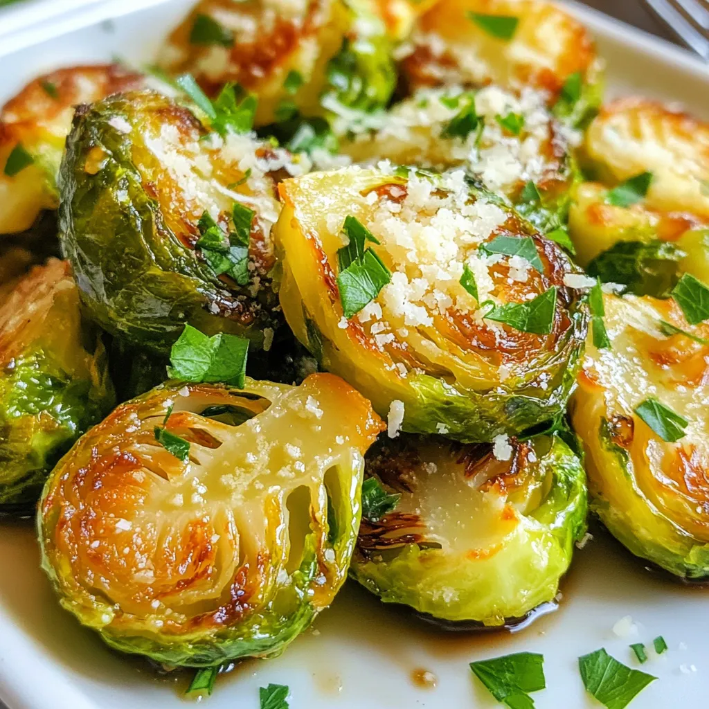 To make delicious roasted garlic Parmesan Brussels sprouts, gather the following items: - 1 pound Brussels sprouts, trimmed and halved - 4 cloves garlic, minced - 3 tablespoons olive oil - 1 teaspoon salt - 1 teaspoon black pepper - 1/4 teaspoon red pepper flakes (optional) - 1/2 cup grated Parmesan cheese - 2 tablespoons balsamic vinegar (for drizzling) - Fresh parsley, chopped (for garnish) These ingredients come together to create a flavorful dish. The Brussels sprouts give a nutty taste, while garlic adds a rich aroma. Olive oil helps them roast nicely. Salt and pepper bring out the best flavors. If you like heat, add red pepper flakes. Parmesan cheese adds creaminess and depth. Finally, balsamic vinegar gives a sweet, tangy finish, while fresh parsley brightens the dish. {{ingredient_image_1}} - Preheat your oven to 400°F (200°C). - Trim and halve 1 pound of Brussels sprouts. - In a large bowl, mix the halved sprouts with: - 4 cloves garlic, minced - 3 tablespoons olive oil - 1 teaspoon salt - 1 teaspoon black pepper - 1/4 teaspoon red pepper flakes (optional) - Toss until all sprouts get coated well. - Spread the Brussels sprouts on a baking sheet, cut side down. - Roast them for about 20 minutes. Look for crispy leaves and tender centers. - After 20 minutes, take them out and sprinkle: - 1/2 cup grated Parmesan cheese - Return to the oven for 5-7 minutes. Wait until the cheese melts and turns golden. - Once done, drizzle 2 tablespoons of balsamic vinegar over the sprouts. - Garnish with fresh chopped parsley before serving. - Cut size and arrangement: Halve the Brussels sprouts for even cooking. This helps them roast well. Keep the cut side down to get that nice caramelization. - Importance of single layer: Spread the sprouts in one layer on your baking sheet. This allows hot air to circulate. If they overlap, they will steam instead of roast. - Garlic preparation advice: Mince the garlic finely to release its flavor. This gives a strong garlic taste. You can also roast whole cloves for a milder flavor. - Adjusting seasoning levels: Start with the basic salt and pepper. Taste the sprouts after roasting. If needed, add more salt or pepper later. - Pairing ideas with mains: Roasted garlic Parmesan Brussels sprouts go well with chicken or steak. They add a nice crunch to your meal. - Best side dishes to accompany: Try pairing them with mashed potatoes or a light salad. They balance well with creamy or fresh sides. Pro Tips Choose Fresh Sprouts: Look for Brussels sprouts that are firm and bright green. Avoid any that are yellowing or have brown spots for the best flavor and texture. Cut for Even Cooking: Halving the Brussels sprouts ensures they cook evenly and allows for more surface area to caramelize, enhancing their flavor. Experiment with Cheese: While Parmesan is delicious, feel free to experiment with other cheeses like Pecorino Romano or even a sprinkle of feta for a different flavor profile. Don’t Skip the Balsamic: A drizzle of balsamic vinegar at the end adds a sweet and tangy flavor that perfectly complements the roasted sprouts and cheese. {{image_2}} For a dairy-free option, you can skip the Parmesan cheese. Use nutritional yeast instead. It gives a similar cheesy flavor without dairy. If you want to try a different cheese, consider using feta or goat cheese. These cheeses add a tangy twist to your Brussels sprouts. You can enhance the flavor by adding nuts or seeds. Toasted pine nuts or slivered almonds work well. They add a nice crunch and depth to the dish. If you like more spice, add extra red pepper flakes. A pinch of cayenne pepper also works for heat. If you want to try cooking in an air fryer, set it to 375°F (190°C). Cook for about 15 minutes. Shake the basket halfway through for even cooking. For a grilling option, toss the Brussels sprouts in a grill basket. Grill them over medium heat for about 10-15 minutes. This method gives a smoky flavor that pairs well with the garlic and cheese. To keep your Roasted Garlic Parmesan Brussels sprouts fresh, refrigerate leftovers. Place them in an airtight container. This helps lock in moisture and flavor. You can enjoy them for up to four days. If you want to save them longer, consider freezing. Spread your cooled sprouts on a baking sheet. Freeze them for about one hour before transferring to a freezer-safe bag. They can last for up to three months in the freezer. When it's time to enjoy your leftovers, reheating them correctly makes a big difference. The oven is the best way to bring back the crispiness. Preheat your oven to 350°F (175°C). Place the sprouts on a baking sheet and heat for about 10-15 minutes. This will make them warm and crispy again. If you’re in a hurry, you can use the microwave. Place them in a microwave-safe dish and cover with a lid. Heat in short bursts of 30 seconds, stirring in between. This helps avoid soggy sprouts. How long will your Brussels sprouts last? In the fridge, they stay fresh for about four days. In the freezer, they can last up to three months. Always check your sprouts for signs of spoilage. If they look mushy or have a strong odor, it's best to toss them. Fresh sprouts should feel firm and look bright green. Enjoy your delicious Brussels sprouts while they're at their best! Yes, you can use frozen Brussels sprouts. They are handy when fresh ones are not available. To use frozen sprouts, thaw them first. Pat them dry to remove excess moisture. This helps prevent sogginess. Frozen sprouts may cook faster than fresh ones. Keep an eye on them while roasting. Aim for a crisp texture. You might need to adjust the cooking time. If they look soft, take them out early. Brussels sprouts can have a strong, bitter taste. To reduce this, try these tips. Cut them in half to help them cook evenly. Roasting at a high heat brings out their natural sweetness. Adding a bit of balsamic vinegar boosts flavor and cuts bitterness. You can also mix in some honey or maple syrup. These sweetness-boosters make the dish more enjoyable. Remember, always taste as you go, and adjust as needed. Yes, you can prep Brussels sprouts ahead of time. Trim and halve them a day before. Store them in a sealed container in the fridge. You can also mix the olive oil, garlic, and spices in a bowl. This makes it easier when you are ready to cook. Just toss the sprouts in the mix and roast them when you want. Roasted Brussels sprouts taste best fresh but can be reheated. They last up to three days in the fridge. Brussels sprouts are simple and tasty. We covered all you need: ingredients, steps, and tips. Whether you roast, grill, or use an air fryer, these sprouts shine. Remember storage tips to enjoy leftovers later. You can customize flavors and pair well with many dishes. Experiment with variations to make this recipe your own. Try cooking them soon for a healthy meal. Enjoy making and sharing. You'll love how easy it is to bring this dish to life!