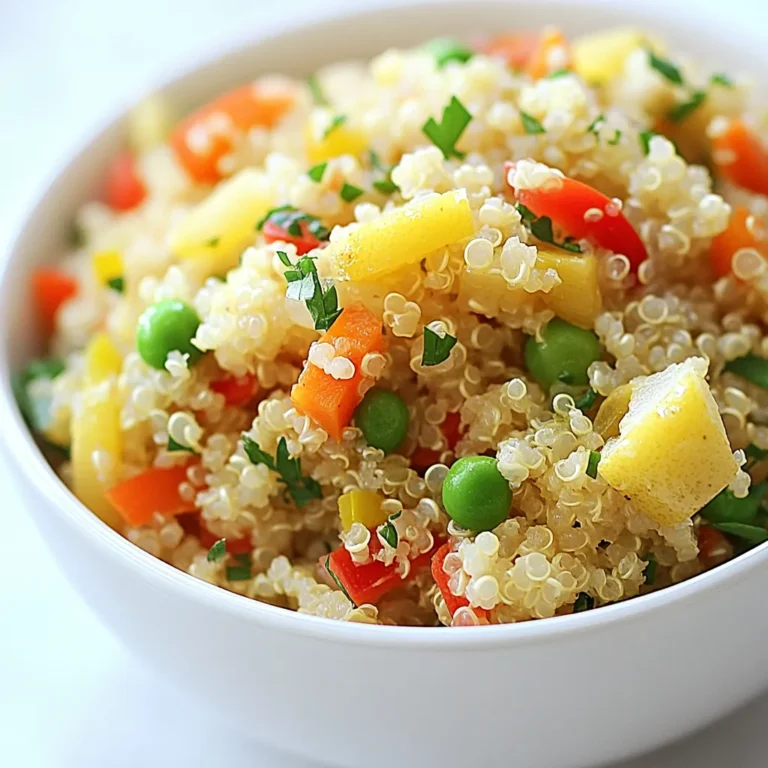 The ingredients for Lemon Herb Quinoa Pilaf are simple and fresh. Here is what you will need: - 1 cup quinoa, rinsed - 2 cups vegetable broth (or water) - 1 small onion, finely chopped - 2 cloves garlic, minced - 1 medium carrot, diced - 1 red bell pepper, diced - ½ cup frozen peas - 2 tablespoons olive oil - Juice and zest of 1 lemon - 1 teaspoon dried thyme - 1 teaspoon dried oregano - Salt and pepper to taste - Fresh parsley, chopped (for garnish) Each ingredient plays a key role in the dish. Quinoa is the star, bringing a nutty flavor and fluffy texture. The vegetable broth adds depth. Onions and garlic give a savory base. Carrots and bell peppers add color and crunch. The peas bring sweetness. Lemon juice and zest brighten the dish. Thyme and oregano add earthy notes. Salt and pepper enhance all these flavors. Fresh parsley is the perfect finishing touch, making the dish look vibrant and inviting. Enjoying this pilaf is not just a meal; it is a burst of flavor on your plate! {{ingredient_image_1}} First, heat the olive oil in a medium saucepan over medium heat. Add the finely chopped onion. Sauté the onion for about 3-4 minutes until it is soft and clear. Next, add the minced garlic. Stir in the diced carrot at this point. Cook these together for about 2 minutes. The carrot should start to soften now. After that, add the diced red bell pepper. Cook for another 2-3 minutes until the pepper softens a bit. Now, it’s time to add the rinsed quinoa to the pan. Mix it well with the sautéed vegetables. Pour in the vegetable broth or water next. Add the lemon juice and lemon zest. Toss in the dried thyme and dried oregano too. Bring everything to a boil. Once it boils, lower the heat and cover the pan. Let it simmer for about 15 minutes. The quinoa should absorb all the liquid and become fluffy. During the last 5 minutes of cooking, stir in the frozen peas. This will warm them up nicely. After cooking, remove the pan from heat. Let it sit covered for an extra 5 minutes. Then, fluff the quinoa with a fork. Season with salt and pepper to your liking. Finally, garnish with fresh parsley before serving. Enjoy your bright and tasty Lemon Herb Quinoa Pilaf! Rinsing quinoa is key. It washes away the bitter coating called saponin. This step improves the taste and texture. To rinse, place quinoa in a fine mesh strainer. Run cold water over it for a minute. You’ll notice how clean and fresh it looks. This small step makes a big difference! Using vegetable broth enhances flavor. It adds depth that water cannot provide. Broth gives the dish a savory touch. If you want a lighter taste, you can use water. But I always recommend broth for the best results. It makes every bite more enjoyable. You can boost the flavor with more herbs or spices. Try adding fresh basil or cilantro for a twist. A pinch of red pepper flakes adds heat. Experiment with different combinations. You can even mix in some nuts or dried fruits for extra texture. The options are endless, so have fun with it! Pro Tips Rinse Your Quinoa: Always rinse quinoa under cold water before cooking to remove its natural coating, saponin, which can make it taste bitter. Enhance Flavor: For added depth, toast the quinoa in the olive oil for 2-3 minutes before adding the broth. This brings out a nutty flavor. Vegetable Variations: Feel free to mix in other vegetables like zucchini or spinach for extra nutrition and vibrant color. Let It Rest: After cooking, let the quinoa sit covered for a few minutes. This helps the grains firm up and improves texture. {{image_2}} You can add many vegetables to your Lemon Herb Quinoa Pilaf. Try zucchini, spinach, or broccoli. Each brings a new flavor and makes the dish colorful. Dice them small so they cook evenly. You can use fresh or frozen veggies. Just remember to adjust cooking times for freshness. You can boost the protein in your pilaf with easy additions. Chickpeas, black beans, or lentils work well. Simply add them in the last few minutes of cooking. For a meat option, try diced grilled chicken or shrimp. Just make sure to cook them before adding to the quinoa. If you want to switch from quinoa, try other grains. Brown rice or farro are great choices. They have different textures and flavors. Adjust the cooking time based on the grain you choose. Rice usually takes longer, so keep an eye on it. This way, you can enjoy the same bright taste with a new twist. To store Lemon Herb Quinoa Pilaf in the fridge, let it cool first. Place it in an airtight container. It will last for about 3 to 5 days. When ready to eat, just reheat it in the microwave or on the stove. Add a splash of broth or water if it seems dry. You can freeze this quinoa pilaf if you want to save it for later. First, let it cool completely. Then, put it in a freezer-safe container. It can last for up to 3 months in the freezer. To reheat, just thaw it overnight in the fridge. Then heat it on the stove or microwave. Again, add some broth or water if needed. This Lemon Herb Quinoa Pilaf pairs well with many dishes. Try it with grilled chicken or fish for a complete meal. You can also serve it alongside a fresh salad. Add some feta or avocado for extra taste. It makes a lovely side dish for any dinner. Yes, you can make Lemon Herb Quinoa Pilaf ahead of time. This dish stores well. Cook it, let it cool, and place it in an airtight container. You can keep it in the fridge for up to five days. Reheat it on the stovetop or in the microwave when you are ready to eat. Yes, this recipe is gluten-free. Quinoa is a gluten-free grain. It is a great choice for those with gluten sensitivities or celiac disease. Always double-check the labels of any broth you use to ensure it is also gluten-free. This recipe is already vegan! It uses vegetable broth and no animal products. You can enjoy it as is. If you want, you can add plant-based proteins, like chickpeas or tofu, to make it heartier. Absolutely! You can toss in more veggies like spinach, zucchini, or mushrooms. Just sauté them with the onions for a tasty mix. Store any leftovers in an airtight container in the fridge. It stays fresh for about five days. Yes, feel free to swap quinoa for other grains like rice or bulgur. Just adjust the cooking time and liquid amounts as needed. This pilaf pairs well with grilled chicken, fish, or a fresh salad. You can also serve it as a side dish at a gathering. In this blog post, we explored a delicious quinoa dish. We covered the main ingredients, like quinoa and fresh veggies. I shared step-by-step instructions, tips for better flavor, and ways to customize the dish. We also talked about how to store and serve it. Quinoa is versatile and easy to make. Feel free to try new veggies or proteins. Enjoy cooking, and have fun making it your own!