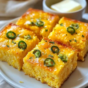 To make this tasty cornbread, gather these main ingredients: - 1 cup cornmeal - 1 cup all-purpose flour - 1 tablespoon baking powder - 1/2 teaspoon salt - 1/4 teaspoon black pepper - 1 cup buttermilk - 2 large eggs - 1/4 cup melted unsalted butter - 1 cup shredded sharp cheddar cheese - 2-3 fresh jalapeños, diced (remove seeds for less heat) Each ingredient plays a key role. The cornmeal gives it a nice texture. The flour helps it rise. Baking powder is essential for fluffiness. Buttermilk makes it moist and adds flavor. Eggs bind everything together, while butter adds richness. The cheese and jalapeños give it that kick and savory taste. You can add a few optional ingredients for some extra flair: - 1 tablespoon honey (for a hint of sweetness) - Corn kernels (for extra texture) - Chopped green onions (for more flavor) - Crumbled bacon (for a savory twist) These add-ins can make your cornbread even more special. You can mix and match based on what you like. If you don’t have certain ingredients, here are some easy swaps: - Use milk instead of buttermilk. Just add a splash of vinegar to it and let it sit for 5 minutes. - Swap all-purpose flour with a gluten-free blend if needed. - Use a different cheese like pepper jack for a spicier kick. - Substitute diced bell peppers for jalapeños if you prefer no heat. These substitutions can help you create a version that fits your taste or dietary needs. Don't hesitate to experiment! {{ingredient_image_1}} To make Jalapeño Cheddar Cornbread, start by gathering your ingredients. You will need: - 1 cup cornmeal - 1 cup all-purpose flour - 1 tablespoon baking powder - 1/2 teaspoon salt - 1/4 teaspoon black pepper - 1 cup buttermilk - 2 large eggs - 1/4 cup melted unsalted butter - 1 cup shredded sharp cheddar cheese - 2-3 fresh jalapeños, diced First, preheat your oven to 400°F (200°C). Grease an 8-inch square baking dish or a cast-iron skillet with butter. This helps the cornbread not stick. In a large bowl, mix the cornmeal, flour, baking powder, salt, and black pepper. Whisk them until they are well combined. In another bowl, whisk the buttermilk, eggs, and melted butter. If you want a touch of sweetness, add the honey. Then, mix it well. Pour your wet mixture into the dry ingredients. Stir gently until just combined. Small lumps are fine. Next, fold in the shredded cheddar cheese and diced jalapeños. Make sure they are spread out evenly. Pour the batter into your prepared dish or skillet. Spread it out evenly. Bake for 20-25 minutes. Check if it’s done by inserting a toothpick in the center. If it comes out clean, it’s ready. Let it cool for a few minutes before slicing. For the best cornbread, do not overmix the batter. Overmixing can make it tough. Also, let your butter cool slightly before adding it to the other wet ingredients. This keeps the eggs from cooking early. Use fresh jalapeños for better flavor. If you prefer less heat, remove the seeds before dicing. Serve your Jalapeño Cheddar Cornbread warm. You can garnish it with extra cheddar or sliced jalapeños. For a richer taste, add a pat of butter or a dollop of sour cream. This cornbread pairs well with chili, soups, or grilled meats. Enjoy this tasty treat at your next gathering! To keep your cornbread moist, use buttermilk. It adds moisture and tang. Another tip is to melt the butter instead of using it cold. This step helps mix the fat well into the batter. You can also add a little honey for extra sweetness and moisture. Lastly, avoid overmixing. A few lumps in the batter are okay and help keep it tender. To control the heat, remove the seeds from the jalapeños. This simple step will make the cornbread milder. If you like more heat, leave some seeds in. You can try using different chili peppers too. For a sweet and spicy twist, add a pinch of cayenne pepper. Taste the batter before baking to find your perfect heat level. For making cornbread, you need a few basic tools. A large mixing bowl is a must for combining ingredients. A whisk helps blend the wet and dry items smoothly. Use a spatula for folding in the cheese and jalapeños. A baking dish or cast-iron skillet works best for baking. Don't forget an oven mitt to protect your hands when taking the cornbread out of the oven. Pro Tips Use Fresh Jalapeños: For the best flavor, opt for fresh jalapeños rather than canned. Adjust the amount based on your spice preference. Experiment with Cheese: While sharp cheddar is delicious, try mixing in different cheeses like pepper jack or gouda for a unique twist. Don't Overmix: When combining wet and dry ingredients, mix just until incorporated. Overmixing can lead to a dense cornbread. Let it Cool: Allow the cornbread to cool slightly before slicing. This helps it set and makes for cleaner cuts. {{image_2}} You can switch up the cheddar cheese for a different taste. Try pepper jack for spice or mozzarella for a milder flavor. If you want a sharp kick, use aged gouda. Each cheese brings its own fun twist to the cornbread. Feel free to get creative with mix-ins. You can add cooked bacon bits for savory goodness. Corn kernels give a sweet crunch. Chopped herbs like cilantro or chives add freshness. If you love a little sweetness, toss in some corn or diced bell peppers. Each of these adds a new depth to your cornbread. To make this dish gluten-free, swap all-purpose flour for a gluten-free mix. Look for one that contains xanthan gum for better texture. You can use almond flour or coconut flour, but note that the texture may change. Adjust the liquid in your recipe as needed to keep it moist. To keep your Jalapeño Cheddar Cornbread fresh, store it properly. Let it cool completely first. Wrap it in plastic wrap or place it in an airtight container. This keeps out moisture and air, which can make it go stale. You can store it at room temperature for up to two days. If you want to keep it longer, move it to the fridge. It will stay good for about a week in the fridge. When you're ready to enjoy leftovers, reheating is simple. Preheat your oven to 350°F (175°C). Place the cornbread on a baking sheet. Cover it with foil to prevent drying. Heat for about 10-15 minutes, or until warm. You can also use a microwave. Just heat a slice for 20-30 seconds. If you like, add a pat of butter on top for extra flavor. Freezing is a great option if you have extra cornbread. Wrap each piece in plastic wrap. Then, place them in a freezer bag. Squeeze out as much air as possible. This helps prevent freezer burn. You can freeze the cornbread for up to three months. When you’re ready to eat it, thaw it in the fridge overnight. Then, reheat as described above for the best taste. Yes, you can make cornbread without buttermilk. You can use milk instead. Add a splash of vinegar or lemon juice to sour it. This will mimic buttermilk's tangy taste. The texture may be slightly different, but it will still be delicious. Homemade cornbread lasts about 2 to 3 days at room temperature. Store it in an airtight container. If you want to keep it longer, you can refrigerate it. In the fridge, it will last about a week. You can also freeze it for up to three months. Jalapeño Cheddar Cornbread goes well with many dishes. It pairs nicely with chili and soups. Try it with barbecue or grilled meats. You can also serve it with salads or as a side for breakfast with eggs. Yes, frozen jalapeños work well in this recipe. Just thaw and drain them before use. This helps keep the cornbread from getting too wet. Frozen jalapeños will still add great flavor to your cornbread. Making Jalapeño Cheddar Cornbread is fun and easy. We covered key ingredients, from jalapeños to optional mix-ins. Step-by-step instructions guide you in preparing and baking the perfect dish. Don’t forget tips for added moisture and spice. Explore different variations to suit your taste. Store it properly and enjoy leftovers later. This cornbread pairs well with many meals. Experiment and have fun in your kitchen. You'll find this recipe a tasty favorite!