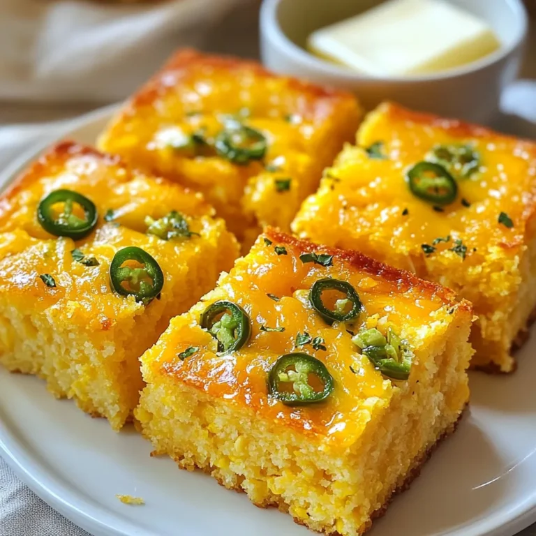 To make this tasty cornbread, gather these main ingredients: - 1 cup cornmeal - 1 cup all-purpose flour - 1 tablespoon baking powder - 1/2 teaspoon salt - 1/4 teaspoon black pepper - 1 cup buttermilk - 2 large eggs - 1/4 cup melted unsalted butter - 1 cup shredded sharp cheddar cheese - 2-3 fresh jalapeños, diced (remove seeds for less heat) Each ingredient plays a key role. The cornmeal gives it a nice texture. The flour helps it rise. Baking powder is essential for fluffiness. Buttermilk makes it moist and adds flavor. Eggs bind everything together, while butter adds richness. The cheese and jalapeños give it that kick and savory taste. You can add a few optional ingredients for some extra flair: - 1 tablespoon honey (for a hint of sweetness) - Corn kernels (for extra texture) - Chopped green onions (for more flavor) - Crumbled bacon (for a savory twist) These add-ins can make your cornbread even more special. You can mix and match based on what you like. If you don’t have certain ingredients, here are some easy swaps: - Use milk instead of buttermilk. Just add a splash of vinegar to it and let it sit for 5 minutes. - Swap all-purpose flour with a gluten-free blend if needed. - Use a different cheese like pepper jack for a spicier kick. - Substitute diced bell peppers for jalapeños if you prefer no heat. These substitutions can help you create a version that fits your taste or dietary needs. Don't hesitate to experiment! {{ingredient_image_1}} To make Jalapeño Cheddar Cornbread, start by gathering your ingredients. You will need: - 1 cup cornmeal - 1 cup all-purpose flour - 1 tablespoon baking powder - 1/2 teaspoon salt - 1/4 teaspoon black pepper - 1 cup buttermilk - 2 large eggs - 1/4 cup melted unsalted butter - 1 cup shredded sharp cheddar cheese - 2-3 fresh jalapeños, diced First, preheat your oven to 400°F (200°C). Grease an 8-inch square baking dish or a cast-iron skillet with butter. This helps the cornbread not stick. In a large bowl, mix the cornmeal, flour, baking powder, salt, and black pepper. Whisk them until they are well combined. In another bowl, whisk the buttermilk, eggs, and melted butter. If you want a touch of sweetness, add the honey. Then, mix it well. Pour your wet mixture into the dry ingredients. Stir gently until just combined. Small lumps are fine. Next, fold in the shredded cheddar cheese and diced jalapeños. Make sure they are spread out evenly. Pour the batter into your prepared dish or skillet. Spread it out evenly. Bake for 20-25 minutes. Check if it’s done by inserting a toothpick in the center. If it comes out clean, it’s ready. Let it cool for a few minutes before slicing. For the best cornbread, do not overmix the batter. Overmixing can make it tough. Also, let your butter cool slightly before adding it to the other wet ingredients. This keeps the eggs from cooking early. Use fresh jalapeños for better flavor. If you prefer less heat, remove the seeds before dicing. Serve your Jalapeño Cheddar Cornbread warm. You can garnish it with extra cheddar or sliced jalapeños. For a richer taste, add a pat of butter or a dollop of sour cream. This cornbread pairs well with chili, soups, or grilled meats. Enjoy this tasty treat at your next gathering! To keep your cornbread moist, use buttermilk. It adds moisture and tang. Another tip is to melt the butter instead of using it cold. This step helps mix the fat well into the batter. You can also add a little honey for extra sweetness and moisture. Lastly, avoid overmixing. A few lumps in the batter are okay and help keep it tender. To control the heat, remove the seeds from the jalapeños. This simple step will make the cornbread milder. If you like more heat, leave some seeds in. You can try using different chili peppers too. For a sweet and spicy twist, add a pinch of cayenne pepper. Taste the batter before baking to find your perfect heat level. For making cornbread, you need a few basic tools. A large mixing bowl is a must for combining ingredients. A whisk helps blend the wet and dry items smoothly. Use a spatula for folding in the cheese and jalapeños. A baking dish or cast-iron skillet works best for baking. Don't forget an oven mitt to protect your hands when taking the cornbread out of the oven. Pro Tips Use Fresh Jalapeños: For the best flavor, opt for fresh jalapeños rather than canned. Adjust the amount based on your spice preference. Experiment with Cheese: While sharp cheddar is delicious, try mixing in different cheeses like pepper jack or gouda for a unique twist. Don't Overmix: When combining wet and dry ingredients, mix just until incorporated. Overmixing can lead to a dense cornbread. Let it Cool: Allow the cornbread to cool slightly before slicing. This helps it set and makes for cleaner cuts. {{image_2}} You can switch up the cheddar cheese for a different taste. Try pepper jack for spice or mozzarella for a milder flavor. If you want a sharp kick, use aged gouda. Each cheese brings its own fun twist to the cornbread. Feel free to get creative with mix-ins. You can add cooked bacon bits for savory goodness. Corn kernels give a sweet crunch. Chopped herbs like cilantro or chives add freshness. If you love a little sweetness, toss in some corn or diced bell peppers. Each of these adds a new depth to your cornbread. To make this dish gluten-free, swap all-purpose flour for a gluten-free mix. Look for one that contains xanthan gum for better texture. You can use almond flour or coconut flour, but note that the texture may change. Adjust the liquid in your recipe as needed to keep it moist. To keep your Jalapeño Cheddar Cornbread fresh, store it properly. Let it cool completely first. Wrap it in plastic wrap or place it in an airtight container. This keeps out moisture and air, which can make it go stale. You can store it at room temperature for up to two days. If you want to keep it longer, move it to the fridge. It will stay good for about a week in the fridge. When you're ready to enjoy leftovers, reheating is simple. Preheat your oven to 350°F (175°C). Place the cornbread on a baking sheet. Cover it with foil to prevent drying. Heat for about 10-15 minutes, or until warm. You can also use a microwave. Just heat a slice for 20-30 seconds. If you like, add a pat of butter on top for extra flavor. Freezing is a great option if you have extra cornbread. Wrap each piece in plastic wrap. Then, place them in a freezer bag. Squeeze out as much air as possible. This helps prevent freezer burn. You can freeze the cornbread for up to three months. When you’re ready to eat it, thaw it in the fridge overnight. Then, reheat as described above for the best taste. Yes, you can make cornbread without buttermilk. You can use milk instead. Add a splash of vinegar or lemon juice to sour it. This will mimic buttermilk's tangy taste. The texture may be slightly different, but it will still be delicious. Homemade cornbread lasts about 2 to 3 days at room temperature. Store it in an airtight container. If you want to keep it longer, you can refrigerate it. In the fridge, it will last about a week. You can also freeze it for up to three months. Jalapeño Cheddar Cornbread goes well with many dishes. It pairs nicely with chili and soups. Try it with barbecue or grilled meats. You can also serve it with salads or as a side for breakfast with eggs. Yes, frozen jalapeños work well in this recipe. Just thaw and drain them before use. This helps keep the cornbread from getting too wet. Frozen jalapeños will still add great flavor to your cornbread. Making Jalapeño Cheddar Cornbread is fun and easy. We covered key ingredients, from jalapeños to optional mix-ins. Step-by-step instructions guide you in preparing and baking the perfect dish. Don’t forget tips for added moisture and spice. Explore different variations to suit your taste. Store it properly and enjoy leftovers later. This cornbread pairs well with many meals. Experiment and have fun in your kitchen. You'll find this recipe a tasty favorite!