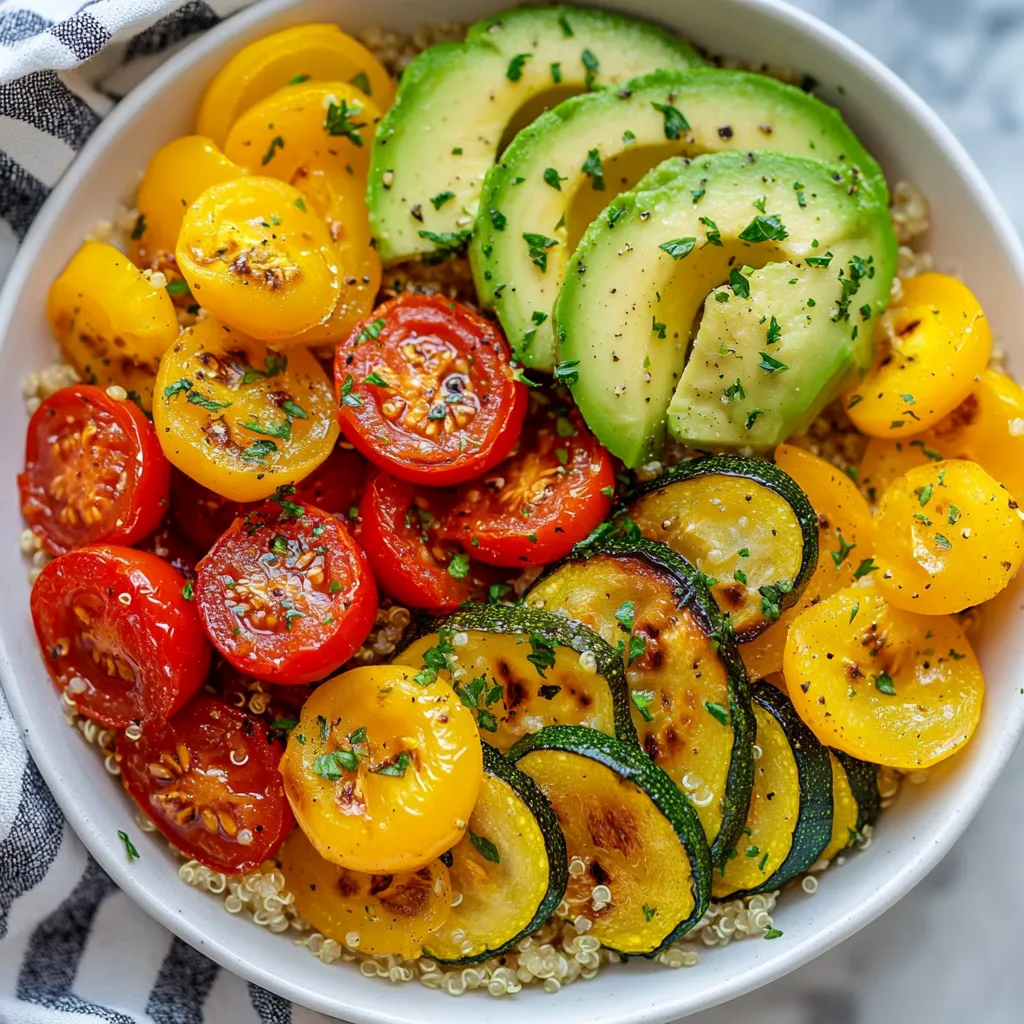- 1 cup quinoa, rinsed - 2 cups vegetable broth - 1 red bell pepper, diced - 1 zucchini, sliced - 1 yellow squash, sliced - 1 red onion, diced - 1 cup cherry tomatoes, halved - 3 tablespoons olive oil - 1 teaspoon garlic powder - 1 teaspoon paprika - 1/2 teaspoon cumin - Salt and pepper to taste The base of this dish is quinoa and vegetable broth. Quinoa is packed with protein, making it a great choice. The broth adds flavor to the quinoa. I love using fresh vegetables. They add color and nutrition. In this recipe, I use red bell pepper, zucchini, yellow squash, red onion, and cherry tomatoes. Each brings a unique taste. Seasonings and olive oil are key. Olive oil helps the veggies roast nicely. Garlic powder and paprika give warmth and depth. Cumin adds an earthy note. Salt and pepper enhance all the flavors. - 1 avocado, sliced - Fresh parsley, chopped (for garnish) Avocado adds creaminess and healthy fats. I always recommend it on these bowls. Fresh parsley brightens the dish and adds a pop of color. - Lemon wedges - Additional garnishes Serving with lemon wedges gives a nice zing. The acidity helps balance the meal. You can also add other garnishes like nuts or seeds for crunch. {{ingredient_image_1}} Rinsing and Boiling Start by rinsing one cup of quinoa under cold water. This helps remove any bitter taste. Then, in a medium pot, bring two cups of vegetable broth to a boil. Add the rinsed quinoa, stir it, and lower the heat. Simmering and Fluffing Cover the pot and let the quinoa simmer on low heat for about 15 minutes. It’s ready when the broth is gone. Turn off the heat and fluff it gently with a fork. This makes it light and fluffy. Chopping and Seasoning While the quinoa cooks, chop your veggies. Dice one red bell pepper, slice one zucchini and one yellow squash, and dice one red onion. Halve one cup of cherry tomatoes. Place all these in a large bowl. Drizzle three tablespoons of olive oil over them. Sprinkle in one teaspoon of garlic powder, one teaspoon of paprika, half a teaspoon of cumin, and salt and pepper to taste. Toss everything together well. Roasting Techniques Spread the seasoned vegetables on a baking sheet. Make sure they are in a single layer. Roast them in a preheated oven at 400°F (200°C) for 25 to 30 minutes. Stir them halfway through for even cooking. They should be tender and slightly caramelized when done. Layering Ingredients To assemble, place a generous scoop of quinoa at the bottom of each bowl. Top it with the roasted vegetables. This creates a colorful and tasty base. Final Garnishes Add slices of avocado on top. Finish with chopped parsley for a fresh touch. Serve each bowl with lemon wedges on the side. The lemon adds a nice zing to the meal. Enjoy your healthy and flavorful roasted veggie quinoa bowls! Water to Quinoa Ratio To cook quinoa perfectly, use a 2:1 ratio. That means two cups of vegetable broth for every cup of quinoa. This helps the quinoa become fluffy and tender. Cooking Time Alternatives If you prefer a quicker method, use a pressure cooker. It cooks quinoa in about 1-2 minutes. Just remember to let the pressure release naturally for best results. Ensuring Even Cooking Cut your veggies into similar sizes. This ensures they cook evenly. Spread them out on the baking sheet, leaving space between them. This helps them roast rather than steam. Achieving Caramelization Use olive oil to coat the veggies well. The oil helps with caramelization. Roast the vegetables at 400°F (200°C) for 25-30 minutes. Stir halfway through to get a nice, golden color. Pairing with Proteins You can add grilled chicken or chickpeas for extra protein. This makes the bowl heartier and more filling. Try different proteins to see what you like best. Customizing Flavor Profiles Add your favorite spices to the roasted veggies. Try adding chili powder for heat or a dash of balsamic vinegar for sweetness. Lemon wedges bring brightness to the dish, so don’t skip them! Pro Tips Perfectly Fluffy Quinoa: To ensure your quinoa is fluffy, rinse it well before cooking to remove any bitterness. Also, let it rest for a few minutes after cooking before fluffing with a fork. Vegetable Roasting: For evenly roasted vegetables, cut them into similar sizes. This ensures that they cook at the same rate and develop that perfect caramelization. Customize Your Veggies: Feel free to swap in your favorite vegetables or whatever you have on hand. Just keep the cooking times in mind for different veggies! Avocado Tips: To prevent your avocado from browning, squeeze some lemon juice on top just before serving. It adds flavor and keeps it vibrant! {{image_2}} Using What's Fresh I love to use fresh, seasonal veggies in my roasted veggie quinoa bowls. You can swap in what you find at your local market. In spring, try peas and asparagus. Summer is great for eggplant and corn. Fall brings butternut squash and Brussels sprouts. Each season offers unique tastes and colors. Exploring Different Flavors Don't be afraid to mix flavors! You can add spicy peppers or sweet carrots. Try using root vegetables in the winter, like parsnips or turnips. Each swap can change the whole dish. This way, you keep things exciting and fresh. Other Ancient Grains Quinoa isn’t your only option. Try farro, bulgur, or freekeh for a different texture. Each grain has its own flavor. They also pack a good amount of protein. You can cook them just like quinoa. Adjust the liquids and cooking times as needed. Gluten-Free Options If you need gluten-free grains, look into millet or buckwheat. Both work well in bowls. They add a nutty taste that pairs nicely with veggies. Make sure to check cooking times for each grain to get it just right. Homemade Dressings Dressing can elevate your bowl. I love making simple dressings with olive oil and lemon juice. Add a pinch of salt and pepper for flavor. You can also mix in herbs like basil or cilantro. A creamy tahini sauce works wonders too. Flavorful Sauces for Serving For a kick, try sriracha or a yogurt sauce. A balsamic glaze adds sweetness. You could even drizzle some pesto on top. These sauces can turn your meal into a gourmet experience. Experiment with different flavors to find what you like best. To keep your roasted veggie quinoa bowls fresh, store them in the fridge. Place leftovers in airtight containers. Make sure they cool down first. Use them within three to four days for the best taste. Glass containers work great for storage. They keep food fresh and help you see what you have. You can also use BPA-free plastic containers. Just ensure they seal well. You can reheat your quinoa bowls easily. Both the microwave and oven work well. For a quick option, use the microwave. Heat for one to two minutes. Stir halfway through to warm evenly. For a crispier texture, the oven is best. Preheat it to 350°F (175°C) and bake for about 10 to 15 minutes. When reheating, add a splash of water to keep the quinoa moist. This step helps prevent it from drying out. If using the oven, cover it with foil for the first few minutes. If you want to save some bowls for later, freezing is a good choice. Cool your bowls completely before freezing. Use airtight containers or freezer bags. Label them with the date to keep track. They can last up to three months in the freezer. Avoid freezing avocado or fresh herbs. They don’t thaw well and lose their taste. It’s best to add these fresh when you’re ready to serve. The best way to cook quinoa is to rinse it first. Rinsing removes bitter flavors. Next, use two cups of vegetable broth for every cup of quinoa. Bring the broth to a boil. Add the rinsed quinoa, then lower the heat. Cover the pot and let it simmer for about 15 minutes. Once the liquid is gone, fluff the quinoa with a fork. Yes, you can make this recipe ahead of time. Cook and store the quinoa and roasted veggies separately. This keeps them fresh and tasty. You can store both in airtight containers in the fridge for up to four days. When you’re ready to eat, just reheat and assemble your bowls. You can customize your veggie mix easily. Try using broccoli, carrots, or sweet potatoes. You can also add spinach or kale for extra nutrients. Mix and match based on what you have on hand. This makes the dish fun and unique every time! This blog post guides you through making a quinoa bowl filled with fresh veggies and tasty seasonings. You learned about key ingredients, cooking methods, and how to customize your meal. Remember, the right toppings and dressings can elevate your dish. Don't be afraid to explore seasonal swaps and different grains. Storing and reheating leftovers is simple, ensuring you enjoy this nutritious meal multiple times. Dive into this recipe and make it your own! Enjoy every bite and save time with meal prep.