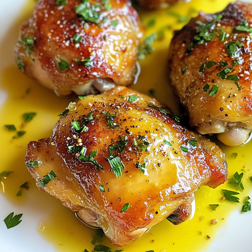 To make Honey Mustard Chicken Thighs, you will need the following items: - 4 bone-in, skin-on chicken thighs - 1/4 cup honey - 1/4 cup Dijon mustard - 2 tablespoons apple cider vinegar - 3 cloves garlic, minced - 1 teaspoon dried thyme - 1 teaspoon paprika - Salt and pepper to taste - 2 tablespoons olive oil - Fresh parsley, chopped (for garnish) Each serving of this dish is full of flavor and nutrition. It provides protein from the chicken thighs. The honey and mustard add natural sweetness and tang. Garlic and herbs give extra taste. On average, one serving includes: - Calories: 350 - Protein: 25g - Carbohydrates: 15g - Fat: 20g - Fiber: 1g To prepare this dish, you will need a few key tools: - A large oven-safe skillet - A whisk for mixing - A small bowl for the sauce - A meat thermometer to check doneness - Paper towels for drying the chicken These tools help you cook the chicken thighs perfectly. The skillet allows for easy searing and baking. A meat thermometer ensures your chicken is safe to eat. {{ingredient_image_1}} First, you need to preheat your oven to 400°F (200°C). This step is key for even cooking. While it heats, grab a small bowl. In this bowl, whisk together the honey, Dijon mustard, apple cider vinegar, minced garlic, dried thyme, paprika, salt, and pepper. Mix until it is smooth and well combined. Next, take the chicken thighs and pat them dry with paper towels. This helps the skin crisp up nicely. Season both sides with salt and pepper for extra flavor. Now, let’s get cooking! Heat two tablespoons of olive oil in a large oven-safe skillet over medium-high heat. Once the oil is hot, place the chicken thighs in the skillet, skin-side down. Sear them for about 5-7 minutes. Look for golden brown skin. This step adds a lot of flavor. When the skin is crispy, flip the chicken thighs so the skin side is up. Pour the honey mustard sauce over the chicken. Make sure to coat it well. Now, it’s time to bake! Carefully transfer the skillet to your preheated oven. Bake the chicken for 25-30 minutes. You want the internal temperature to reach 165°F (75°C) for safe eating. Use a meat thermometer for accuracy. Once done, take the skillet from the oven and let the chicken rest for a few minutes. This helps keep it juicy. Finally, garnish with freshly chopped parsley for a nice touch and added flavor. Enjoy your delicious Honey Mustard Chicken Thighs! To get crispy skin on chicken thighs, start with dry skin. Pat the thighs dry with paper towels. This helps the skin crisp up nicely. Heat olive oil in your skillet. Add the chicken skin-side down to sear it. Cook for 5-7 minutes until golden brown. Don't rush this step; it's key for crispiness. You can boost flavors with simple tweaks. Add fresh herbs like rosemary or thyme. They bring out the taste in the honey mustard sauce. For a spicy kick, mix in some hot sauce or cayenne pepper. This makes the dish more exciting. Experiment and find what you enjoy most. One mistake is not searing the chicken long enough. This can lead to soggy skin. Another is not checking the temperature. Use a meat thermometer to ensure it reaches 165°F (75°C). Lastly, don't skip letting the chicken rest. This keeps it juicy and flavorful before serving. Pro Tips Pat the Chicken Dry: Ensuring the chicken skin is dry before searing helps achieve that perfect crispy texture. Use a Meat Thermometer: To avoid overcooking, check the internal temperature of the chicken; it should reach 165°F (75°C) for safety. Let it Rest: Allow the chicken to rest for a few minutes after baking; this helps retain its juices for a more flavorful bite. Adjust the Sauce: Feel free to tweak the sweetness or tanginess of the honey mustard sauce by adding more honey or vinegar to suit your taste. {{image_2}} You can add herbs for extra flavor. Try using fresh rosemary or thyme. Just chop them finely and mix into your honey mustard sauce. This adds a fresh taste and makes the dish smell great while cooking. You can also sprinkle some herbs on top before serving for a lovely look. If you like heat, add some spice! Mix in cayenne pepper or hot sauce into your honey mustard sauce. Start with a small amount, taste it, and add more if you want more heat. This variation gives a nice kick that pairs well with the sweet honey. For grilling, make a honey mustard marinade. Use the same ingredients, but let the chicken marinate for at least an hour. This helps the flavors soak into the meat. Grill the thighs over medium heat until they reach 165°F (75°C). You get a smoky flavor that is perfect for summer cookouts! After enjoying Honey Mustard Chicken Thighs, you may have some leftovers. The best way to store them is in an airtight container. Allow the chicken to cool to room temperature first. Then, place it in the fridge. It will stay fresh for up to three days. Make sure to keep the sauce with the chicken for extra flavor. When you are ready to eat your leftovers, reheating is easy. You can use the oven or microwave. For the oven, preheat it to 350°F (175°C). Place the chicken in a dish and cover it with foil. Heat for about 15-20 minutes. If using a microwave, place the chicken on a plate. Cover it with a damp paper towel. Heat for about 2-3 minutes, checking to ensure it warms evenly. If you want to save the chicken for later, freezing works well. Wrap each piece tightly in plastic wrap. Then, place them in a freezer-safe bag. Make sure to remove as much air as possible. You can freeze the chicken for up to three months. When you're ready to eat, thaw it in the fridge overnight before reheating. This keeps the chicken juicy and tasty. Yes, you can use boneless chicken thighs. They will cook faster than bone-in thighs. Adjust the cooking time to about 20-25 minutes. Check for an internal temperature of 165°F (75°C) to ensure they are safe to eat. Boneless thighs may be a bit juicier since they have less fat. To know if your chicken is done, use a meat thermometer. Insert it into the thickest part of the thigh. The chicken should reach an internal temperature of 165°F (75°C). You can also cut into the thigh. If the juices run clear and the meat is no longer pink, it is cooked fully. You can serve Honey Mustard Chicken Thighs with a variety of sides. Here are some great options: - Steamed broccoli or green beans - Creamy mashed potatoes - Mixed green salad with vinaigrette - Rice or quinoa for a hearty base - Roasted vegetables for added flavor These sides will balance the sweet and tangy flavors of the chicken. Enjoy your meal! In this post, I covered everything you need for Honey Mustard Chicken Thighs. We talked about the best ingredients, cooking steps, and handy tips. You learned how to achieve crispy skin and avoid common mistakes. I also shared delicious variations to try and storage tips for leftovers. In closing, enjoy cooking this dish. It’s easy, tasty, and perfect for sharing.