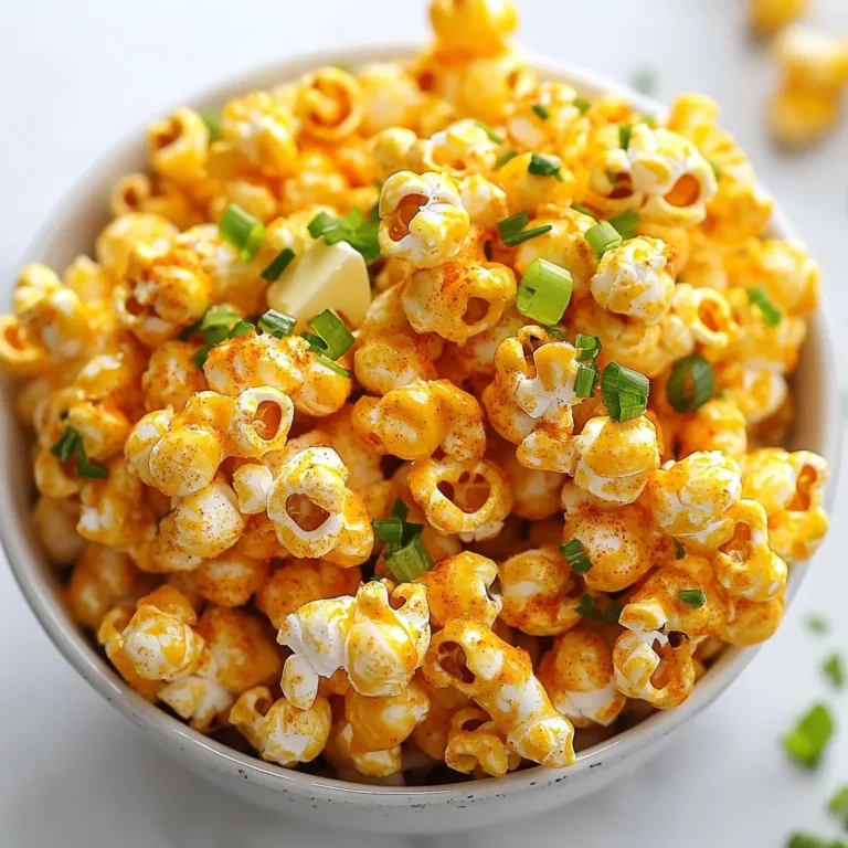 - 1/2 cup popcorn kernels - 2 tablespoons vegetable oil - 1 teaspoon garlic powder - 1 teaspoon onion powder - 1 teaspoon dried dill - 1 teaspoon smoked paprika - 1 teaspoon ranch seasoning mix - 1/4 cup buffalo sauce - 2 tablespoons melted butter - Salt to taste - Optional: chopped green onions for garnish To make Buffalo Ranch Popcorn, gather these simple ingredients. First, you need popcorn kernels. This is the base of your snack. Next, vegetable oil helps the kernels pop. Garlic and onion powders add great flavor. Dried dill and smoked paprika bring unique tastes to the mix. Ranch seasoning mix gives that classic ranch flavor. Buffalo sauce is key for the heat and tang. Don’t forget melted butter; it helps the spices stick. Lastly, add salt to taste. You can even use chopped green onions for a fresh touch. Having these ingredients ready makes cooking easy and fun. This snack is great for movie nights or parties. You can adjust the spice to fit your taste. Try it out, and enjoy every crunchy bite! {{ingredient_image_1}} 1. Heat 2 tablespoons of vegetable oil in a large pot over medium-high heat. 2. Add 1/2 cup of popcorn kernels to the hot oil. 3. Cover the pot, leaving it slightly open. This lets steam escape. 4. Shake the pot every few seconds. This helps prevent burning. 5. Listen carefully. When the popping slows to about 2 seconds between pops, remove it from heat. 1. In a small bowl, mix together: - 1 teaspoon garlic powder - 1 teaspoon onion powder - 1 teaspoon dried dill - 1 teaspoon smoked paprika - 1 teaspoon ranch seasoning mix - Salt to taste 2. Stir well to combine all the spices evenly. 1. In another small bowl, combine: - 2 tablespoons melted butter - 1/4 cup buffalo sauce 2. Mix until the butter and sauce blend smoothly. 1. Once the popcorn is done, transfer it to a large mixing bowl. 2. Drizzle the buffalo sauce mixture over the popcorn. 3. Sprinkle the seasoning mix over the popcorn too. 4. Gently toss everything together. This helps coat each piece evenly. 1. For a fun snack, serve the popcorn in colorful paper cones or a big popcorn bucket. 2. You can also put small bowls of extra buffalo sauce on the side for dipping. 3. If you like, garnish with chopped green onions for a fresh touch. To make your Buffalo Ranch Popcorn even tastier, you can add more spices. Try adding cayenne pepper for heat. A pinch of smoked salt gives a nice touch too. You can also switch ranch seasoning for a taco mix for a new twist. Adjust the spice levels to fit your taste. If you love heat, try more buffalo sauce. For a milder flavor, use less. Remember, you can always start small and add more as you mix. For great popcorn, you have two main methods: stovetop and microwave. On the stovetop, heat the oil and add kernels. Cover the pot but leave a small crack for steam. Shake the pot to keep the kernels moving. This way, they pop evenly. If you prefer the microwave, use a microwave-safe bowl with a vented lid. Add kernels and cook them according to the package instructions. Just watch closely, so you don't burn them. To lighten up your Buffalo Ranch Popcorn, consider a few swaps. Use air-popped popcorn instead of oil-popped. You can skip the butter or use olive oil for a healthier fat. For a lower-calorie sauce, try a yogurt-based ranch mix mixed with buffalo sauce. These changes keep the flavor while cutting some calories. You still enjoy a tasty snack, but feel better about it! Pro Tips Fresh Kernels: Always use fresh popcorn kernels for the best popping results. Old kernels may not pop well and can lead to a disappointing batch. Customize Your Spice: Feel free to adjust the amount of buffalo sauce and seasoning mix based on your personal heat preference. Start with less and add more if needed! Garnish for Color: Add chopped green onions or even crumbled blue cheese on top for added flavor and a pop of color to your popcorn. Storage Tips: If you have leftovers, store the popcorn in an airtight container to keep it fresh and crunchy. Avoid moisture, which can make it soggy. {{image_2}} To make your popcorn spicier, add more hot sauce. You can also sprinkle in cayenne pepper or chili powder. These extra spices give your popcorn a bold kick. Just mix them in with the seasoning before tossing. Taste as you go to find your perfect heat level. For a cheesy twist, use cheese seasoning or cheese powder. You can find these in most grocery stores. Just add about two tablespoons to the seasoning mix. The cheese will melt into the warm popcorn and create a savory flavor. This combo of cheese and buffalo sauce is a crowd-pleaser. If you want a sweet flavor, try adding caramel or honey. Drizzle a little over the popcorn after tossing it with buffalo sauce. The sweetness balances out the heat nicely. You can choose how much you like based on your taste. This fun twist makes your snack even more exciting! To keep your Buffalo Ranch Popcorn fresh, use an airtight container. This helps keep moisture out. I recommend glass jars or plastic containers with tight lids. You can also use resealable bags. Just make sure to squeeze as much air out as you can. Store it in a cool, dry place away from sunlight. When stored correctly, your popcorn can stay fresh for up to two weeks. If you notice it getting stale, it’s time to eat it! The flavors will fade, and the crunchiness will disappear. Always check for any signs of spoilage before enjoying your snack. If your popcorn loses its crunch, don’t worry. You can easily bring it back to life. Preheat your oven to 250°F (120°C). Spread the popcorn on a baking sheet in a single layer. Bake for about 5 to 10 minutes. Keep an eye on it to avoid burning. Let it cool before serving again. Enjoy that crispy goodness! Buffalo Ranch Popcorn is a spicy and flavorful snack. It combines the heat of buffalo sauce with the coolness of ranch dressing. This mix of tastes makes each bite exciting. The popcorn is crunchy and bursting with flavor. It is perfect for movie nights or game days. Yes, you can use microwave popcorn. Just skip the popping step. Choose plain popcorn without butter for the best results. Once popped, drizzle the buffalo sauce and sprinkle the seasoning mix. Adjust the buffalo sauce to your taste, as microwave popcorn can be saltier. Making buffalo ranch seasoning is easy! Here’s a simple recipe: - 1 teaspoon garlic powder - 1 teaspoon onion powder - 1 teaspoon dried dill - 1 teaspoon smoked paprika - 1 teaspoon ranch seasoning mix - Salt to taste Mix all the spices in a bowl. You can store it in an airtight container for later use. This homemade seasoning adds great flavor to your popcorn! Yes, Buffalo Ranch Popcorn can be gluten-free. Just ensure the buffalo sauce and ranch seasoning mix are gluten-free. Many brands offer gluten-free options. Always check the labels to be safe. This makes it a tasty snack for those with gluten sensitivities! We explored how to make Buffalo Ranch Popcorn step-by-step. You learned the right ingredients, popping methods, and flavor tips. We shared ways to store it and answered common questions. This snack is not just tasty; it’s fun to make. You can modify the recipe to suit your taste. Enjoy sharing this treat with friends or family. Whether you want it spicy, cheesy, or sweet, the possibilities are endless. Grab your ingredients and start popping!