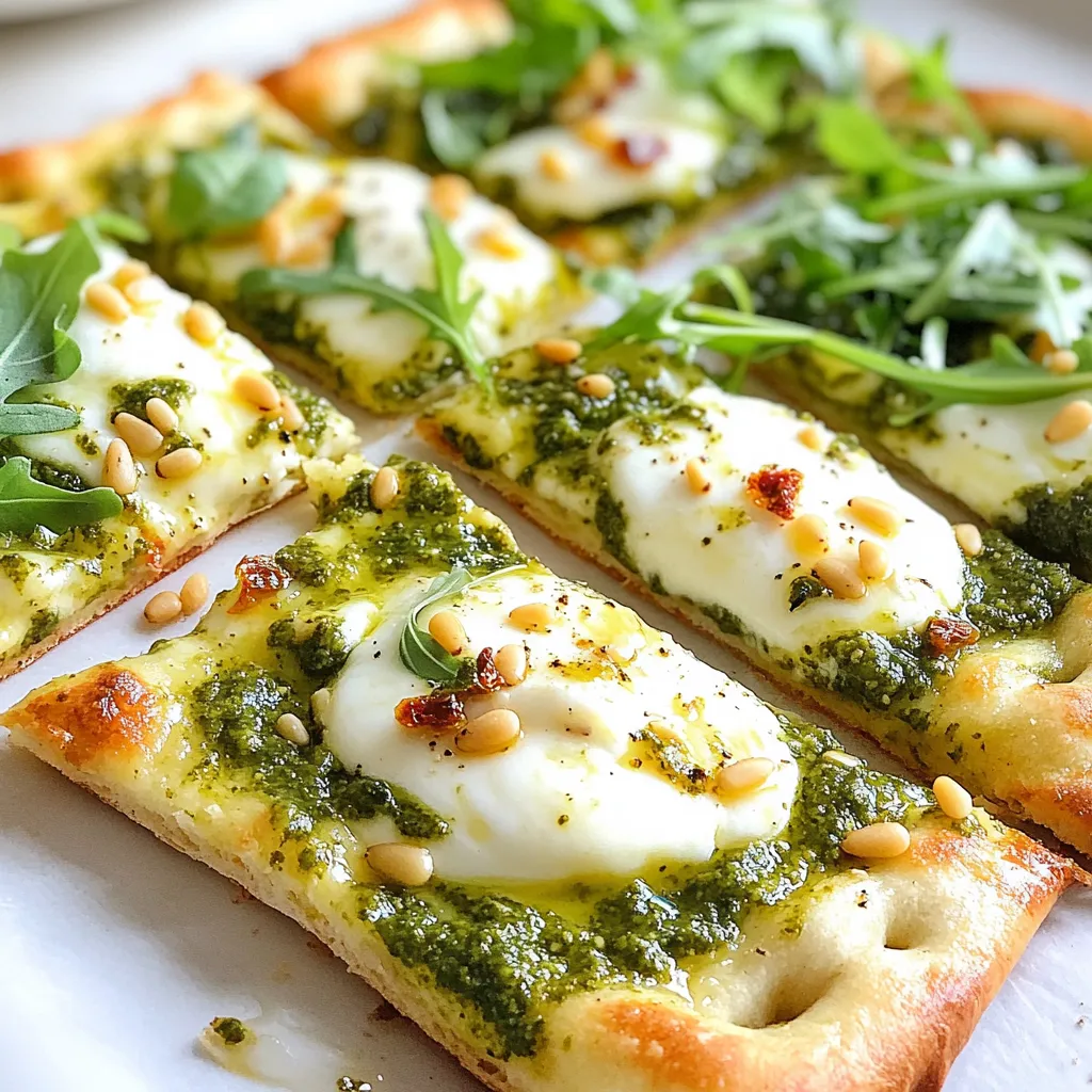 To make this tasty flatbread, you need the following ingredients: - 1 cup sun-dried tomatoes in oil, drained and chopped - 1 cup fresh basil leaves - 1/2 cup pine nuts (toasted) - 1/2 cup grated Parmesan cheese - 2 garlic cloves, minced - 1/2 cup olive oil - Salt and pepper to taste - 4 pieces of store-bought flatbread or naan - 1 cup fresh mozzarella cheese, sliced - 1 cup arugula (for topping, optional) You can swap some ingredients if needed. Here are a few ideas: - Sun-dried tomatoes: Use roasted red peppers for a different flavor. - Basil: Try spinach or arugula for a fresh taste. - Pine nuts: Walnuts or almonds work well if you have them. - Parmesan cheese: Grana Padano or nutritional yeast for a vegan option. - Fresh mozzarella: Go for goat cheese or feta for a tangy twist. Having the right tools makes cooking easier. For this recipe, gather: - A food processor for making pesto - A baking sheet for the flatbreads - Parchment paper to line the baking sheet - A sharp knife for slicing cheese - Measuring cups for accurate amounts With these ingredients and tools, you are ready to create a delicious sun-dried tomato pesto flatbread. Enjoy the cooking process! {{ingredient_image_1}} First, grab your food processor. Add 1 cup of sun-dried tomatoes in oil, drained and chopped. Then, toss in 1 cup of fresh basil leaves, 1/2 cup of toasted pine nuts, 1/2 cup of grated Parmesan cheese, and 2 minced garlic cloves. Pulse everything until blended well. Slowly pour in 1/2 cup of olive oil while processing. Keep blending until your pesto is smooth and creamy. Add salt and pepper to taste. This pesto packs a punch of flavor! Now, preheat your oven to 400°F (200°C). While it heats, lay out 4 pieces of store-bought flatbread or naan on a baking sheet lined with parchment paper. Spread a generous layer of your sun-dried tomato pesto on each flatbread. Don’t be shy! Next, place slices of fresh mozzarella cheese on top of the pesto. Each bite will be cheesy and delicious. Bake your flatbreads in the oven for about 10-12 minutes. Watch for the cheese to melt and bubble. Once done, take them out and let them cool slightly. For a fresh touch, top with arugula for a peppery flavor and vibrant color. Enjoy your savory sun-dried tomato pesto flatbread warm, and share with friends or family! To get the most flavor from your sun-dried tomatoes, use ones packed in oil. The oil adds richness. You can also add a splash of balsamic vinegar for some tang. Mixing in fresh herbs, like parsley or oregano, brightens the taste. Feel free to adjust the seasoning. Tasting as you go helps find the perfect balance. For a smooth pesto, process the ingredients well. Start with the sun-dried tomatoes, basil, and nuts. Then, add the cheese and garlic. Slowly pour in the olive oil while mixing. This method creates a creamy texture. If your pesto is too thick, add more oil. If it’s too thin, add more nuts or cheese. One common mistake is overprocessing the pesto. This can turn it into a paste. Keep it slightly chunky for better texture. Another mistake is not tasting while cooking. Always taste your pesto before spreading it on the flatbread. Also, be careful not to burn the cheese in the oven. Check it regularly for a perfect melt. Pro Tips Use Quality Ingredients: Choose high-quality sun-dried tomatoes and fresh basil for the best flavor in your pesto. Toast the Pine Nuts: Toasting the pine nuts enhances their flavor, making your pesto even more delicious. Experiment with Cheese: Try substituting Parmesan with Pecorino Romano for a sharper taste or add a mix of cheeses for depth. Serve Fresh: Enjoy the flatbreads immediately after baking for the best texture and flavor, topped with fresh arugula. {{image_2}} You can easily make this flatbread vegetarian or vegan. For a vegetarian version, just use your favorite cheese. I love using mozzarella or ricotta for a creamy touch. To make it vegan, swap out the cheese for a plant-based alternative. Nutritional yeast adds a cheesy flavor without dairy. You can also use a little cashew cream for richness. If you need gluten-free flatbread, look for gluten-free naan or pita bread. There are many brands available today. You can also make your own flatbread using almond flour or other gluten-free flours. Just be sure to check the labels to keep it safe. Feel free to mix up the toppings. Try adding sliced olives, roasted red peppers, or fresh spinach. You can also use different cheeses, like feta or goat cheese, for a unique taste. For a spicy kick, sprinkle some red pepper flakes on top. Each topping will give a new twist to the flatbread and keep it exciting! To keep your Sun-Dried Tomato Pesto Flatbread fresh, store it in an airtight container. Make sure the flatbread is completely cool before sealing. This helps prevent moisture buildup. You can also wrap each flatbread in plastic wrap before placing them in the container. This keeps them nice and tasty. Properly stored, your leftovers can last up to three days in the fridge. Reheating your flatbread is easy and quick. Preheat your oven to 350°F (175°C). Place the flatbread on a baking sheet. Heat for about 5-7 minutes or until warm. This keeps the flatbread crispy. You can also use a skillet on low heat. Cook each side for about 2-3 minutes. Avoid using the microwave, as it can make the flatbread soggy. Freezing is a great way to save your Sun-Dried Tomato Pesto Flatbread for later. First, let the flatbread cool completely. Wrap each piece tightly in plastic wrap. Then, place them in a freezer-safe bag or container. Label the bag with the date. You can freeze them for up to three months. To enjoy, thaw in the fridge overnight and reheat as mentioned above. You can use roasted red peppers. They add a sweet flavor. You can also try fresh tomatoes. Just dry them in the oven for a few hours. This gives a similar taste. Yes, you can. Make the pesto a day before. Store it in a jar in the fridge. Just cover it with olive oil to keep it fresh. Serve the flatbread with a side salad. A mix of greens works great. You can also add grilled chicken or shrimp. This makes it a hearty meal. Pair the flatbread with a light wine. A crisp white wine complements it well. You can also serve it with olives or a cheese platter. This adds more flavor and fun to your meal. You now have all you need to create delicious Sun-Dried Tomato Pesto Flatbread. We covered the key ingredients and their substitutions, plus the tools and steps for preparation. Don’t forget the tips that help build flavor and texture. Whether you prefer vegetarian, vegan, or gluten-free, there’s a version for you. Store leftovers properly and enjoy them later. This flatbread can impress anyone at your table. Make it fun and tasty for you and your family. Enjoy every bite!