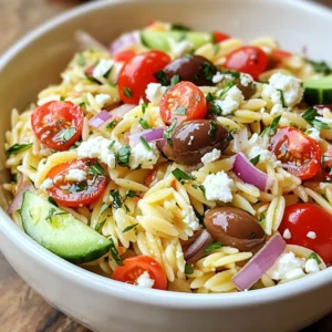 - 1 cup orzo pasta - 2 cups water - 1 cup cherry tomatoes, halved - 1 cucumber, diced - 1/2 red onion, finely chopped - 1/2 cup Kalamata olives, pitted and sliced - 1/2 cup feta cheese, crumbled - 1/4 cup fresh parsley, chopped - 1/4 cup olive oil - 2 tablespoons red wine vinegar (or lemon juice for a twist) - 1 teaspoon dried oregano - Salt and pepper to taste For this Greek orzo salad, you can easily adjust the measurements. If you need more salad, just double the recipe. If you are short on ingredients, here are some quick swaps: - Use penne or farro instead of orzo for a different pasta. - Swap cherry tomatoes for diced bell peppers for added crunch. - Instead of red onion, use green onions for a milder taste. - If you don’t have Kalamata olives, regular black olives work fine. - For a vegan option, skip the feta or use a plant-based cheese. This salad is not just tasty; it’s also healthy. Here’s a breakdown per serving: - Calories: 300 - Protein: 10g - Fat: 18g - Carbohydrates: 30g - Fiber: 2g - Sodium: 400mg This Greek orzo salad is full of fresh flavors and nutrients. It’s a perfect side dish for any meal, and you can feel good serving it. {{ingredient_image_1}} Start by boiling 2 cups of water in a medium pot. Add 1 cup of orzo pasta and a pinch of salt. Cook the orzo for about 8 to 10 minutes. You want it to be al dente, which means firm to the bite. After cooking, drain the orzo and rinse it with cold water. This stops the cooking and cools it down. In a large mixing bowl, add the halved cherry tomatoes, diced cucumber, and chopped red onion. Next, slice the Kalamata olives and toss them in. Finally, add 1/4 cup of chopped fresh parsley. This mix brings a fresh taste and bright colors to your salad. In a small bowl, whisk together 1/4 cup of olive oil and 2 tablespoons of red wine vinegar. If you want a twist, use lemon juice instead. Add 1 teaspoon of dried oregano, salt, and pepper to taste. This dressing adds a rich flavor to your salad. Add the cooled orzo to the vegetable mixture in the bowl. Pour the dressing over the top. Gently toss everything together. You want all the ingredients to be evenly coated. This step blends the flavors well. Before serving, sprinkle crumbled feta cheese on top. Give it one last gentle toss. Let the salad sit at room temperature for 10 to 15 minutes. This time helps the flavors mix and deepen. Serve it in a large bowl, with extra parsley and feta on top for a lovely presentation. To make perfect orzo, start with boiling water. Use two cups of water for one cup of orzo. Add a pinch of salt before cooking. This helps the orzo absorb flavor. Stir the orzo gently while it cooks. This prevents it from sticking together. Cook until it is al dente, usually 8-10 minutes. Drain and rinse it with cold water. This stops the cooking process and keeps it firm. Fresh herbs make this salad pop. I love using parsley for its bright taste. Chopped parsley adds color and freshness. You can also add fresh dill or mint for a unique twist. Try mixing different herbs to find your favorite blend. The more fresh herbs you use, the more flavor you get. Don’t be shy to experiment with your herb choices. When serving, choose a large bowl or platter. This allows you to show off the colorful ingredients. Garnish with extra parsley and crumbled feta on top. This makes the dish look inviting. For added flair, add lemon wedges on the side. They give a nice burst of flavor when squeezed over the salad. Let the salad sit for 10-15 minutes before serving. This helps the flavors blend beautifully. Enjoy your vibrant Greek Orzo Salad with Feta! Pro Tips Cooking Orzo Perfectly: Ensure you cook the orzo in well-salted boiling water and stir occasionally to prevent sticking. Drain it before it becomes too soft for the best texture. Fresh Ingredients Matter: Use the freshest vegetables and herbs you can find for a burst of flavor. This salad shines with vibrant produce! Let It Rest: Allow the salad to sit at room temperature for 10-15 minutes before serving. This resting time helps the flavors meld beautifully. Customization Options: Feel free to customize this salad by adding grilled chicken, chickpeas, or other favorite vegetables to enhance its heartiness. {{image_2}} You can easily change this salad to fit your taste. Adding protein makes it more filling. Grilled chicken or shrimp can be great choices. You might also try chickpeas for a vegetarian option. Just toss them in when you mix the veggies. Switching up the dressing can add a fun twist. Instead of red wine vinegar, try balsamic for a sweeter taste. You can also mix in some honey for a touch of sweetness. If you want a zestier flavor, use lime juice instead of lemon. Each change brings a new flavor to your salad. This salad shines in every season. In summer, add fresh corn or bell peppers for crunch. In fall, include roasted butternut squash for warmth. Winter can bring in hearty greens like spinach or kale. Each season offers new tastes to explore in your Greek Orzo Salad with Feta. To keep your Greek Orzo Salad fresh, store it in an airtight container. This keeps out air and moisture. I like to portion it into smaller containers. This way, you can grab a quick bite later. Make sure to use the salad within three days for the best taste. Keep the salad in the fridge. The cool temperature helps maintain the crunch of the veggies. If you plan to store it for longer, add the feta just before serving. This keeps it from getting too soggy. You can also add more dressing if needed, to revive the flavor. You can enjoy this salad cold or at room temperature. I recommend not reheating it in the microwave. The orzo may become mushy. Instead, let it sit out for a bit before eating. If you want some warmth, try adding the leftovers to a skillet for a quick sauté. This gives it a fresh taste again! Yes, you can make this salad ahead of time. It tastes better after sitting. The flavors blend nicely when stored. Just keep it in the fridge. If you want a substitute for feta cheese, try goat cheese. You can also use ricotta or a dairy-free option. These will still give a nice taste. This salad lasts about 3 to 5 days in the fridge. Make sure to store it in an airtight container. If it gets watery, just drain some liquid before eating. Yes, whole grain orzo works well in this salad. It adds more fiber and nutrients. The taste will be a bit nuttier, but it’s delicious! In this post, we explored the ingredients needed for Greek Orzo Salad and their measurements. I shared step-by-step instructions on cooking orzo and making a tasty dressing. You learned helpful tips and variations to customize your dish. We also covered the best ways to store leftovers. Overall, this salad is easy to make and packed with flavor. Enjoy experimenting with different ingredients to make it your own!