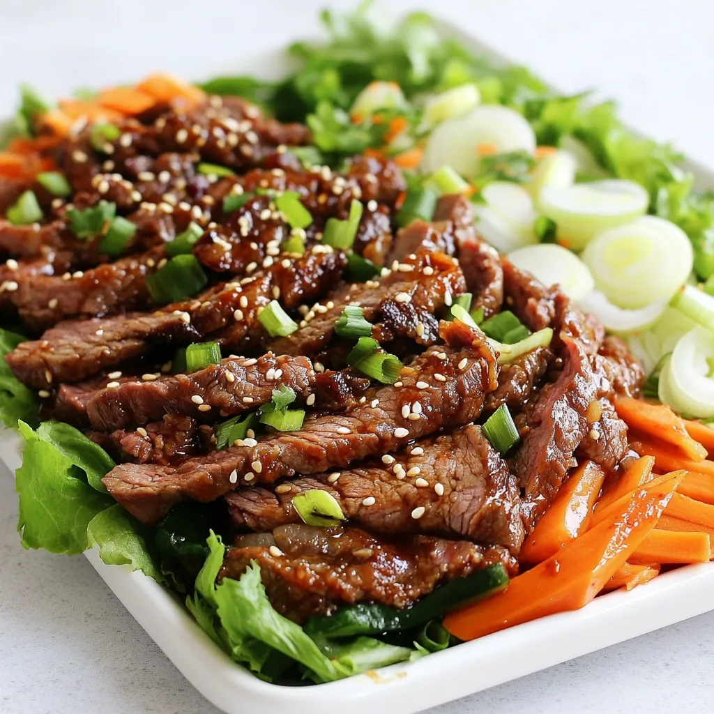 To make this dish, gather these key ingredients: - 1 lb thinly sliced beef ribeye or sirloin - 1 medium onion, sliced - 1 carrot, julienned - 4 green onions, chopped - Leafy greens (like lettuce or perilla leaves) for serving The marinade gives bulgogi its great taste. You will need: - 4 tablespoons soy sauce - 2 tablespoons brown sugar - 1 tablespoon gochujang (Korean chili paste) - 2 tablespoons sesame oil - 3 cloves garlic, minced - 1-inch piece ginger, grated - 1 tablespoon rice vinegar - 1 teaspoon black pepper For a finishing touch, you can add: - 1 tablespoon sesame seeds - Extra chopped green onions These ingredients mix to create a mouthwatering dish that stands out. Each one plays a role in making the flavors pop. The beef is tender and the veggies add crunch and color. Enjoy the process of preparing this tasty meal! {{ingredient_image_1}} Start by gathering your ingredients. You will need soy sauce, brown sugar, gochujang, sesame oil, minced garlic, grated ginger, rice vinegar, and black pepper. In a large bowl, mix these ingredients together. Whisk them until the brown sugar dissolves completely. This marinade gives the beef its special flavor. Next, take your thinly sliced beef ribeye or sirloin and add it to the marinade. Make sure each piece is coated well. Cover the bowl with plastic wrap and place it in the fridge. Let it marinate for at least 30 minutes. For the best taste, let it sit for a few hours. The longer it sits, the more flavor it will absorb. When you are ready to cook, heat a non-stick skillet or grill pan over medium-high heat. Once hot, add the marinated beef in a single layer. Save the marinade for later use. Cook the beef for about 4-5 minutes. Stir it often until it browns and caramelizes. Halfway through, add the sliced onion and julienned carrot. After the beef is cooked, pour the reserved marinade over everything. Stir well to coat. Cook for an additional 2-3 minutes until the sauce thickens. Finally, sprinkle with sesame seeds and chopped green onions before serving. To get the real taste of bulgogi, use fresh ingredients. Thinly sliced beef ribeye or sirloin works best. The marinating time matters. Ideally, let the beef soak for a few hours. This allows the flavors to blend well. The gochujang adds the heat. Adjust the amount based on your taste. Sesame oil brings a nice nuttiness. Don't skip the garlic and ginger; they add depth. One common mistake is not marinating long enough. If you rush, the beef won't soak up the flavors. Another issue is cooking at too low a heat. This can make the beef tough instead of tender. Make sure your pan is hot before adding the beef. Lastly, avoid overcrowding the pan. Cook in batches if needed. This way, the beef caramelizes instead of steaming. You can cook bulgogi in several ways. A non-stick skillet works great for quick cooking. A grill pan adds a nice char. If you have a grill, that’s even better! Cooking on high heat gives the best flavor. If you like, you can also use an air fryer for a healthier option. Just make sure to adjust the time and temperature for even cooking. Pro Tips Marinate Longer for Better Flavor: For the best results, marinate the beef for at least 2 hours, or overnight if possible. This allows the flavors to deeply penetrate the meat, creating a more flavorful dish. Use a Hot Pan: Ensure your skillet or grill pan is hot before adding the beef. This helps in achieving a nice sear and caramelization, which enhances the overall flavor and texture. Customize Your Spice Level: Adjust the amount of gochujang to suit your heat preference. If you enjoy a milder taste, start with less and add more to your liking. Fresh Ingredients Matter: Using fresh garlic, ginger, and high-quality beef will elevate your bulgogi. Fresh ingredients provide a vibrant flavor that dried or older ingredients may lack. {{image_2}} You can use various cuts for bulgogi. Ribeye and sirloin are popular, but you can try flank or skirt steak. These cuts add different textures and flavors. If you want leaner meat, choose tenderloin. Each cut gives a unique taste to your dish. You can make bulgogi without meat. Use tofu or tempeh as a base. Marinate these just like beef. You can also use mushrooms for a meaty texture. Portobello or shiitake work great. They soak up flavors well and make a tasty dish. Sides can change the bulgogi experience. You can serve it with rice or noodles. Add kimchi for a spicy kick. Try pickled vegetables for crunch. You can also use leafy greens for wraps. Each side adds its own flavor to the meal. After cooking, let your spicy Korean beef bulgogi cool. Place it in an airtight container. You can store it in the fridge for up to three days. The flavors will deepen as it sits. Before serving, you may need to stir it well. If you want to keep bulgogi longer, freezing is a great option. Make sure it cools completely. Use a freezer-safe container or bag, removing as much air as possible. It can last up to three months in the freezer. When you freeze, label the container with the date. This way, you know when to use it. To reheat, you can use a skillet on medium heat. Add a splash of water or oil to prevent sticking. Stir often until it is heated through. If you prefer, you can also microwave it. Place the bulgogi in a microwave-safe dish. Cover it loosely and heat for 1-2 minutes. Check that it is hot all the way through. Spicy Korean Beef Bulgogi is a popular dish from Korea. It features thin slices of beef, often ribeye or sirloin, marinated in a mix of flavor-rich ingredients. The marinade includes soy sauce, brown sugar, gochujang, and sesame oil. This dish is known for its sweet and spicy taste, with hints of garlic and ginger. When cooked, the beef becomes tender and slightly caramelized. Bulgogi is often served with leafy greens, which you can use to wrap the beef and veggies. To make Bulgogi less spicy, reduce or omit the gochujang. You can replace it with more brown sugar or add some ketchup for sweetness. Another option is to use a mild chili paste instead. You can also add more soy sauce and sesame oil. This keeps the dish flavorful without the heat. Always taste the marinade before adding the beef to adjust the spice level to your liking. Bulgogi pairs well with many side dishes. Here are some great options: - Steamed rice - Kimchi - Pickled vegetables - Stir-fried vegetables - Miso soup - Korean pancakes You can also serve it with leafy greens like lettuce or perilla leaves. This way, everyone can make their own wraps. Enjoying Bulgogi with these sides adds to the meal and enhances the flavors. In this article, we covered the key ingredients and steps to create Spicy Korean Beef Bulgogi. I shared tips for authentic flavor, how to avoid common mistakes, and variations to explore. Remember, cooking can be fun and creative! Experiment with different meats and garnishes to make the dish your own. Plus, proper storage keeps leftovers fresh for later meals. Enjoy this delicious dish that brings warmth and joy to your table. Happy cooking!