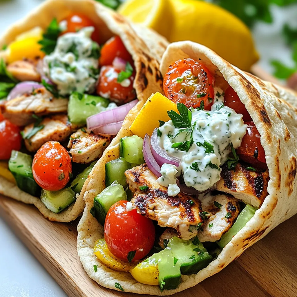 To make Greek chicken stuffed pitas, you'll need some tasty ingredients. Here’s a list: - 2 boneless, skinless chicken breasts - 1 tablespoon olive oil - 2 teaspoons dried oregano - 1 teaspoon garlic powder - Salt and pepper to taste - 4 whole wheat pitas - 1 cup cherry tomatoes, halved - 1 cucumber, diced - ½ red onion, thinly sliced - ½ cup feta cheese, crumbled - 1 cup plain Greek yogurt - 2 tablespoons lemon juice - Fresh parsley for garnish These ingredients create a fresh and flavorful meal. The chicken brings protein, while the veggies add crunch. Feta cheese gives each bite a salty kick, and the yogurt adds creaminess. For this recipe, boneless, skinless chicken breasts work best. They are easy to cook and season. Their mild flavor lets the spices shine through. You can also use chicken thighs if you prefer a juicier cut. Just remember to adjust the cooking time since thighs take longer to cook. Feel free to add your twist to the stuffed pitas. Here are some ideas: - Sliced olives for extra flavor - Bell peppers for more crunch - Spinach or arugula for added greens - Hummus instead of yogurt for a different spread These options let you personalize your meal. You can experiment and find what you enjoy most. {{ingredient_image_1}} To start, grab a bowl. Add 1 tablespoon of olive oil. Then, mix in 2 teaspoons of dried oregano and 1 teaspoon of garlic powder. Season this mix with salt and pepper to taste. This marinade packs in flavor and helps keep the chicken juicy. Rub the marinade all over 2 boneless, skinless chicken breasts. Make sure every bit of the chicken is coated. Let it sit for a few minutes to soak up the flavors. Next, preheat your grill or grill pan over medium-high heat. It should be hot, but not smoking. Place the marinated chicken on the grill. Grill each side for 6-7 minutes. The chicken is done when the juices run clear. Use a meat thermometer if you have one. The internal temperature should reach 165°F. After grilling, remove the chicken and let it rest for a few minutes. This step helps keep the juices inside. Now it’s time to assemble the pitas. First, warm the 4 whole wheat pitas in a skillet or microwave for about 10 seconds. This makes them soft and easy to fill. Open each pita pocket gently. Fill them with sliced grilled chicken. Then add cherry tomatoes, cucumber, and thinly sliced red onion. Don’t forget the feta cheese; sprinkle about ½ cup inside each pita. Finally, drizzle the quick tzatziki sauce made from Greek yogurt and lemon juice over the top. Garnish with fresh parsley for a bright touch. Serve right away with lemon wedges on the side for extra zing. To keep your chicken juicy, start with a good marinade. I mix olive oil, oregano, garlic powder, salt, and pepper. This blend adds flavor and moisture. Grill the chicken on medium-high heat for 6-7 minutes per side. When the chicken is done, let it rest for a few minutes. This resting time allows the juices to settle back in. Slicing it too soon can make it dry. For warm pitas, I recommend using a skillet or microwave. Heat them in a skillet on low for about 10 seconds. If using a microwave, wrap them in a damp paper towel. Heat for about 10 seconds as well. You want them soft and easy to fold. Don’t overheat, or they can become tough. To make the meal complete, serve the stuffed pitas with sides. A fresh Greek salad pairs well with these pitas. You can also add extra tzatziki sauce for dipping. For a fun twist, include some roasted veggies on the side. Fresh lemon wedges enhance the flavors, too. They add brightness and zing to each bite. Pro Tips Marinate for More Flavor: Allow the chicken to marinate in the olive oil and spice mixture for at least 30 minutes, or up to 2 hours, before grilling to enhance the flavor. Choose Fresh Ingredients: Use fresh vegetables and herbs for the filling to elevate the taste and texture of your pitas. Customize the Tzatziki: Add grated cucumber or minced garlic to your tzatziki sauce for an extra burst of flavor. Serve with a Side: Pair the stuffed pitas with a simple Greek salad or roasted vegetables for a complete meal. {{image_2}} You can easily add heat to your Greek chicken stuffed pitas. Start by mixing 1-2 teaspoons of cayenne pepper or red pepper flakes into the marinade. This simple change gives your chicken a spicy kick. Grilling the chicken with these spices will make each bite deliciously bold. You can also add sliced jalapeños inside the pita for extra heat. This spicy twist will impress anyone who loves a flavorful dish. If you want a meat-free option, you can use grilled vegetables instead of chicken. Try bell peppers, zucchini, and eggplant. Toss these veggies in the same marinade and grill them until tender. This vegetarian version keeps the flavors of Greek cooking while being lighter. You can also use falafel for a protein boost. Just fill your pitas with grilled veggies, feta, and tzatziki for a satisfying meal. Sauces can make your Greek chicken stuffed pitas even better. Tzatziki is classic, but you can try hummus for a creamy touch. A spicy harissa sauce adds a unique flavor and heat. For a tangy kick, use a lemon tahini dressing. Each sauce offers a new taste experience. Feel free to mix and match sauces based on your mood or guests. The right sauce makes each bite exciting and fresh. To store leftover stuffed pitas, start by letting them cool. Place them in an airtight container. This helps keep them fresh and tasty. You can also wrap each pita in plastic wrap for extra protection. Make sure to store them in the fridge. They should stay good for about 2 to 3 days. If you want to freeze your stuffed pitas, wrap each one tightly in plastic wrap. Then place them in a freezer bag. This helps to avoid freezer burn. When you’re ready to eat, take a pita out and let it thaw in the fridge overnight. To reheat, simply warm it in a skillet or microwave for about 10-15 seconds. This keeps the pita soft and the filling warm. The ingredients have different shelf lives. Here’s a quick look: - Chicken breasts: Fresh chicken lasts 1-2 days in the fridge. Cooked chicken stays good for about 3-4 days. - Whole wheat pitas: These can last up to a week in the pantry or a month in the freezer. - Cherry tomatoes: Fresh tomatoes stay good for about a week in the fridge. - Cucumber: A cucumber lasts about 5-7 days in the fridge. - Feta cheese: Unopened feta can last several months. Once opened, it’s best to use it within a week or two. - Greek yogurt: This can last 1-3 weeks past the sell-by date if unopened. Once opened, it lasts about 5-7 days. By following these tips, you can enjoy Greek chicken stuffed pitas for days! Yes, you can prepare Greek Chicken Stuffed Pitas ahead of time. Cook the chicken and let it cool. Slice it and store it in the fridge. You can also make the tzatziki sauce in advance. Just keep it in an airtight container. When you are ready to eat, warm the pitas and fill them with the chicken and toppings. This makes meal prep easy and quick! There are many tasty sides you can enjoy with Greek Chicken Stuffed Pitas. Here are some ideas: - Greek salad: Crispy cucumbers, juicy tomatoes, and olives. - Chips: Pita chips or veggie chips for crunch. - Roasted vegetables: Zucchini or bell peppers add color and taste. - Fruit salad: A light and sweet mix to balance the meal. These sides make your meal more fun and filling! Making Greek Chicken Stuffed Pitas healthier is easy. Here are some tips: - Choose whole wheat pitas: They have more fiber than regular pitas. - Add more veggies: Include spinach, bell peppers, or shredded carrots. - Use low-fat yogurt: This keeps the tzatziki creamy but lighter. - Limit feta cheese: Use just a sprinkle to cut down on fat and calories. These changes keep the dish flavorful while boosting its health benefits! Greek chicken stuffed pitas are easy and tasty. We covered key ingredients, like chicken and sauces, and shared helpful tips for grilling. You now know how to keep the chicken juicy and how to store leftovers. Feel free to get creative with variations, such as spicy options or vegetarian styles. This dish offers endless possibilities. Enjoy making it your own!