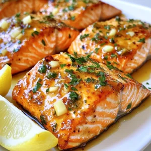 To craft the perfect honey garlic butter salmon, you will need a few simple yet tasty ingredients. Here’s what you should gather: - 4 salmon fillets (6 oz each) - 1/4 cup honey - 4 tablespoons unsalted butter - 4 cloves garlic, minced - 2 tablespoons soy sauce - 1 tablespoon Dijon mustard - 1 teaspoon fresh ginger, grated - Salt and pepper to taste - Fresh parsley, chopped (for garnish) - Lemon wedges (for serving) Each ingredient plays a key role in making this dish juicy and flavorful. The salmon fillets form the base, offering rich and flaky meat. Honey gives sweetness, while the butter adds a creamy texture. Garlic brings a punch of flavor, complemented by soy sauce and Dijon mustard for depth. Fresh ginger adds warmth, and salt and pepper balance it all. Don’t forget the parsley and lemon! They add freshness and brightness to every bite. Gather these ingredients, and you’re on your way to a delicious meal that’s sure to impress. {{ingredient_image_1}} First, prepare your salmon fillets. Make sure they are thawed if frozen. Pat them dry with a paper towel. This helps the skin crisp up. Next, mince the garlic. Use a sharp knife for this task. Chop it finely until it’s almost a paste. This releases its strong flavor into the dish. Now, grate the fresh ginger. Use a microplane for best results. This adds a nice zing to the sauce. Let’s start cooking! Melt the butter in a small saucepan over medium heat. Watch it closely so it doesn’t burn. Once melted, add the minced garlic. Sauté it for about a minute. You want it fragrant but not browned. Stir in the honey, soy sauce, Dijon mustard, and grated ginger. Cook this mixture for 2-3 minutes. You want it to thicken slightly. Remove it from heat and set it aside. Preheat your oven to 400°F (200°C). Line a baking sheet with parchment paper. This makes cleanup easy later. Place the salmon fillets on the baking sheet, skin-side down. Season them with salt and pepper. Brush the honey garlic butter mixture over each fillet. Be generous, but save some sauce for later. Bake the salmon for 12-15 minutes. It should flake easily with a fork when done. For a nice finish, broil the salmon for 1-2 minutes. This caramelizes the top and adds flavor. Once out of the oven, brush on more honey garlic butter sauce if you like. Garnish with fresh parsley for color and taste. Serve with lemon wedges on the side. The lemon adds brightness to the dish, making it extra tasty. How do I check doneness? To check if salmon is done, look for a few signs. The fish should be opaque and firm. Use a fork to see if it flakes easily. If it does, it’s ready. A food thermometer is great too. Aim for an internal temp of 145°F (63°C). How do I avoid dry salmon? To keep salmon juicy, don’t overcook it. Baking for 12-15 minutes usually works well. Brush it with honey garlic butter before cooking. Adding some butter on top helps lock in moisture. What other ingredients can I use? You can add flavors like red pepper flakes for a kick. Fresh herbs like dill or thyme work nicely too. For a tangy touch, try adding lemon zest. How do I adjust sweetness and seasoning? If you want it sweeter, add more honey. For a salty punch, use extra soy sauce. Always taste the sauce before you pour it on the salmon. You can tweak it to your liking. What are some alternative cooking methods? You can grill the salmon for a smoky flavor. Just preheat the grill and cook for about 6-8 minutes per side. You can also pan-sear it on the stove for a crispy skin. What’s the difference between grilling and baking? Baking gives you a soft, tender fish. Grilling adds a nice char and flavor. Both methods work well. Choose based on your taste or the equipment you have available. Pro Tips Choose Fresh Salmon: Select salmon fillets that have a bright color and smell fresh to ensure the best flavor and texture. Don’t Overcook: Salmon is best when cooked to a medium doneness; it should flake easily but still be moist. Use a meat thermometer for precision. Customize the Sauce: Feel free to adjust the sweetness or tanginess of the honey garlic butter by adding more honey or soy sauce to suit your taste. Broil for Extra Flavor: Broiling the salmon for the last few minutes adds a delicious caramelized finish. Keep an eye on it to avoid burning. {{image_2}} You can choose between wild-caught and farmed salmon. Wild-caught salmon has a richer taste and firmer texture. It is often preferred for its health benefits. Farmed salmon is usually milder and more affordable. It is easier to find in stores. You can also decide on skin-on or skinless salmon. Skin-on salmon has a nice crispy texture when cooked. It helps keep the fish moist during baking. Skinless salmon cooks faster, making it a great choice for quick meals. You can spice up your honey garlic butter salmon. Add red pepper flakes for a spicy kick. This adds heat and depth to the dish. You can also try a citrus-infused version. Squeeze fresh lemon or orange juice into the sauce. This adds freshness and brightens the flavors. Pair your salmon with tasty side dishes. Steamed vegetables, rice, or a fresh salad work well. These sides add color and nutrition to your plate. For meal prep ideas, cook extra salmon for later. You can store it in the fridge for quick lunches. A salmon salad or wrap makes a great next-day meal. To keep your honey garlic butter salmon fresh, store leftovers in the fridge. Place the salmon in an airtight container. This helps to keep moisture in and flavors intact. It’s best to eat the salmon within three days. If you want to store it longer, freeze the salmon. Wrap each piece tightly in plastic wrap. Then place them in a freezer bag. This way, you can enjoy your dish for up to three months. When you are ready to eat leftovers, reheating correctly makes a big difference. The best way to reheat salmon is in the oven. Preheat your oven to 275°F (135°C). Place the salmon on a baking sheet and cover it with foil. Heat for about 15 minutes. This method keeps the salmon moist. You can also use a microwave, but be careful. Heat it in short bursts to avoid drying it out. Honey garlic salmon lasts in the fridge for about three days. If you freeze it, it can last up to three months. To tell if the salmon has gone bad, look for color changes or a sour smell. If it smells off or looks dull, it's best to throw it away. Always trust your senses when it comes to food safety. If you need a substitute for honey, maple syrup works well. You can also try agave nectar. Both options give a sweet flavor. They match nicely with the butter and garlic. Adjust the amount to your taste. Yes, you can use frozen salmon. Just make sure to thaw it first. Place it in the fridge overnight or use cold water. This helps the salmon cook evenly. Cooking time may change slightly, so keep an eye on it. Eating undercooked salmon can be risky. It might contain harmful bacteria or parasites. I recommend cooking salmon to an internal temperature of 145°F (63°C). This ensures it is safe and flaky. To make honey garlic butter salmon gluten-free, swap soy sauce for tamari. Tamari is a great gluten-free choice. You can also find gluten-free soy sauce at stores. Just check the label for safety. Honey garlic butter salmon tastes great with many sides. Here are a few ideas: - Steamed vegetables like broccoli or green beans - Rice or quinoa for a hearty base - A fresh salad with lemon vinaigrette - Mashed potatoes for a comfort food feel These sides complement the salmon's sweet and savory flavors. This blog post covered how to cook a delicious honey garlic salmon. You learned about the key ingredients, step-by-step cooking, and tips to get it just right. Remember, freshness matters, and storing leftovers properly keeps them tasty. Feel free to try variations and enjoy different flavors. Cooking can be fun and easy! Experiment with side dishes to make meals unique. Enjoy your cooking adventure with honey garlic salmon!
