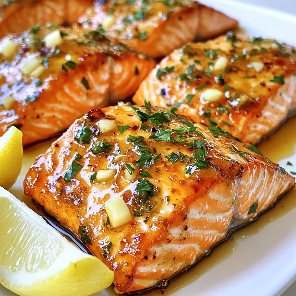 To craft the perfect honey garlic butter salmon, you will need a few simple yet tasty ingredients. Here’s what you should gather: - 4 salmon fillets (6 oz each) - 1/4 cup honey - 4 tablespoons unsalted butter - 4 cloves garlic, minced - 2 tablespoons soy sauce - 1 tablespoon Dijon mustard - 1 teaspoon fresh ginger, grated - Salt and pepper to taste - Fresh parsley, chopped (for garnish) - Lemon wedges (for serving) Each ingredient plays a key role in making this dish juicy and flavorful. The salmon fillets form the base, offering rich and flaky meat. Honey gives sweetness, while the butter adds a creamy texture. Garlic brings a punch of flavor, complemented by soy sauce and Dijon mustard for depth. Fresh ginger adds warmth, and salt and pepper balance it all. Don’t forget the parsley and lemon! They add freshness and brightness to every bite. Gather these ingredients, and you’re on your way to a delicious meal that’s sure to impress. {{ingredient_image_1}} First, prepare your salmon fillets. Make sure they are thawed if frozen. Pat them dry with a paper towel. This helps the skin crisp up. Next, mince the garlic. Use a sharp knife for this task. Chop it finely until it’s almost a paste. This releases its strong flavor into the dish. Now, grate the fresh ginger. Use a microplane for best results. This adds a nice zing to the sauce. Let’s start cooking! Melt the butter in a small saucepan over medium heat. Watch it closely so it doesn’t burn. Once melted, add the minced garlic. Sauté it for about a minute. You want it fragrant but not browned. Stir in the honey, soy sauce, Dijon mustard, and grated ginger. Cook this mixture for 2-3 minutes. You want it to thicken slightly. Remove it from heat and set it aside. Preheat your oven to 400°F (200°C). Line a baking sheet with parchment paper. This makes cleanup easy later. Place the salmon fillets on the baking sheet, skin-side down. Season them with salt and pepper. Brush the honey garlic butter mixture over each fillet. Be generous, but save some sauce for later. Bake the salmon for 12-15 minutes. It should flake easily with a fork when done. For a nice finish, broil the salmon for 1-2 minutes. This caramelizes the top and adds flavor. Once out of the oven, brush on more honey garlic butter sauce if you like. Garnish with fresh parsley for color and taste. Serve with lemon wedges on the side. The lemon adds brightness to the dish, making it extra tasty. How do I check doneness? To check if salmon is done, look for a few signs. The fish should be opaque and firm. Use a fork to see if it flakes easily. If it does, it’s ready. A food thermometer is great too. Aim for an internal temp of 145°F (63°C). How do I avoid dry salmon? To keep salmon juicy, don’t overcook it. Baking for 12-15 minutes usually works well. Brush it with honey garlic butter before cooking. Adding some butter on top helps lock in moisture. What other ingredients can I use? You can add flavors like red pepper flakes for a kick. Fresh herbs like dill or thyme work nicely too. For a tangy touch, try adding lemon zest. How do I adjust sweetness and seasoning? If you want it sweeter, add more honey. For a salty punch, use extra soy sauce. Always taste the sauce before you pour it on the salmon. You can tweak it to your liking. What are some alternative cooking methods? You can grill the salmon for a smoky flavor. Just preheat the grill and cook for about 6-8 minutes per side. You can also pan-sear it on the stove for a crispy skin. What’s the difference between grilling and baking? Baking gives you a soft, tender fish. Grilling adds a nice char and flavor. Both methods work well. Choose based on your taste or the equipment you have available. Pro Tips Choose Fresh Salmon: Select salmon fillets that have a bright color and smell fresh to ensure the best flavor and texture. Don’t Overcook: Salmon is best when cooked to a medium doneness; it should flake easily but still be moist. Use a meat thermometer for precision. Customize the Sauce: Feel free to adjust the sweetness or tanginess of the honey garlic butter by adding more honey or soy sauce to suit your taste. Broil for Extra Flavor: Broiling the salmon for the last few minutes adds a delicious caramelized finish. Keep an eye on it to avoid burning. {{image_2}} You can choose between wild-caught and farmed salmon. Wild-caught salmon has a richer taste and firmer texture. It is often preferred for its health benefits. Farmed salmon is usually milder and more affordable. It is easier to find in stores. You can also decide on skin-on or skinless salmon. Skin-on salmon has a nice crispy texture when cooked. It helps keep the fish moist during baking. Skinless salmon cooks faster, making it a great choice for quick meals. You can spice up your honey garlic butter salmon. Add red pepper flakes for a spicy kick. This adds heat and depth to the dish. You can also try a citrus-infused version. Squeeze fresh lemon or orange juice into the sauce. This adds freshness and brightens the flavors. Pair your salmon with tasty side dishes. Steamed vegetables, rice, or a fresh salad work well. These sides add color and nutrition to your plate. For meal prep ideas, cook extra salmon for later. You can store it in the fridge for quick lunches. A salmon salad or wrap makes a great next-day meal. To keep your honey garlic butter salmon fresh, store leftovers in the fridge. Place the salmon in an airtight container. This helps to keep moisture in and flavors intact. It’s best to eat the salmon within three days. If you want to store it longer, freeze the salmon. Wrap each piece tightly in plastic wrap. Then place them in a freezer bag. This way, you can enjoy your dish for up to three months. When you are ready to eat leftovers, reheating correctly makes a big difference. The best way to reheat salmon is in the oven. Preheat your oven to 275°F (135°C). Place the salmon on a baking sheet and cover it with foil. Heat for about 15 minutes. This method keeps the salmon moist. You can also use a microwave, but be careful. Heat it in short bursts to avoid drying it out. Honey garlic salmon lasts in the fridge for about three days. If you freeze it, it can last up to three months. To tell if the salmon has gone bad, look for color changes or a sour smell. If it smells off or looks dull, it's best to throw it away. Always trust your senses when it comes to food safety. If you need a substitute for honey, maple syrup works well. You can also try agave nectar. Both options give a sweet flavor. They match nicely with the butter and garlic. Adjust the amount to your taste. Yes, you can use frozen salmon. Just make sure to thaw it first. Place it in the fridge overnight or use cold water. This helps the salmon cook evenly. Cooking time may change slightly, so keep an eye on it. Eating undercooked salmon can be risky. It might contain harmful bacteria or parasites. I recommend cooking salmon to an internal temperature of 145°F (63°C). This ensures it is safe and flaky. To make honey garlic butter salmon gluten-free, swap soy sauce for tamari. Tamari is a great gluten-free choice. You can also find gluten-free soy sauce at stores. Just check the label for safety. Honey garlic butter salmon tastes great with many sides. Here are a few ideas: - Steamed vegetables like broccoli or green beans - Rice or quinoa for a hearty base - A fresh salad with lemon vinaigrette - Mashed potatoes for a comfort food feel These sides complement the salmon's sweet and savory flavors. This blog post covered how to cook a delicious honey garlic salmon. You learned about the key ingredients, step-by-step cooking, and tips to get it just right. Remember, freshness matters, and storing leftovers properly keeps them tasty. Feel free to try variations and enjoy different flavors. Cooking can be fun and easy! Experiment with side dishes to make meals unique. Enjoy your cooking adventure with honey garlic salmon!