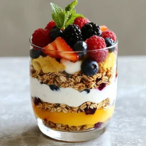 To make a Mixed Berry Yogurt Parfait, you need simple and fresh ingredients. Here is what you will need: - 2 cups Greek yogurt (plain or vanilla) - 1 cup mixed berries (strawberries, blueberries, raspberries, blackberries) - 1/2 cup granola (your favorite brand or homemade) - 2 tablespoons honey or maple syrup (optional for sweetness) - 1 teaspoon vanilla extract (optional) - Fresh mint leaves for garnish These ingredients work together to create a treat that is both tasty and healthy. Greek yogurt is thick and creamy, which gives the parfait a rich texture. The mixed berries offer bright colors and bursts of flavor. Granola adds a nice crunch, making every bite exciting. You can adjust the sweetness with honey or maple syrup if you like. Fresh mint leaves at the end make the parfait look pretty and fresh. Choosing high-quality ingredients is key. Look for ripe berries at the store. They should be firm and vibrant. For yogurt, plain Greek yogurt gives you the most control over flavor. If you want a sweet kick, use vanilla yogurt instead. Make sure to pick granola that has whole ingredients. You can also use homemade granola for a personal touch. With these ingredients, you can create a delicious parfait that is easy to make and fun to eat. {{ingredient_image_1}} First, rinse the mixed berries under cold water. This step removes any dirt or chemicals. Next, if you are using strawberries, hull them by removing the green tops. Then, slice the strawberries into small pieces. After rinsing, pat the berries dry with a paper towel. This keeps the parfait from getting soggy. Set the berries aside for later use. In a medium bowl, combine the Greek yogurt with your choice of sweetener. You can use honey or maple syrup for a touch of sweetness. If you like, add a teaspoon of vanilla extract for flavor. Stir the mixture until it is smooth. This will give the yogurt a nice taste and creamy texture. Adjust the sweetness to your liking by adding more sweetener if needed. Grab your favorite serving glasses or bowls. Start with a layer of the sweetened yogurt, about one-third of a cup. On top of the yogurt, add a spoonful of mixed berries. Then, sprinkle a layer of granola. Repeat these layers until the glasses are filled to the top. Finish with a final layer of berries on top. Aim for nice, even layers to make the parfait look appealing. Now, it’s time to add some garnishes. Top each parfait with a few extra berries and a sprig of fresh mint. This adds color and a fresh touch. To let the flavors blend, chill the parfaits in the refrigerator for about 10 to 15 minutes. This step enhances the taste and makes the parfaits even more enjoyable when served. To get creamy yogurt layers, start with high-quality Greek yogurt. Mix your yogurt with honey or maple syrup for sweetness. This helps the yogurt become smooth and tasty. Chilling the yogurt is important too. It makes the parfait refreshing and improves the flavors. After you layer the parfait, let it chill for about 10-15 minutes in the fridge. This allows the ingredients to blend well. Serve your parfaits in clear glassware. This way, people can see the beautiful layers of yogurt, berries, and granola. You can use mason jars, wine glasses, or even dessert bowls. For garnishing, try adding fresh mint leaves on top. You can also sprinkle some extra granola or berries for color. This makes your parfait eye-catching and fun to eat. If you want a lighter option, use low-fat yogurt. It still tastes great and keeps the parfait creamy. You can also switch up the granola. Try using nuts, seeds, or oats instead of regular granola. This adds different textures and flavors. These small changes can make your parfait even healthier while keeping it delicious. Pro Tips Berry Selection: Choose a mix of ripe and seasonal berries for the best flavor and freshness. Yogurt Consistency: For a creamier parfait, use full-fat Greek yogurt, or try blending it with a bit of milk. Granola Crunch: Add granola just before serving to maintain its crunchiness and avoid sogginess. Make Ahead: Prepare the yogurt and berries in advance, but layer them just before serving for the best texture. {{image_2}} You can switch up the fruit in your parfait for fun. Instead of just mixed berries, try other berries like cranberries or gooseberries. You can also add tropical fruits like mango or kiwi. These fruits bring a bright taste and make your parfait colorful. If you want a dairy-free option, try coconut or soy yogurt. Both have a creamy texture and great taste. You can also use flavored yogurt for a twist. Think of options like strawberry or peach yogurt to add extra flavor. If you want to make your granola at home, it's easy! Mix oats, nuts, and honey. Bake until golden for a crunchy treat. If you don’t want granola, try nuts or seeds instead. They add crunch and healthy fats, boosting nutrition without the grains. To keep your mixed berry yogurt parfait fresh, store it in the refrigerator. Use airtight containers to prevent air from getting in. Glass jars or plastic containers work well. If you are using glasses, cover them with plastic wrap. This way, your parfait stays tasty and looks nice. You can keep parfaits fresh for about two days in the fridge. After this time, they may not taste as good. Watch for signs of spoilage, like off smells or mold. If the berries look mushy, it's best to toss them. Always trust your senses! If you have leftover yogurt, berries, or granola, store them separately. This keeps each part fresh longer. You can make a new parfait later or add the yogurt to smoothies. Use leftover granola as a topping for oatmeal or yogurt. This way, nothing goes to waste! You can keep your Mixed Berry Yogurt Parfaits in the fridge for up to three days. After that, the berries may lose their freshness. I recommend covering them well to keep air out. This will help maintain the taste and texture. Yes, you can use frozen berries! Just thaw them first and drain any excess water. Frozen berries work well and can be a great option when fresh ones are not in season. They still pack a lot of flavor and nutrients. The best granola for your parfait is one that you enjoy. Look for options with whole grains and low added sugar. You can also choose nutty or fruity granola for extra flavor. Homemade granola is a fun choice too! To make a vegan parfait, use plant-based yogurt. Almond, coconut, or soy yogurt are great choices. You can sweeten with maple syrup instead of honey. This keeps your parfait tasty and friendly for all diets. You can add many toppings to your parfait! Some great ideas include nuts, seeds, or coconut flakes. You can also drizzle nut butter or add chocolate chips for a special touch. Get creative and make it your own! You learned how to make delicious mixed berry yogurt parfaits. We covered easy steps, from preparing berries to layering ingredients. You can switch fruits or use different yogurt types and granola options. Remember to store your parfaits correctly to keep them fresh. With these tips, you can enjoy joyful, healthy snacks any time. Experiment with flavors and enjoy the fun of creating your parfait masterpiece!