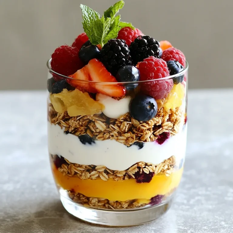 To make a Mixed Berry Yogurt Parfait, you need simple and fresh ingredients. Here is what you will need: - 2 cups Greek yogurt (plain or vanilla) - 1 cup mixed berries (strawberries, blueberries, raspberries, blackberries) - 1/2 cup granola (your favorite brand or homemade) - 2 tablespoons honey or maple syrup (optional for sweetness) - 1 teaspoon vanilla extract (optional) - Fresh mint leaves for garnish These ingredients work together to create a treat that is both tasty and healthy. Greek yogurt is thick and creamy, which gives the parfait a rich texture. The mixed berries offer bright colors and bursts of flavor. Granola adds a nice crunch, making every bite exciting. You can adjust the sweetness with honey or maple syrup if you like. Fresh mint leaves at the end make the parfait look pretty and fresh. Choosing high-quality ingredients is key. Look for ripe berries at the store. They should be firm and vibrant. For yogurt, plain Greek yogurt gives you the most control over flavor. If you want a sweet kick, use vanilla yogurt instead. Make sure to pick granola that has whole ingredients. You can also use homemade granola for a personal touch. With these ingredients, you can create a delicious parfait that is easy to make and fun to eat. {{ingredient_image_1}} First, rinse the mixed berries under cold water. This step removes any dirt or chemicals. Next, if you are using strawberries, hull them by removing the green tops. Then, slice the strawberries into small pieces. After rinsing, pat the berries dry with a paper towel. This keeps the parfait from getting soggy. Set the berries aside for later use. In a medium bowl, combine the Greek yogurt with your choice of sweetener. You can use honey or maple syrup for a touch of sweetness. If you like, add a teaspoon of vanilla extract for flavor. Stir the mixture until it is smooth. This will give the yogurt a nice taste and creamy texture. Adjust the sweetness to your liking by adding more sweetener if needed. Grab your favorite serving glasses or bowls. Start with a layer of the sweetened yogurt, about one-third of a cup. On top of the yogurt, add a spoonful of mixed berries. Then, sprinkle a layer of granola. Repeat these layers until the glasses are filled to the top. Finish with a final layer of berries on top. Aim for nice, even layers to make the parfait look appealing. Now, it’s time to add some garnishes. Top each parfait with a few extra berries and a sprig of fresh mint. This adds color and a fresh touch. To let the flavors blend, chill the parfaits in the refrigerator for about 10 to 15 minutes. This step enhances the taste and makes the parfaits even more enjoyable when served. To get creamy yogurt layers, start with high-quality Greek yogurt. Mix your yogurt with honey or maple syrup for sweetness. This helps the yogurt become smooth and tasty. Chilling the yogurt is important too. It makes the parfait refreshing and improves the flavors. After you layer the parfait, let it chill for about 10-15 minutes in the fridge. This allows the ingredients to blend well. Serve your parfaits in clear glassware. This way, people can see the beautiful layers of yogurt, berries, and granola. You can use mason jars, wine glasses, or even dessert bowls. For garnishing, try adding fresh mint leaves on top. You can also sprinkle some extra granola or berries for color. This makes your parfait eye-catching and fun to eat. If you want a lighter option, use low-fat yogurt. It still tastes great and keeps the parfait creamy. You can also switch up the granola. Try using nuts, seeds, or oats instead of regular granola. This adds different textures and flavors. These small changes can make your parfait even healthier while keeping it delicious. Pro Tips Berry Selection: Choose a mix of ripe and seasonal berries for the best flavor and freshness. Yogurt Consistency: For a creamier parfait, use full-fat Greek yogurt, or try blending it with a bit of milk. Granola Crunch: Add granola just before serving to maintain its crunchiness and avoid sogginess. Make Ahead: Prepare the yogurt and berries in advance, but layer them just before serving for the best texture. {{image_2}} You can switch up the fruit in your parfait for fun. Instead of just mixed berries, try other berries like cranberries or gooseberries. You can also add tropical fruits like mango or kiwi. These fruits bring a bright taste and make your parfait colorful. If you want a dairy-free option, try coconut or soy yogurt. Both have a creamy texture and great taste. You can also use flavored yogurt for a twist. Think of options like strawberry or peach yogurt to add extra flavor. If you want to make your granola at home, it's easy! Mix oats, nuts, and honey. Bake until golden for a crunchy treat. If you don’t want granola, try nuts or seeds instead. They add crunch and healthy fats, boosting nutrition without the grains. To keep your mixed berry yogurt parfait fresh, store it in the refrigerator. Use airtight containers to prevent air from getting in. Glass jars or plastic containers work well. If you are using glasses, cover them with plastic wrap. This way, your parfait stays tasty and looks nice. You can keep parfaits fresh for about two days in the fridge. After this time, they may not taste as good. Watch for signs of spoilage, like off smells or mold. If the berries look mushy, it's best to toss them. Always trust your senses! If you have leftover yogurt, berries, or granola, store them separately. This keeps each part fresh longer. You can make a new parfait later or add the yogurt to smoothies. Use leftover granola as a topping for oatmeal or yogurt. This way, nothing goes to waste! You can keep your Mixed Berry Yogurt Parfaits in the fridge for up to three days. After that, the berries may lose their freshness. I recommend covering them well to keep air out. This will help maintain the taste and texture. Yes, you can use frozen berries! Just thaw them first and drain any excess water. Frozen berries work well and can be a great option when fresh ones are not in season. They still pack a lot of flavor and nutrients. The best granola for your parfait is one that you enjoy. Look for options with whole grains and low added sugar. You can also choose nutty or fruity granola for extra flavor. Homemade granola is a fun choice too! To make a vegan parfait, use plant-based yogurt. Almond, coconut, or soy yogurt are great choices. You can sweeten with maple syrup instead of honey. This keeps your parfait tasty and friendly for all diets. You can add many toppings to your parfait! Some great ideas include nuts, seeds, or coconut flakes. You can also drizzle nut butter or add chocolate chips for a special touch. Get creative and make it your own! You learned how to make delicious mixed berry yogurt parfaits. We covered easy steps, from preparing berries to layering ingredients. You can switch fruits or use different yogurt types and granola options. Remember to store your parfaits correctly to keep them fresh. With these tips, you can enjoy joyful, healthy snacks any time. Experiment with flavors and enjoy the fun of creating your parfait masterpiece!