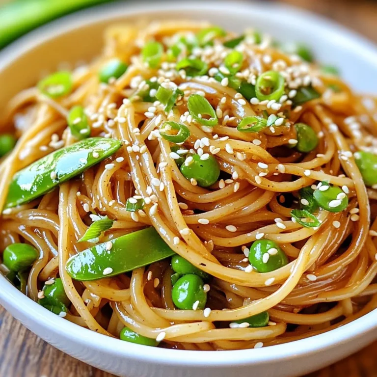 To make Honey Garlic Sesame Noodles, gather these simple items. Each ingredient plays a vital role in building flavor. - 8 oz. whole wheat spaghetti or noodles of choice - 3 tablespoons honey - 4 tablespoons soy sauce - 2 tablespoons sesame oil - 3 cloves garlic, minced - 1 teaspoon fresh ginger, grated - 1 tablespoon rice vinegar - 1 tablespoon sesame seeds - 2 green onions, sliced - 1 cup snap peas or broccoli florets - Salt and pepper to taste Whole wheat spaghetti gives the dish a hearty base. Honey adds sweetness, while soy sauce brings umami. Sesame oil contributes a nutty flavor. Fresh garlic and ginger provide warmth and depth. Rice vinegar adds a hint of tang. Don’t forget the snap peas or broccoli! They add crunch and color. Green onions on top give a fresh kick. Season with salt and pepper to taste. With these ingredients, you’ll create a dish full of flavor and texture. {{ingredient_image_1}} To cook the noodles, bring a large pot of salted water to a boil. Add 8 oz. of whole wheat spaghetti or your favorite noodles. Cook them according to the package instructions until they are al dente, which means firm to the bite. This usually takes about 8 to 10 minutes. To check for doneness, taste a noodle. If it is too hard, give it a minute more. Once they are done, drain the noodles and set them aside. Next, we need to make the honey garlic sauce. In a mixing bowl, combine 3 tablespoons of honey, 4 tablespoons of soy sauce, and 2 tablespoons of sesame oil. Add 3 minced garlic cloves and 1 teaspoon of grated fresh ginger. Finally, pour in 1 tablespoon of rice vinegar. Whisk all the ingredients together until they mix well. A good whisking technique is to start slowly and then speed up. This helps blend the flavors nicely. Now, it’s time to sauté the vegetables. In a large skillet, heat a splash of water or a little sesame oil over medium heat. Add 1 cup of snap peas or broccoli florets. Cook them for about 3 to 4 minutes. You want the veggies to be tender-crisp, which means they should be soft but still have a little crunch. Once the vegetables are ready, it’s time to combine everything. Add the cooked noodles to the skillet with the vegetables. Pour the honey garlic sauce over them. Toss everything together gently. This step is important because you want the noodles to be evenly coated in the sauce. This ensures each bite is full of flavor. For the final touches, sprinkle 1 tablespoon of sesame seeds and 2 sliced green onions over the dish. Add salt and pepper to taste. Toss the noodles again to mix in these garnishes. For a nice presentation, serve the noodles in large, shallow bowls. Top with extra sesame seeds and green onions for a pop of color and texture. To make your honey garlic sesame noodles even better, you can add extra flavors. A pinch of chili flakes gives a spicy kick. If you like it sweeter, add more honey. For saltiness, use a bit more soy sauce. Taste your sauce as you mix it. Adjust it until it’s just right for you! Preventing noodles from sticking is key. After cooking, rinse them with cold water. This cools them down and stops the cooking. Toss them in a little sesame oil, too. When sautéing veggies, use a hot pan. Add a splash of water to help them cook. Stir them often, so they stay tender but crisp. Serving your noodles well makes them look great. Use large, shallow bowls for a nice touch. Sprinkle extra sesame seeds and green onions on top. This adds color and crunch. You can even serve with chopsticks for fun! Make sure to keep it simple but appealing. Pro Tips Choose Your Noodles Wisely: Whole wheat spaghetti adds a nutty flavor and more fiber compared to regular noodles, making your dish healthier. Customize Your Veggies: Feel free to substitute snap peas with other vegetables like bell peppers or carrots for added color and nutrition. Adjust Sweetness: Depending on your taste preference, you can reduce the honey for a less sweet dish or add extra for a sweeter flavor. Perfect Presentation: For an eye-catching plate, serve the noodles with a drizzle of sesame oil and a sprinkle of sesame seeds right before serving. {{image_2}} You can swap whole wheat spaghetti for other noodles. Try rice noodles for a gluten-free option. Shirataki noodles are low in carbs and calories. They add a unique texture and soak up the sauce well. You can also use zucchini noodles for a fresh twist. Just spiralize zucchini and sauté them lightly. Feel free to mix up the veggies. Bell peppers add sweetness and color. Carrots bring a nice crunch and bright flavor. You can use bok choy for a crunchy texture or kale for added nutrition. Spinach wilts nicely and adds a pop of green. Just remember to sauté them until they are tender-crisp for the best bite. For a heartier meal, add protein. Chicken is a classic choice. Cook it in the skillet before adding veggies. Shrimp cooks quickly and adds a nice flavor. Tofu is perfect for a vegetarian option. Just cube it and sauté until golden. Each protein will enhance the dish and make it more filling. To keep your honey garlic sesame noodles fresh, store them in airtight containers. This helps prevent drying out and keeps flavors intact. Divide the noodles and veggies into separate portions. This way, they stay fresh longer. Use glass or BPA-free plastic containers for best results. Label them with the date, so you know when to use them. When reheating, you want to keep the noodles tasty and soft. Use a skillet on low heat. Add a splash of water or sesame oil to help steam and warm the noodles. Stir gently to avoid sticking. Heat for about five minutes. Check if it’s warm throughout. If using a microwave, cover the bowl and heat for 1-2 minutes. Stir halfway to ensure even heating. You can use many kinds of noodles for this dish. I love whole wheat spaghetti because it adds a nice texture. You can also try rice noodles or soba noodles. Both of these options work well. If you want a gluten-free option, use rice noodles. They soak up the sauce nicely. Just make sure to follow the cooking time on the package for best results. Yes, you can. This dish is great for meal prep. You can cook the noodles and store them in the fridge for up to three days. Store the sauce separately in an airtight container. When you are ready to eat, just reheat the noodles and mix in the sauce. If you add veggies, do this right before serving for the best texture. This makes it easy to enjoy a quick meal during a busy week. To make this dish vegan, you can replace honey with maple syrup or agave nectar. Both options add sweetness. Ensure your soy sauce is gluten-free if needed. You can also skip the sesame oil and use olive oil instead. This will still give you a tasty dish without any animal products. Enjoy your vegan honey garlic sesame noodles without losing flavor! This blog post guided you through making tasty honey garlic sesame noodles. You learned about the key ingredients, like whole wheat noodles and fresh veggies. We covered cooking tips for perfect noodles and how to make a rich sauce. You can tweak flavors and add proteins to suit your taste. Remember to store leftovers properly and reheat them without losing their charm. Enjoy creating and sharing this dish with others! Your kitchen adventures just got a little sweeter.