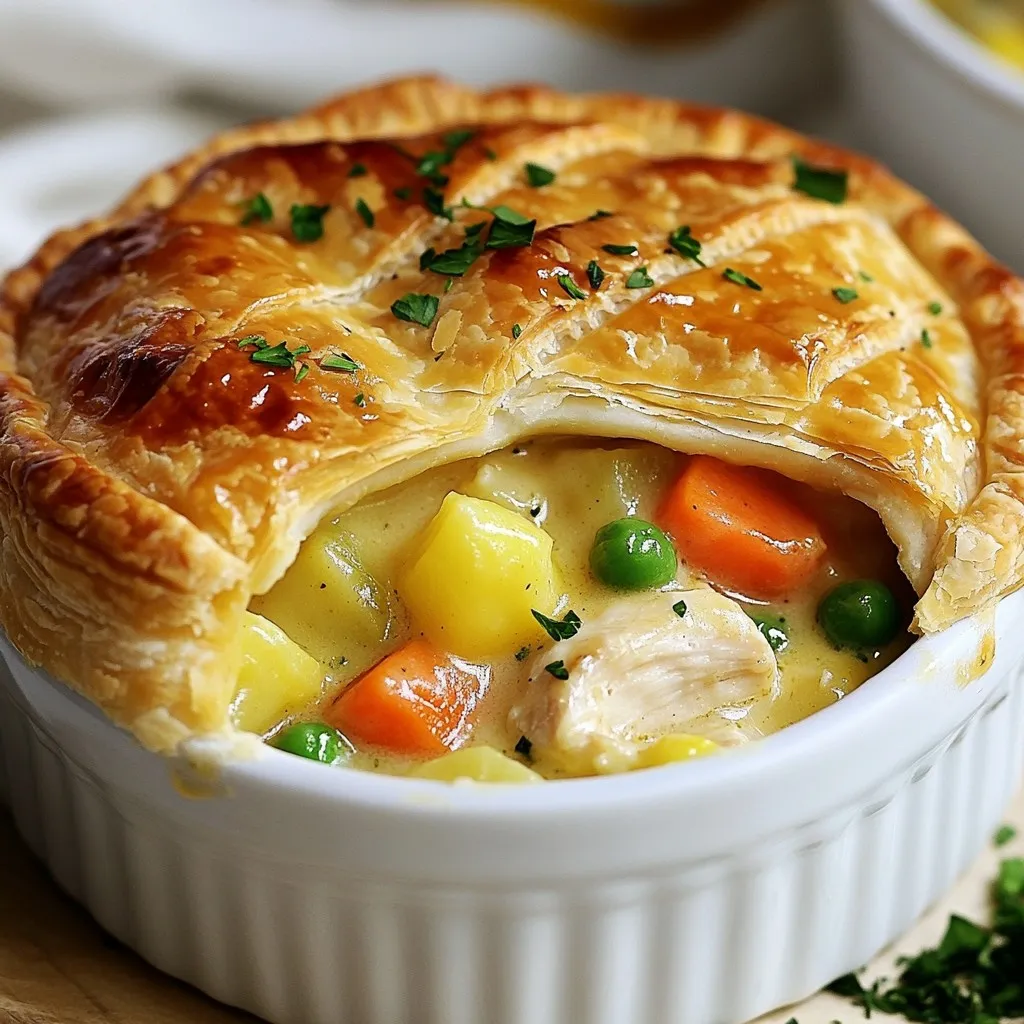 For a classic chicken pot pie, you need these main ingredients: - 1 lb boneless, skinless chicken breasts, diced - 1 cup carrots, diced - 1 cup peas (fresh or frozen) - 1 cup potatoes, diced - 1/2 cup celery, diced - 1 onion, finely chopped - 4 tablespoons unsalted butter - 1/3 cup all-purpose flour - 2 cups chicken broth - 1 cup whole milk - 1 teaspoon dried thyme - 1 teaspoon garlic powder - Salt and pepper to taste - 1 package (2 crusts) refrigerated pie crusts - 1 egg, beaten (for egg wash) These ingredients come together to create a warm, hearty dish. The chicken provides protein, while the veggies add flavor and nutrients. The butter and flour form the base of a creamy sauce, making each bite rich and satisfying. To enhance your pot pie, consider these optional garnishes: - Fresh chopped parsley - Cracked black pepper - A sprinkle of paprika Garnishes add color and flavor. They make the dish look appealing and taste even better. Keep these pantry staples on hand to make this dish easier: - Olive oil - Chicken bouillon cubes - Bay leaves Having these items ready helps you whip up this comforting meal whenever you want. They can boost the flavor and make cooking smoother. {{ingredient_image_1}} Start by gathering all your ingredients. You need 1 pound of chicken breasts. Dice them into small pieces. Next, prepare 1 cup of diced carrots, 1 cup of peas, and 1 cup of diced potatoes. Don’t forget to chop 1/2 cup of celery and 1 onion finely. In a large skillet, melt 4 tablespoons of unsalted butter over medium heat. Add the onion, carrots, and celery. Cook for about 5 minutes, until the onion looks clear. Then, add the diced chicken. Cook until the chicken is no longer pink, which takes about 7-8 minutes. Once the chicken is cooked, sprinkle 1/3 cup of all-purpose flour on top. Stir it well to coat everything. This helps to thicken the filling. Cook for 1-2 minutes to remove the raw taste of the flour. Gradually pour in 2 cups of chicken broth and 1 cup of whole milk. Stir as you pour to mix it well. Bring this mixture to a simmer. It will start to thicken. Add in the peas, diced potatoes, 1 teaspoon of dried thyme, 1 teaspoon of garlic powder, and season with salt and pepper. Stir well and simmer for another 5 minutes until the filling is heated through. Remove it from heat. Roll out one pie crust and place it in a 9-inch pie dish. Spoon the chicken filling into the crust, spreading it evenly. Roll out the second crust and lay it over the filling. Crimp the edges to seal the pie, then cut several slits in the top for steam to escape. To make it golden, brush the top crust with a beaten egg. Preheat your oven to 425°F (220°C). Bake the pie for 30-35 minutes or until the crust is golden brown and the filling bubbles. Once done, let it cool for 10 minutes before slicing and serving. Enjoy your warm, comforting chicken pot pie! To make a great pie crust, start with cold ingredients. Use chilled butter and ice water. This helps create a flaky texture. Roll out the dough evenly. Aim for a thickness of about 1/8 inch. If the dough cracks, just press it back together. Chill the crust for 30 minutes before baking. This sets the shape and prevents shrinkage. For a golden look, brush the top with beaten egg before baking. Herbs and spices bring life to your pot pie. Dried thyme adds warmth and depth. A teaspoon is enough to make a difference. Garlic powder gives a nice flavor without being strong. Feel free to add other herbs like rosemary or parsley. Fresh herbs can also boost the taste. Just chop them finely and stir them into the filling. Avoid overcooking the chicken. It should be cooked until just no longer pink. Overcooked chicken can turn dry and tough. Be careful not to add too much flour. It can make the filling too thick. Stir gently when adding broth and milk to prevent lumps. Lastly, don’t forget to cut slits in the top crust. This allows steam to escape and keeps your crust from getting soggy. Pro Tips Use Leftover Chicken: This recipe is a great way to use up leftover rotisserie chicken, which will save you time in the cooking process. Vegetable Variations: Feel free to add or substitute vegetables like corn or green beans based on your preferences or what you have on hand. Make Ahead: You can prepare the filling in advance and store it in the refrigerator. Just assemble and bake the pie when you are ready to enjoy it. Perfect Crust: For an extra flaky crust, ensure your butter is cold and handle the dough as little as possible. {{image_2}} You can make a tasty vegetarian pot pie. Start by swapping out chicken for mushrooms or tofu. Use vegetable broth instead of chicken broth. This way, you keep the creamy filling while enjoying plant-based goodness. Add more vegetables like zucchini or bell peppers. They add color and flavor. Feel free to mix in your favorite veggies. Corn, green beans, or even butternut squash work well. Each veggie brings unique taste and texture. Just make sure to cook the vegetables enough before adding them to the pie. This step ensures everything is tender and delicious. You can also change the spices to match the veggies you choose. Using leftover chicken makes this dish quick and easy. Simply shred or chop the chicken into bite-sized pieces. This way, you cut down on cooking time. Rotisserie chicken is a great option. It’s tasty and saves you time. Just remember to adjust the seasoning, as rotisserie chicken can be salty. Enjoy the ease of using what you have for a cozy meal. To keep leftover pot pie fresh, let it cool first. Cover it tightly with plastic wrap or aluminum foil. You can also place it in an airtight container. Store it in the fridge for up to three days. This helps keep the flavors intact and the crust from getting soggy. When ready to eat, preheat your oven to 350°F (175°C). Place the pot pie on a baking sheet. Cover it with aluminum foil to prevent the crust from burning. Heat for about 20 to 25 minutes. If you want a crispier crust, remove the foil for the last 5 to 10 minutes. This makes the crust flaky and delicious. You can freeze chicken pot pie for later use. Before baking, wrap it well in plastic wrap and then in foil. This helps prevent freezer burn. You can freeze it for up to three months. When you are ready to bake it, do not thaw. Preheat your oven to 425°F (220°C) and bake it for about 50 to 60 minutes. Check for a golden crust and bubbly filling. Yes, you can use frozen vegetables. They save time and still taste great. Just add them in the same step as the fresh peas. They will cook in the filling. Frozen vegetables are convenient and often just as nutritious. You can tell the pot pie is done when the crust is golden brown. The filling should also bubble around the edges. Bake it for 30-35 minutes. If it looks golden and smells amazing, it’s ready to eat! Chicken pot pie pairs well with simple sides. You can serve it with a fresh salad or steamed veggies. Mashed potatoes also make a nice side. For a cozy meal, add some warm bread on the side. Enjoy your comforting meal! This blog post showed you how to make a classic chicken pot pie. You learned about key ingredients, like chicken and vegetables, and optional garnishes. The step-by-step guide made it easy to prep and bake the pie. You discovered tips for a flaky crust and common mistakes to avoid. We also explored fun variations and how to store leftovers. Enjoy this comforting dish with your loved ones, and remember, you can adapt it to your taste! Happy cooking!