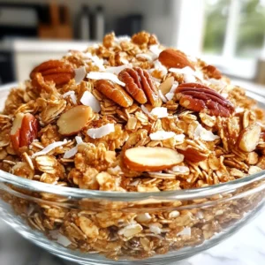- 2 cups rolled oats - 1 cup pecans, roughly chopped - 1/2 cup almonds, sliced - 1/2 cup unsweetened shredded coconut - 1/3 cup maple syrup - 1/4 cup coconut oil, melted - 1 teaspoon vanilla extract - 1/2 teaspoon cinnamon - 1/4 teaspoon salt - 1/2 cup dried cranberries or raisins (optional) To make this Maple Pecan Granola, gather these key ingredients. You need rolled oats for a great base. The pecans add a nice crunch. Almonds boost flavor and nutrition. Shredded coconut gives a subtle sweetness. Maple syrup sweetens the mix naturally. Melted coconut oil helps bind it all together. Vanilla extract adds depth to the taste. Cinnamon brings warmth, while salt balances the flavors. If you want, add dried cranberries or raisins for extra sweetness. Each ingredient plays a role, making this granola both tasty and healthy. {{ingredient_image_1}} 1. Preheat your oven to 325°F (165°C). This step is key for even baking. 2. Prepare the baking sheet by lining it with parchment paper. This helps with easy cleanup later. 3. Combine dry ingredients in a large bowl. Mix together the rolled oats, chopped pecans, sliced almonds, shredded coconut, cinnamon, and salt. Stir well to get everything evenly mixed. 4. Mix wet ingredients in a separate bowl. Combine the maple syrup, melted coconut oil, and vanilla extract. Stir until they blend smoothly. 1. Spread the mixture onto the lined baking sheet. Use a spatula to press it down. Make a nice even layer for the best crunch. 2. Cook for 20-25 minutes. Stir halfway through the baking time. This helps it brown evenly. Watch it closely, as all ovens work a bit differently. You want it golden brown and fragrant. 3. Cool the granola on the baking sheet after removing it from the oven. Let it sit until completely cool. It will crisp up as it cools. Once cooled, break it into clusters. Add dried cranberries or raisins if you like. Enjoy your homemade granola! Mixing your granola well is key. It helps all the flavors blend together. When you stir the dry and wet ingredients, make sure every piece gets coated. This way, every bite tastes great. Monitor your baking time closely. Ovens can vary a lot. Start checking your granola at 20 minutes. It should be golden brown and smell amazing. Stir it halfway for even cooking. If it looks light, give it more time. Achieving the right texture is important. You want it crunchy but not too hard. Let the granola cool completely on the baking sheet. It will crisp up as it cools. Breaking it into clusters makes it fun to eat. Pair your granola with yogurt and fresh fruit. This adds creaminess and sweetness. Try it with berries or bananas for a tasty breakfast. You can also use granola as a topping for smoothies. It adds a nice crunch. Just sprinkle it on top after blending your smoothie. For a beautiful presentation, store granola in clear jars. This shows off its lovely colors and textures. It makes a great gift or snack to share. Pro Tips Use Fresh Ingredients: Always opt for fresh nuts and spices to enhance the flavor of your granola. Stale ingredients can dull the taste. Customize Your Nuts: Feel free to substitute pecans with walnuts or hazelnuts based on your preference for a unique flavor profile. Adjust Sweetness: If you prefer a sweeter granola, you can increase the amount of maple syrup or add a touch of brown sugar. Store Properly: Keep your granola in an airtight container at room temperature to maintain its crunch and freshness for up to two weeks. {{image_2}} You can change the nuts in this recipe. Try walnuts or hazelnuts instead of pecans. Each nut gives a unique taste and texture. You can also mix in other dried fruits. Apricots or pineapple add a sweet twist. The more flavors you add, the more fun your granola will be! Want a different sweetness? You can use honey or agave syrup instead of maple syrup. Both options bring a nice flavor. If you need to cut sugar, try using a sugar-free syrup. Your granola will still taste great! Experimenting with these options can help you find your perfect balance. To keep your maple pecan granola fresh, use airtight containers. Glass jars or plastic bins work well. Make sure they have tight lids. This prevents air from getting in. You can also use resealable bags if you want. Label your containers with the date. This will help you track freshness. To maintain crunchiness, store granola in a cool, dry place. Avoid places with heat or moisture, like near the stove. If you live in a humid area, consider keeping it in the fridge. Just make sure it’s sealed tightly to avoid moisture. When stored properly, granola stays fresh for about two weeks. You can extend its shelf life by freezing it. If you freeze it, it can last up to three months. Just remember to thaw it before eating. Watch for signs of spoilage. If your granola smells off or has a strange taste, it’s time to toss it. Also, check for any changes in texture. If it feels soft or chewy instead of crunchy, it may not be good anymore. Can I substitute coconut oil? Yes, you can use butter or another oil. Olive oil works well too. Each option adds a unique flavor. Just melt it the same way you would coconut oil. Is granola healthy? Granola can be very healthy. It offers fiber from oats and healthy fats from nuts. Just watch your portions. Some store-bought granola has added sugars. Can I bake granola in advance? Absolutely! You can bake granola ahead of time. Just store it in an airtight container. It stays fresh for about two weeks. Can I use quick oats instead of rolled oats? I suggest sticking with rolled oats. Quick oats may make the granola too soft. Rolled oats give the best crunch and texture. What if I don’t have pecans? No problem! You can use any nut you like. Almonds, walnuts, or even cashews work great. Each nut brings its own flavor and crunch. You can now make your own granola by following the outlined steps. You learned what ingredients to use, how to prepare them, and the best tips for perfecting your batch. Remember to experiment with flavors and store your granola properly to keep it fresh. Enjoy it with yogurt or as a topping. Homemade granola is both tasty and healthy. It’s fun to create your own mix. You have all the tools to make something great. Dive in and get started!