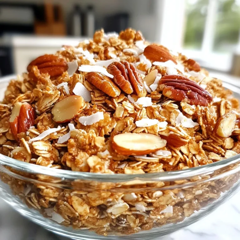 - 2 cups rolled oats - 1 cup pecans, roughly chopped - 1/2 cup almonds, sliced - 1/2 cup unsweetened shredded coconut - 1/3 cup maple syrup - 1/4 cup coconut oil, melted - 1 teaspoon vanilla extract - 1/2 teaspoon cinnamon - 1/4 teaspoon salt - 1/2 cup dried cranberries or raisins (optional) To make this Maple Pecan Granola, gather these key ingredients. You need rolled oats for a great base. The pecans add a nice crunch. Almonds boost flavor and nutrition. Shredded coconut gives a subtle sweetness. Maple syrup sweetens the mix naturally. Melted coconut oil helps bind it all together. Vanilla extract adds depth to the taste. Cinnamon brings warmth, while salt balances the flavors. If you want, add dried cranberries or raisins for extra sweetness. Each ingredient plays a role, making this granola both tasty and healthy. {{ingredient_image_1}} 1. Preheat your oven to 325°F (165°C). This step is key for even baking. 2. Prepare the baking sheet by lining it with parchment paper. This helps with easy cleanup later. 3. Combine dry ingredients in a large bowl. Mix together the rolled oats, chopped pecans, sliced almonds, shredded coconut, cinnamon, and salt. Stir well to get everything evenly mixed. 4. Mix wet ingredients in a separate bowl. Combine the maple syrup, melted coconut oil, and vanilla extract. Stir until they blend smoothly. 1. Spread the mixture onto the lined baking sheet. Use a spatula to press it down. Make a nice even layer for the best crunch. 2. Cook for 20-25 minutes. Stir halfway through the baking time. This helps it brown evenly. Watch it closely, as all ovens work a bit differently. You want it golden brown and fragrant. 3. Cool the granola on the baking sheet after removing it from the oven. Let it sit until completely cool. It will crisp up as it cools. Once cooled, break it into clusters. Add dried cranberries or raisins if you like. Enjoy your homemade granola! Mixing your granola well is key. It helps all the flavors blend together. When you stir the dry and wet ingredients, make sure every piece gets coated. This way, every bite tastes great. Monitor your baking time closely. Ovens can vary a lot. Start checking your granola at 20 minutes. It should be golden brown and smell amazing. Stir it halfway for even cooking. If it looks light, give it more time. Achieving the right texture is important. You want it crunchy but not too hard. Let the granola cool completely on the baking sheet. It will crisp up as it cools. Breaking it into clusters makes it fun to eat. Pair your granola with yogurt and fresh fruit. This adds creaminess and sweetness. Try it with berries or bananas for a tasty breakfast. You can also use granola as a topping for smoothies. It adds a nice crunch. Just sprinkle it on top after blending your smoothie. For a beautiful presentation, store granola in clear jars. This shows off its lovely colors and textures. It makes a great gift or snack to share. Pro Tips Use Fresh Ingredients: Always opt for fresh nuts and spices to enhance the flavor of your granola. Stale ingredients can dull the taste. Customize Your Nuts: Feel free to substitute pecans with walnuts or hazelnuts based on your preference for a unique flavor profile. Adjust Sweetness: If you prefer a sweeter granola, you can increase the amount of maple syrup or add a touch of brown sugar. Store Properly: Keep your granola in an airtight container at room temperature to maintain its crunch and freshness for up to two weeks. {{image_2}} You can change the nuts in this recipe. Try walnuts or hazelnuts instead of pecans. Each nut gives a unique taste and texture. You can also mix in other dried fruits. Apricots or pineapple add a sweet twist. The more flavors you add, the more fun your granola will be! Want a different sweetness? You can use honey or agave syrup instead of maple syrup. Both options bring a nice flavor. If you need to cut sugar, try using a sugar-free syrup. Your granola will still taste great! Experimenting with these options can help you find your perfect balance. To keep your maple pecan granola fresh, use airtight containers. Glass jars or plastic bins work well. Make sure they have tight lids. This prevents air from getting in. You can also use resealable bags if you want. Label your containers with the date. This will help you track freshness. To maintain crunchiness, store granola in a cool, dry place. Avoid places with heat or moisture, like near the stove. If you live in a humid area, consider keeping it in the fridge. Just make sure it’s sealed tightly to avoid moisture. When stored properly, granola stays fresh for about two weeks. You can extend its shelf life by freezing it. If you freeze it, it can last up to three months. Just remember to thaw it before eating. Watch for signs of spoilage. If your granola smells off or has a strange taste, it’s time to toss it. Also, check for any changes in texture. If it feels soft or chewy instead of crunchy, it may not be good anymore. Can I substitute coconut oil? Yes, you can use butter or another oil. Olive oil works well too. Each option adds a unique flavor. Just melt it the same way you would coconut oil. Is granola healthy? Granola can be very healthy. It offers fiber from oats and healthy fats from nuts. Just watch your portions. Some store-bought granola has added sugars. Can I bake granola in advance? Absolutely! You can bake granola ahead of time. Just store it in an airtight container. It stays fresh for about two weeks. Can I use quick oats instead of rolled oats? I suggest sticking with rolled oats. Quick oats may make the granola too soft. Rolled oats give the best crunch and texture. What if I don’t have pecans? No problem! You can use any nut you like. Almonds, walnuts, or even cashews work great. Each nut brings its own flavor and crunch. You can now make your own granola by following the outlined steps. You learned what ingredients to use, how to prepare them, and the best tips for perfecting your batch. Remember to experiment with flavors and store your granola properly to keep it fresh. Enjoy it with yogurt or as a topping. Homemade granola is both tasty and healthy. It’s fun to create your own mix. You have all the tools to make something great. Dive in and get started!