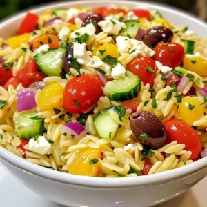 - 1 cup orzo pasta - 1 cup cherry tomatoes, halved - 1 cucumber, diced - 1 bell pepper (red or yellow), diced - 1/2 red onion, finely chopped - 1/2 cup Kalamata olives, pitted and sliced - 1/2 cup feta cheese, crumbled - 1/4 cup fresh parsley, chopped - 2 tablespoons olive oil - 2 tablespoons lemon juice - 1 teaspoon dried oregano - Salt and pepper to taste The main ingredients make this dish fresh and bright. Orzo pasta gives a nice base. I love using cherry tomatoes for their sweetness. Diced cucumber adds crunch. A colorful bell pepper brings a sweet taste. The red onion gives a little bite. Kalamata olives add a salty, rich flavor. Feta cheese makes it creamy and tangy. Fresh parsley adds a pop of color and taste. For the dressing, I keep it simple yet flavorful. Olive oil brings richness. Lemon juice adds a zesty kick. Dried oregano gives an earthy note. I always taste and adjust salt and pepper to make it perfect. This mix ties all the flavors together. With these ingredients, you can make a delicious Greek Orzo Salad that everyone will love. {{ingredient_image_1}} 1. First, cook the orzo pasta. Bring water to a boil in a pot. Add one cup of orzo pasta. Boil it for about 8-10 minutes, until it is al dente. This means it should be firm but not hard. 2. After cooking, drain the orzo in a colander. Rinse it under cold water. This stops the cooking process and cools it down quickly. 1. In a large bowl, combine the cooled orzo with the veggies and olives. Add one cup of halved cherry tomatoes, one diced cucumber, one diced bell pepper, and half a finely chopped red onion. Toss them together. 2. Now it’s time to prepare the dressing. In a small bowl, whisk together two tablespoons of olive oil, two tablespoons of lemon juice, one teaspoon of dried oregano, and a pinch of salt and pepper. This dressing will add a fresh taste to the salad. 1. Pour the dressing over the orzo mixture. Gently toss everything together. Make sure the orzo and veggies are evenly coated. 2. Next, add half a cup of crumbled feta cheese and a quarter cup of chopped fresh parsley. Fold them into the salad carefully. 3. Finally, cover the salad and chill it in the fridge for at least 30 minutes. Chilling helps the flavors blend and makes the dish refreshing and tasty. To achieve al dente orzo, boil the pasta in salted water. Start checking it a minute or two before the package's time. It should be firm yet tender. Chilling the salad is key for flavor. After mixing, cover the salad and chill it for at least 30 minutes. This helps all the flavors blend well together. For serving, I love using a large bowl. It allows everyone to help themselves. You can also serve in individual bowls for a more personal touch. Garnish each serving with extra feta and parsley. Drizzle a bit more olive oil and lemon juice just before serving. This adds a fresh look and taste. Store leftovers in an airtight container. This keeps the salad fresh for up to three days in the fridge. When reheating, be careful. Use a low heat to avoid making the orzo mushy. If it's cold, enjoy it straight from the fridge. It still tastes great! Pro Tips Use Fresh Ingredients: For the best flavor, opt for fresh vegetables and herbs. They will elevate the dish and add vibrant colors. Customize Your Dressing: Feel free to adjust the olive oil and lemon juice ratio based on your taste preference. A bit more lemon can brighten the dish! Let It Chill: Allowing the salad to chill for at least 30 minutes helps the flavors meld together, making each bite more delicious. Make It Ahead: This salad can be made a day in advance. Just keep the feta separate until serving to maintain its texture. {{image_2}} If you want to switch up the orzo, try using quinoa or rice. Both are gluten-free and add great texture. For a different cheese, you can use goat cheese or even ricotta. Each cheese gives a unique taste and blends well with the salad. Seasonal veggies make great additions. Try adding zucchini, asparagus, or spinach for color and crunch. You can also toss in proteins like grilled chicken or chickpeas for a heartier meal. These options make the salad more filling and satisfying. Change the herbs in your dressing for a new flavor. Use fresh basil or dill for a twist. You can also try different vinegars like red wine or balsamic for a richer taste. If you prefer creamy, mix in yogurt or sour cream. These changes will make the dressing even more delicious. A serving of Greek Orzo Salad with Feta has about 250 calories. It packs around 8 grams of protein, 12 grams of fat, and 30 grams of carbohydrates. This balance makes it a great choice for a light meal or side dish. This salad is rich in healthy fats from olive oil and feta cheese. Feta provides calcium and protein, which are key for strong bones and muscles. Kalamata olives add antioxidants, which help fight cell damage. The fresh veggies, like cucumbers and tomatoes, offer vitamins and hydration. This dish aligns well with Mediterranean diet principles, which focus on whole foods, healthy fats, and plenty of fruits and veggies. I suggest a portion size of about 1 cup for a main dish or a side. This way, you can enjoy it without overdoing it. If you're planning a meal, consider making enough for at least 4 servings. You can adjust the recipe easily to suit your crowd. Just double the ingredients if you have more guests. You can store Greek Orzo Salad with Feta in the fridge for about three to five days. To keep it fresh, place it in an airtight container. This helps to prevent any odors from the fridge from getting in. If you notice any excess moisture, use a paper towel to absorb it before sealing the container. Yes, you can make Greek Orzo Salad with Feta ahead of time. I often prepare it the night before a gathering. This gives the flavors time to blend. Just remember to keep the salad chilled in the fridge. For best results, add the feta cheese right before serving. This keeps it fresh and crumbly. Greek Orzo Salad pairs well with many dishes. You can serve it alongside grilled chicken or fish for protein. It also works great with pita bread and hummus for a light meal. For a vegetarian option, try it with stuffed bell peppers or roasted vegetables. These pairings create a balanced and tasty meal. This blog post covered how to make a delicious Greek Orzo Salad with Feta. We explored the main ingredients, detailed steps for preparation, and offered tips for cooking and storage. You can also get creative with ingredient variations and learn about its health benefits. Enjoy your tasty salad, knowing it's simple to make and packed with flavor. This dish is great for meals and can be customized to fit your taste. Try it out and find your favorite twist!