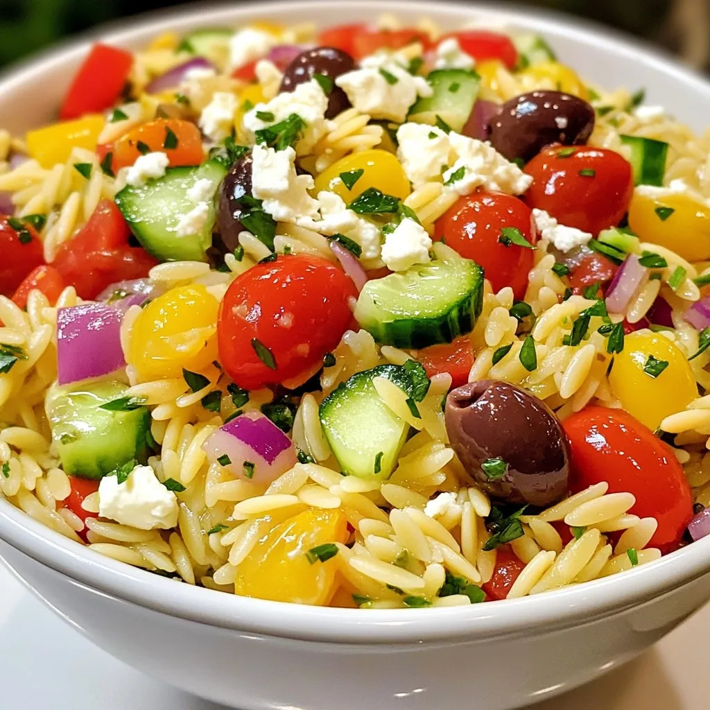 - 1 cup orzo pasta - 1 cup cherry tomatoes, halved - 1 cucumber, diced - 1 bell pepper (red or yellow), diced - 1/2 red onion, finely chopped - 1/2 cup Kalamata olives, pitted and sliced - 1/2 cup feta cheese, crumbled - 1/4 cup fresh parsley, chopped - 2 tablespoons olive oil - 2 tablespoons lemon juice - 1 teaspoon dried oregano - Salt and pepper to taste The main ingredients make this dish fresh and bright. Orzo pasta gives a nice base. I love using cherry tomatoes for their sweetness. Diced cucumber adds crunch. A colorful bell pepper brings a sweet taste. The red onion gives a little bite. Kalamata olives add a salty, rich flavor. Feta cheese makes it creamy and tangy. Fresh parsley adds a pop of color and taste. For the dressing, I keep it simple yet flavorful. Olive oil brings richness. Lemon juice adds a zesty kick. Dried oregano gives an earthy note. I always taste and adjust salt and pepper to make it perfect. This mix ties all the flavors together. With these ingredients, you can make a delicious Greek Orzo Salad that everyone will love. {{ingredient_image_1}} 1. First, cook the orzo pasta. Bring water to a boil in a pot. Add one cup of orzo pasta. Boil it for about 8-10 minutes, until it is al dente. This means it should be firm but not hard. 2. After cooking, drain the orzo in a colander. Rinse it under cold water. This stops the cooking process and cools it down quickly. 1. In a large bowl, combine the cooled orzo with the veggies and olives. Add one cup of halved cherry tomatoes, one diced cucumber, one diced bell pepper, and half a finely chopped red onion. Toss them together. 2. Now it’s time to prepare the dressing. In a small bowl, whisk together two tablespoons of olive oil, two tablespoons of lemon juice, one teaspoon of dried oregano, and a pinch of salt and pepper. This dressing will add a fresh taste to the salad. 1. Pour the dressing over the orzo mixture. Gently toss everything together. Make sure the orzo and veggies are evenly coated. 2. Next, add half a cup of crumbled feta cheese and a quarter cup of chopped fresh parsley. Fold them into the salad carefully. 3. Finally, cover the salad and chill it in the fridge for at least 30 minutes. Chilling helps the flavors blend and makes the dish refreshing and tasty. To achieve al dente orzo, boil the pasta in salted water. Start checking it a minute or two before the package's time. It should be firm yet tender. Chilling the salad is key for flavor. After mixing, cover the salad and chill it for at least 30 minutes. This helps all the flavors blend well together. For serving, I love using a large bowl. It allows everyone to help themselves. You can also serve in individual bowls for a more personal touch. Garnish each serving with extra feta and parsley. Drizzle a bit more olive oil and lemon juice just before serving. This adds a fresh look and taste. Store leftovers in an airtight container. This keeps the salad fresh for up to three days in the fridge. When reheating, be careful. Use a low heat to avoid making the orzo mushy. If it's cold, enjoy it straight from the fridge. It still tastes great! Pro Tips Use Fresh Ingredients: For the best flavor, opt for fresh vegetables and herbs. They will elevate the dish and add vibrant colors. Customize Your Dressing: Feel free to adjust the olive oil and lemon juice ratio based on your taste preference. A bit more lemon can brighten the dish! Let It Chill: Allowing the salad to chill for at least 30 minutes helps the flavors meld together, making each bite more delicious. Make It Ahead: This salad can be made a day in advance. Just keep the feta separate until serving to maintain its texture. {{image_2}} If you want to switch up the orzo, try using quinoa or rice. Both are gluten-free and add great texture. For a different cheese, you can use goat cheese or even ricotta. Each cheese gives a unique taste and blends well with the salad. Seasonal veggies make great additions. Try adding zucchini, asparagus, or spinach for color and crunch. You can also toss in proteins like grilled chicken or chickpeas for a heartier meal. These options make the salad more filling and satisfying. Change the herbs in your dressing for a new flavor. Use fresh basil or dill for a twist. You can also try different vinegars like red wine or balsamic for a richer taste. If you prefer creamy, mix in yogurt or sour cream. These changes will make the dressing even more delicious. A serving of Greek Orzo Salad with Feta has about 250 calories. It packs around 8 grams of protein, 12 grams of fat, and 30 grams of carbohydrates. This balance makes it a great choice for a light meal or side dish. This salad is rich in healthy fats from olive oil and feta cheese. Feta provides calcium and protein, which are key for strong bones and muscles. Kalamata olives add antioxidants, which help fight cell damage. The fresh veggies, like cucumbers and tomatoes, offer vitamins and hydration. This dish aligns well with Mediterranean diet principles, which focus on whole foods, healthy fats, and plenty of fruits and veggies. I suggest a portion size of about 1 cup for a main dish or a side. This way, you can enjoy it without overdoing it. If you're planning a meal, consider making enough for at least 4 servings. You can adjust the recipe easily to suit your crowd. Just double the ingredients if you have more guests. You can store Greek Orzo Salad with Feta in the fridge for about three to five days. To keep it fresh, place it in an airtight container. This helps to prevent any odors from the fridge from getting in. If you notice any excess moisture, use a paper towel to absorb it before sealing the container. Yes, you can make Greek Orzo Salad with Feta ahead of time. I often prepare it the night before a gathering. This gives the flavors time to blend. Just remember to keep the salad chilled in the fridge. For best results, add the feta cheese right before serving. This keeps it fresh and crumbly. Greek Orzo Salad pairs well with many dishes. You can serve it alongside grilled chicken or fish for protein. It also works great with pita bread and hummus for a light meal. For a vegetarian option, try it with stuffed bell peppers or roasted vegetables. These pairings create a balanced and tasty meal. This blog post covered how to make a delicious Greek Orzo Salad with Feta. We explored the main ingredients, detailed steps for preparation, and offered tips for cooking and storage. You can also get creative with ingredient variations and learn about its health benefits. Enjoy your tasty salad, knowing it's simple to make and packed with flavor. This dish is great for meals and can be customized to fit your taste. Try it out and find your favorite twist!