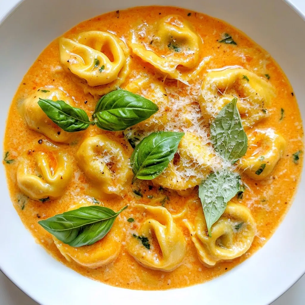 - 12 oz cheese tortellini - 1 tablespoon olive oil - 3 cloves garlic, minced - 1 can (14 oz) crushed tomatoes - 1 cup heavy cream - 1 teaspoon dried basil - 1 teaspoon sugar - Salt and pepper to taste - Fresh basil leaves for garnish - Grated Parmesan cheese for serving You can add vegetables to this dish for extra flavor. Spinach or mushrooms work great. You might also try a pinch of red pepper flakes for heat. If you love a tangy taste, add a splash of balsamic vinegar. Choose fresh cheese tortellini for the best texture. Look for tortellini with a rich filling. When buying tomatoes, select a can with no added sugar or preservatives. Fresh basil should be bright green and fragrant. For heavy cream, pick a brand with high fat content for creaminess. Always check the expiration dates on dairy products. {{ingredient_image_1}} First, fill a large pot with water and add salt. Bring it to a boil over high heat. Once boiling, add 12 oz of cheese tortellini. Cook them according to the package instructions. They should be tender but still firm, or al dente. This usually takes about 3 to 5 minutes. After cooking, drain the tortellini in a colander. Set them aside for later. In the same pot, pour in 1 tablespoon of olive oil and heat it over medium. Add 3 cloves of minced garlic and sauté them for about 1 minute. Watch closely so the garlic doesn’t burn. Next, stir in 1 can of crushed tomatoes. Bring the mix to a gentle simmer. Let it cook for 5 minutes to blend the flavors. Then, lower the heat and add 1 cup of heavy cream. Stir well to combine. Add 1 teaspoon of dried basil, 1 teaspoon of sugar, and salt and pepper to taste. Allow the sauce to simmer for another 5 minutes. Stir occasionally until it thickens slightly. Gently add the cooked tortellini into the creamy tomato sauce. Use a spatula to fold the pasta in the sauce carefully. This helps the tortellini get a nice coat of sauce. Remove the pot from the heat and let it rest for a couple of minutes. This allows the flavors to meld together. Serve the dish hot, garnished with fresh basil leaves and a sprinkle of grated Parmesan cheese. Enjoy your comforting and tasty meal! To make a great sauce, use fresh garlic. Sauté it just until fragrant. Avoid burning, as burnt garlic tastes bitter. Add crushed tomatoes and let them simmer to blend flavors. Stir in heavy cream slowly. This helps create a rich texture. Adjust seasoning with salt and pepper. Don’t forget the sugar; it balances the acidity from the tomatoes. Let it simmer longer for a thicker sauce. This gives the best creamy tomato basil tortellini you will love. One common mistake is overcooking the tortellini. Follow the package instructions closely. Undercook them slightly for the best texture. Another mistake is adding cold cream. Always warm it up a bit before adding. This helps the sauce blend smoothly. Lastly, don’t skip the salt. It enhances all the flavors in your dish. Pay attention to the simmer time. If you rush, the sauce may not thicken properly. Garnishing makes your dish look fancy. Use fresh basil leaves for a pop of color and flavor. A sprinkle of grated Parmesan cheese adds a nice touch. If you like a bit of heat, try crushed red pepper flakes. For a more gourmet look, drizzle some olive oil on top. You can also serve with a side of crusty bread. This makes a great meal even better. Pro Tips Tip Title: Use Fresh Ingredients: For the best flavor, use fresh basil and high-quality tomatoes. Fresh ingredients can elevate the dish significantly. Tip Title: Adjust the Creaminess: If you prefer a lighter sauce, you can substitute half of the heavy cream with vegetable or chicken broth for a less rich dish. Tip Title: Perfect Tortellini Cook Time: Make sure to cook the tortellini just until al dente to prevent them from becoming mushy once combined with the sauce. Tip Title: Garnish for Flavor: Don’t skip the fresh basil and Parmesan on top; they add a burst of flavor and a beautiful presentation to the dish. {{image_2}} You can easily make this dish vegetarian. Simply use cheese tortellini. If you want vegan, switch to dairy-free tortellini. For the sauce, use coconut cream instead of heavy cream. This keeps it creamy while being plant-based. You might also add some sautéed mushrooms or spinach for extra flavor and nutrition. Want to boost the protein in your meal? You can add cooked chicken or shrimp. Both options work great with the creamy sauce. If you prefer plant-based protein, try adding chickpeas or lentils. They blend well and add texture. Just make sure to cook them before mixing with the tortellini. You can change the flavor of your dish easily. For a spicy kick, add red pepper flakes to the sauce. If you love herbs, mix in fresh parsley or oregano. You can even experiment with garlic powder or onion powder. These small changes make a big difference in taste. Get creative and find your favorite flavor! To keep your creamy tomato basil tortellini fresh, store leftovers in an airtight container. Make sure the dish cools down first. This helps prevent steam build-up, which can make the pasta soggy. Leftovers can last up to three days in the fridge. When you’re ready to eat, check for any signs of spoilage first. Reheating is easy. You can use the stove or the microwave. For the stove, put the tortellini in a pan over low heat. Add a splash of water or cream to keep it moist. Stir it often until it’s hot. If you use the microwave, place it in a microwave-safe bowl. Heat in short bursts, stirring in between, until warm. Always check the temperature before serving. Freezing is a great way to save extra tortellini. First, let it cool completely. Then, place it in a freezer-safe container or bag. Squeeze out as much air as you can to prevent freezer burn. This dish can last up to three months in the freezer. When you’re ready to enjoy it, thaw it in the fridge overnight. Reheat as mentioned above for the best texture. Yes, you can use frozen tortellini. Just cook them according to the package instructions. They might take a bit longer to cook than fresh tortellini. Frozen tortellini is a great option for a quick meal. To make this dish dairy-free, use plant-based cream. You can also substitute cheese tortellini with a dairy-free version. Check for dairy-free parmesan cheese for the topping. This keeps the rich flavors while meeting your dietary needs. Many sides go well with this dish. A simple green salad with lemon vinaigrette is refreshing. Garlic bread offers a nice crunch and flavor. You can also serve steamed vegetables for a healthy balance. Creamy Tomato Basil Tortellini lasts about 3 to 5 days in the refrigerator. Store it in an airtight container to keep it fresh. Reheat in the microwave or on the stove for best results. Yes, you can use homemade tomato sauce instead of canned. Fresh sauce adds great flavor. Just make sure it is well-seasoned to match the dish. This allows you to customize the taste to your liking. We explored how to make creamy tomato basil tortellini from scratch. You learned about key ingredients, step-by-step cooking, and helpful tips. Customizing your dish with different flavors or proteins adds great variety. Proper storage keeps leftovers fresh, ready for busy days. This dish is simple yet satisfying, ideal for any meal. Try it out, and enjoy every bite. Cooking can be fun and rewarding with the right methods and creativity.