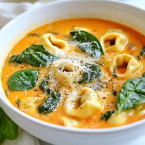 To create a delicious creamy tomato spinach tortellini soup, gather these fresh and simple ingredients: - 2 tablespoons olive oil - 1 medium onion, diced - 3 cloves garlic, minced - 1 can (28 oz) crushed tomatoes - 4 cups vegetable broth - 1 teaspoon dried basil - 1 teaspoon dried oregano - ½ teaspoon red pepper flakes (optional) - Salt and pepper to taste - 1 package (9 oz) refrigerated cheese tortellini - 2 cups fresh spinach, chopped - 1 cup heavy cream - Grated Parmesan cheese for garnish You will also need some cooking utensils. A large pot works best for this soup. A wooden spoon will help you stir the ingredients. A measuring cup will ensure you get the right amount of broth. Also, keep a ladle handy for serving. These ingredients blend together to create a rich and creamy soup. The vibrant colors and rich flavors make it a perfect meal for any day. Enjoy the process of gathering these ingredients, and get ready to create something tasty! {{ingredient_image_1}} 1. Heat 2 tablespoons of olive oil in a large pot over medium heat. 2. Add 1 medium onion, diced, and sauté it for about 5 minutes. It should become soft and clear. 3. Next, stir in 3 cloves of minced garlic. Cook for 1 more minute until it smells great. 4. Pour in 1 can (28 oz) of crushed tomatoes and 4 cups of vegetable broth. 5. Add 1 teaspoon of dried basil, 1 teaspoon of dried oregano, and ½ teaspoon of red pepper flakes if you like spice. 6. Season with salt and pepper to taste. Stir it all well. 7. Bring the soup to a gentle simmer. Let it cook for about 10 minutes to blend the flavors. 1. Now it's time to incorporate 1 package (9 oz) of refrigerated cheese tortellini into the soup. 2. Follow the cooking time on the package, usually 3 to 5 minutes, until they are tender. 1. Once the tortellini is cooked, stir in 2 cups of chopped fresh spinach. 2. Add 1 cup of heavy cream for richness. Cook for an additional 2 to 3 minutes until the spinach wilts. 3. Taste the soup and adjust the seasoning if needed. - How to sauté onions perfectly: Heat olive oil in a pot over medium heat. Add diced onions and stir often. Cook until they are soft and clear, about 5 minutes. This brings out their sweetness, making your soup taste great. - Ensuring tortellini is al dente: Always check the package for cooking time. Add tortellini to the soup and cook for 3 to 5 minutes. Taste a piece to see if it has a slight firmness. This gives the best texture in your soup. - Serving suggestions for visual appeal: Ladle the soup into bowls. Sprinkle grated Parmesan cheese on top. Add a few fresh spinach leaves for color. This makes the soup look inviting and fresh. - Ideal pairings with the dish: Serve the soup with crusty bread or a light salad. The bread helps soak up the soup, while a salad adds crunch. These pairings create a balanced meal. - Overcooking the spinach: Add spinach at the end of cooking. Stir it in and cook for just 2 to 3 minutes. This keeps the spinach bright and flavorful. - Using expired ingredients: Always check the dates on your ingredients. Expired items can ruin the flavor and safety of your dish. Fresh ingredients lead to a better soup experience. Pro Tips Use Fresh Herbs: Fresh basil and oregano can elevate the flavor profile of your soup compared to dried herbs. Customize Your Tortellini: Feel free to swap out the cheese tortellini for spinach or mushroom-filled varieties for a different twist. Adjust the Creaminess: For a lighter soup, reduce the amount of heavy cream or substitute with half-and-half or a non-dairy option. Add Protein: Consider adding cooked chicken, sausage, or beans to turn this soup into a heartier meal. {{image_2}} You can swap out vegetables easily. Try using zucchini, carrots, or bell peppers. These add color and flavor. For a heartier soup, add mushrooms or kale. Each option brings its own taste. If you need a dairy-free version, use coconut milk instead of heavy cream. It gives a nice creamy texture. You can also try cashew cream for a nutty flavor. Just blend soaked cashews with water until smooth. To boost the flavor, add protein. Cooked chicken or Italian sausage works great. These options make the soup more filling. Simply sauté with the onions before adding liquids. Herbs and spices can change the soup’s vibe. Add fresh basil or parsley for brightness. A sprinkle of thyme or rosemary also adds depth. Want some heat? Toss in extra red pepper flakes or a dash of hot sauce. You can adapt this soup for any season. In summer, use fresh tomatoes for a vibrant taste. Just chop them and add them when you put in the broth. In winter, canned tomatoes are a great choice. They offer convenience and still taste good. During fall, consider adding squash or pumpkin for a cozy feel. These ingredients blend well with the tomatoes and spices. Each season brings a new twist to your creamy tomato spinach tortellini soup. To store leftovers, let the soup cool down first. Pour it into a container with a lid. Use glass or BPA-free plastic containers for the best results. These keep the soup fresh and safe. Make sure to seal it well. This way, you avoid spills in your fridge. To freeze the soup, follow these steps: 1. Cool the soup completely before freezing. 2. Use a freezer-safe container or a heavy-duty freezer bag. 3. Leave space at the top of the container. This allows for expansion when frozen. When you're ready to eat, thaw the soup in the fridge overnight. To reheat, simply pour it into a pot and warm it over medium heat. Stir it often for even heating. You may need to add some water or broth to loosen it up. In the fridge, this soup lasts up to 4 days. If you freeze it, it can last up to 3 months. Always check for signs of spoilage before eating. If the soup looks discolored or smells off, do not eat it. Trust your senses; they are your best guide! You can add heat to your soup by using red pepper flakes. Start with half a teaspoon for a mild kick. If you want more spice, add more flakes. You can also use fresh chili peppers or hot sauce for extra flavor. Consider adding diced jalapeños or a splash of sriracha. These options let you control the spice level to your taste. Yes, you can use frozen tortellini. Cook them according to the package instructions. They usually take a bit longer than fresh tortellini. Add them to the soup when it simmers. This helps them heat through evenly. Just be sure to check the cooking time listed on the package. Frozen tortellini can work well in this soup. This soup pairs well with crusty bread. A nice baguette or sourdough is perfect. You can also serve a fresh salad on the side. A simple green salad with a light dressing works great. For a heartier option, try garlic bread. It’s a delicious way to soak up the soup. Enjoy your meal with these tasty sides! This blog post guides you through making a tasty soup with tortellini. You learned about the key ingredients, from fresh spinach to rich cream. I shared step-by-step instructions to ensure your soup turns out delicious. You picked up tips for perfecting your cooking and ways to present the dish nicely. Don't forget the variations for personal touches, and how to store leftovers for later enjoyment. Enjoy making this dish and try the ideas to suit your taste. Your next great meal is just a stir away!