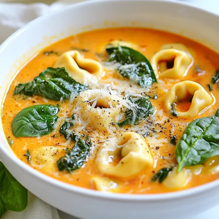 To create a delicious creamy tomato spinach tortellini soup, gather these fresh and simple ingredients: - 2 tablespoons olive oil - 1 medium onion, diced - 3 cloves garlic, minced - 1 can (28 oz) crushed tomatoes - 4 cups vegetable broth - 1 teaspoon dried basil - 1 teaspoon dried oregano - ½ teaspoon red pepper flakes (optional) - Salt and pepper to taste - 1 package (9 oz) refrigerated cheese tortellini - 2 cups fresh spinach, chopped - 1 cup heavy cream - Grated Parmesan cheese for garnish You will also need some cooking utensils. A large pot works best for this soup. A wooden spoon will help you stir the ingredients. A measuring cup will ensure you get the right amount of broth. Also, keep a ladle handy for serving. These ingredients blend together to create a rich and creamy soup. The vibrant colors and rich flavors make it a perfect meal for any day. Enjoy the process of gathering these ingredients, and get ready to create something tasty! {{ingredient_image_1}} 1. Heat 2 tablespoons of olive oil in a large pot over medium heat. 2. Add 1 medium onion, diced, and sauté it for about 5 minutes. It should become soft and clear. 3. Next, stir in 3 cloves of minced garlic. Cook for 1 more minute until it smells great. 4. Pour in 1 can (28 oz) of crushed tomatoes and 4 cups of vegetable broth. 5. Add 1 teaspoon of dried basil, 1 teaspoon of dried oregano, and ½ teaspoon of red pepper flakes if you like spice. 6. Season with salt and pepper to taste. Stir it all well. 7. Bring the soup to a gentle simmer. Let it cook for about 10 minutes to blend the flavors. 1. Now it's time to incorporate 1 package (9 oz) of refrigerated cheese tortellini into the soup. 2. Follow the cooking time on the package, usually 3 to 5 minutes, until they are tender. 1. Once the tortellini is cooked, stir in 2 cups of chopped fresh spinach. 2. Add 1 cup of heavy cream for richness. Cook for an additional 2 to 3 minutes until the spinach wilts. 3. Taste the soup and adjust the seasoning if needed. - How to sauté onions perfectly: Heat olive oil in a pot over medium heat. Add diced onions and stir often. Cook until they are soft and clear, about 5 minutes. This brings out their sweetness, making your soup taste great. - Ensuring tortellini is al dente: Always check the package for cooking time. Add tortellini to the soup and cook for 3 to 5 minutes. Taste a piece to see if it has a slight firmness. This gives the best texture in your soup. - Serving suggestions for visual appeal: Ladle the soup into bowls. Sprinkle grated Parmesan cheese on top. Add a few fresh spinach leaves for color. This makes the soup look inviting and fresh. - Ideal pairings with the dish: Serve the soup with crusty bread or a light salad. The bread helps soak up the soup, while a salad adds crunch. These pairings create a balanced meal. - Overcooking the spinach: Add spinach at the end of cooking. Stir it in and cook for just 2 to 3 minutes. This keeps the spinach bright and flavorful. - Using expired ingredients: Always check the dates on your ingredients. Expired items can ruin the flavor and safety of your dish. Fresh ingredients lead to a better soup experience. Pro Tips Use Fresh Herbs: Fresh basil and oregano can elevate the flavor profile of your soup compared to dried herbs. Customize Your Tortellini: Feel free to swap out the cheese tortellini for spinach or mushroom-filled varieties for a different twist. Adjust the Creaminess: For a lighter soup, reduce the amount of heavy cream or substitute with half-and-half or a non-dairy option. Add Protein: Consider adding cooked chicken, sausage, or beans to turn this soup into a heartier meal. {{image_2}} You can swap out vegetables easily. Try using zucchini, carrots, or bell peppers. These add color and flavor. For a heartier soup, add mushrooms or kale. Each option brings its own taste. If you need a dairy-free version, use coconut milk instead of heavy cream. It gives a nice creamy texture. You can also try cashew cream for a nutty flavor. Just blend soaked cashews with water until smooth. To boost the flavor, add protein. Cooked chicken or Italian sausage works great. These options make the soup more filling. Simply sauté with the onions before adding liquids. Herbs and spices can change the soup’s vibe. Add fresh basil or parsley for brightness. A sprinkle of thyme or rosemary also adds depth. Want some heat? Toss in extra red pepper flakes or a dash of hot sauce. You can adapt this soup for any season. In summer, use fresh tomatoes for a vibrant taste. Just chop them and add them when you put in the broth. In winter, canned tomatoes are a great choice. They offer convenience and still taste good. During fall, consider adding squash or pumpkin for a cozy feel. These ingredients blend well with the tomatoes and spices. Each season brings a new twist to your creamy tomato spinach tortellini soup. To store leftovers, let the soup cool down first. Pour it into a container with a lid. Use glass or BPA-free plastic containers for the best results. These keep the soup fresh and safe. Make sure to seal it well. This way, you avoid spills in your fridge. To freeze the soup, follow these steps: 1. Cool the soup completely before freezing. 2. Use a freezer-safe container or a heavy-duty freezer bag. 3. Leave space at the top of the container. This allows for expansion when frozen. When you're ready to eat, thaw the soup in the fridge overnight. To reheat, simply pour it into a pot and warm it over medium heat. Stir it often for even heating. You may need to add some water or broth to loosen it up. In the fridge, this soup lasts up to 4 days. If you freeze it, it can last up to 3 months. Always check for signs of spoilage before eating. If the soup looks discolored or smells off, do not eat it. Trust your senses; they are your best guide! You can add heat to your soup by using red pepper flakes. Start with half a teaspoon for a mild kick. If you want more spice, add more flakes. You can also use fresh chili peppers or hot sauce for extra flavor. Consider adding diced jalapeños or a splash of sriracha. These options let you control the spice level to your taste. Yes, you can use frozen tortellini. Cook them according to the package instructions. They usually take a bit longer than fresh tortellini. Add them to the soup when it simmers. This helps them heat through evenly. Just be sure to check the cooking time listed on the package. Frozen tortellini can work well in this soup. This soup pairs well with crusty bread. A nice baguette or sourdough is perfect. You can also serve a fresh salad on the side. A simple green salad with a light dressing works great. For a heartier option, try garlic bread. It’s a delicious way to soak up the soup. Enjoy your meal with these tasty sides! This blog post guides you through making a tasty soup with tortellini. You learned about the key ingredients, from fresh spinach to rich cream. I shared step-by-step instructions to ensure your soup turns out delicious. You picked up tips for perfecting your cooking and ways to present the dish nicely. Don't forget the variations for personal touches, and how to store leftovers for later enjoyment. Enjoy making this dish and try the ideas to suit your taste. Your next great meal is just a stir away!