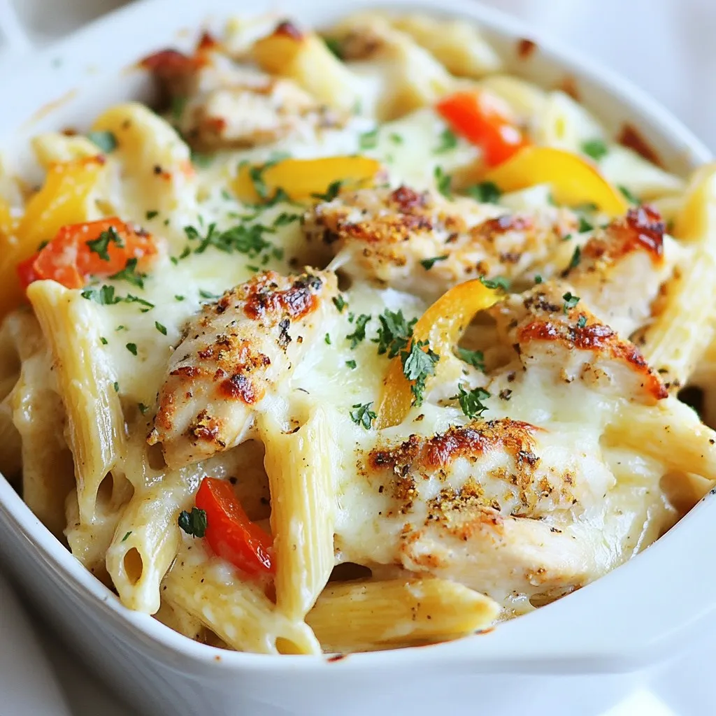 - 2 large chicken breasts, cut into bite-sized pieces - 8 ounces penne pasta - 2 tablespoons Cajun seasoning - 2 tablespoons olive oil - 3 cloves garlic, minced - 1 cup heavy cream - 1 cup chicken broth - 1 cup grated Parmesan cheese - 1 cup shredded mozzarella cheese - 1/2 teaspoon black pepper - 1/4 teaspoon salt The main ingredients in Cajun Chicken Alfredo Bake create a rich and creamy dish. The chicken gives it protein and heartiness. The penne pasta makes it filling and fun to eat. Cajun seasoning adds a spicy kick, while garlic brings a depth of flavor. Heavy cream and cheese create a smooth and rich sauce. - 1 cup chopped bell peppers (red and green) - Fresh parsley for garnish Adding vegetables like bell peppers gives extra color and nutrition. They also add a sweet crunch. You can use fresh parsley as a garnish. This adds brightness and a pop of flavor. - Large cooking pot - Skillet - 9x13 inch baking dish You will need a large pot to boil the pasta. A skillet is essential to cook the chicken and sauce. A baking dish is crucial for the final bake. Make sure your equipment is ready before you start cooking. {{ingredient_image_1}} - Prepping the chicken Start by cutting the chicken breasts into bite-sized pieces. This helps them cook evenly. Next, sprinkle the Cajun seasoning all over the chicken. This adds a kick to your dish. - Cooking the pasta In a large pot, bring salted water to a boil. Once boiling, add the penne pasta. Cook for about 8-10 minutes until it is al dente. Drain the pasta and set it aside for later. - Sautéing chicken and vegetables In a big skillet, heat the olive oil over medium heat. Add the seasoned chicken pieces and cook for 5-7 minutes until they turn golden brown. Once the chicken is done, add minced garlic and chopped bell peppers. Sauté for 2-3 minutes until the peppers soften. - Creating the Alfredo sauce Lower the heat and stir in the heavy cream and chicken broth. Let it simmer gently. Then, mix in the grated Parmesan cheese until it melts into the sauce. Add black pepper and salt to enhance the flavor. - Combining ingredients In a large mixing bowl, combine the cooked penne pasta with the creamy chicken mixture. Stir well to coat the pasta evenly with the sauce. - Transfer to baking dish Pour the pasta and chicken mixture into a greased 9x13 inch baking dish. Spread it out evenly. Then, sprinkle the shredded mozzarella cheese over the top for a delicious crust. - Oven time Place the dish in the preheated oven at 375°F (190°C). Bake for 20-25 minutes, until the cheese is bubbly and golden brown. Remove it from the oven and let it cool for a few minutes. Enjoy your meal! - Adjusting spice levels To change the heat, add more or less Cajun seasoning. Start with one tablespoon and taste. If it’s not spicy enough, add more. You can also mix in some hot sauce for extra heat. - Cheese variations You can swap cheeses for different flavors. Try gouda or cheddar instead of Parmesan. Mixing different cheeses gives a richer taste. Experiment with what you like best! - Perfectly cooked chicken Cook the chicken until it’s golden brown. This gives it a nice flavor. Use a meat thermometer to check for doneness. The inside should reach 165°F (74°C). - Al dente pasta Cook your pasta for about 8-10 minutes. It should be firm yet tender. Drain it right away to stop the cooking. This keeps pasta from getting mushy. - Serving suggestions Serve this dish hot in a large bowl. It looks great on the table. Pair it with a fresh salad or some garlic bread for a complete meal. - Garnishing ideas Add fresh parsley on top for color. You can also sprinkle extra cheese for a tasty touch. A few slices of red pepper can add a nice pop too! Pro Tips Use Fresh Ingredients: Fresh bell peppers and herbs enhance the flavor of your dish significantly. Adjust Spice Levels: Feel free to modify the amount of Cajun seasoning to suit your spice preference. Mix Cheeses: Combining different cheeses like cheddar or gouda with mozzarella can add a unique flavor profile. Let It Rest: Allow the bake to cool for a few minutes after removing from the oven for easier serving. {{image_2}} You can switch chicken for shrimp or sausage. Shrimp gives a nice twist. Just sauté it until it's pink, like the chicken. Sausage adds a hearty touch. Use smoked sausage for extra flavor. Slice it thin and cook it in the skillet until browned. If you want a meatless version, use extra veggies. Broccoli, mushrooms, or zucchini work great. You can also swap pasta for whole grain or spiralized veggies. Zucchini noodles or spaghetti squash can add fun and flavor. For gluten-free needs, choose alternative pasta types. Look for gluten-free penne or spaghetti. Many brands offer tasty options. For sauces, use cornstarch or arrowroot to thicken. This keeps the dish creamy without wheat. To store leftovers, let the dish cool down first. Place it in an airtight container. Refrigerate it for up to three days. If you want to keep it longer, freezing is a great option. Use a freezer-safe container or bag. This way, it can last for up to three months. When it's time to eat again, you have two options: the oven or the microwave. If you use the oven, preheat it to 350°F (175°C). Place the dish in a baking pan and cover it with foil. Heat for about 20-25 minutes until it's warm. If you prefer the microwave, use a microwave-safe plate. Heat it in short bursts of two minutes, stirring in between, until it’s hot. Cajun Chicken Alfredo Bake lasts well in the fridge for about three days. In the freezer, it remains good for up to three months. Always check for any signs of spoilage before eating. If it smells off or looks different, it's best to toss it. Enjoy your meal without worry! If you want to swap out heavy cream, there are good options. You can use whole milk mixed with butter. For a better thickness, try using half-and-half. This works well in many creamy recipes. Here are some dairy alternatives: - Whole milk and butter - Half-and-half - Greek yogurt (for a thicker option) For vegan options, you can use coconut milk. It adds a nice flavor. You can also choose almond milk mixed with cornstarch. This gives a creamy texture without dairy. If you like heat, adding more seasoning is an easy way to amp up the spice. You can sprinkle extra Cajun seasoning into the mix. This will enhance the flavors and heat. You can also incorporate hot sauce. A splash of your favorite sauce can make a big difference. Just be careful not to overdo it; you want to keep the balance. Yes, you can make this dish ahead of time! It saves time on busy nights. Just prepare the pasta and sauce as directed. Then, combine everything and place it in the baking dish. For overnight storage, cover the dish tightly with plastic wrap or foil. This keeps it fresh. When you’re ready to bake, just pop it in the oven. You may need to add a few extra minutes to the baking time. This blog post covered how to make a delicious chicken Alfredo. We looked at the key ingredients, including chicken, pasta, and seasonings. We discussed steps to prepare and cook, along with baking instructions. I shared tips for flavor, cooking, and presentation, plus variations for different diets. Finally, we went over how to store leftovers and answer common questions. Now you have all you need to create this tasty dish! Enjoy your cooking journey and share your tasty results!