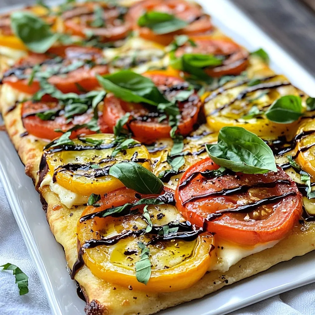 For a tasty Tomato Basil Mozzarella Flatbread, you need: - 1 store-bought flatbread or pizza base - 2 medium ripe tomatoes, sliced - 1 cup fresh mozzarella cheese, sliced or torn - 1 cup fresh basil leaves - 2 tablespoons olive oil - 1 teaspoon balsamic glaze - Salt and pepper to taste These ingredients create a simple yet delicious flatbread. The ripe tomatoes give a sweet flavor. Fresh mozzarella melts beautifully, adding creaminess. Basil brings a bright note that ties everything together. To enhance your flatbread, consider adding: - 1 clove garlic, minced - 1 tablespoon fresh oregano Garlic adds a nice kick. Oregano gives a robust taste that complements the other flavors. Use these ingredients if you want a bit more depth in your dish. They can make your flatbread even more special without much effort. What goes well with your flatbread? Here are some ideas: - A fresh green salad with a light vinaigrette - A glass of crisp white wine or sparkling water - Some olives or charcuterie for a savory snack These pairings help balance the flavors. A salad adds crunch, while wine can enhance the overall meal experience. Try these suggestions to elevate your flatbread night! {{ingredient_image_1}} Start by gathering all your ingredients. You need: - 1 store-bought flatbread or pizza base - 2 medium ripe tomatoes, sliced - 1 cup fresh mozzarella cheese, sliced or torn - 1 cup fresh basil leaves - 2 tablespoons olive oil - 1 teaspoon balsamic glaze - Salt and pepper to taste - 1 clove garlic, minced (optional) - 1 tablespoon fresh oregano (optional) Next, preheat your oven to 425°F (220°C). This step is key for a crispy flatbread. If you like garlic, mix it with olive oil, salt, and pepper in a small bowl. This mixture adds a nice flavor. Now, place your flatbread on a baking sheet with parchment paper. Brush the garlic oil evenly over the flatbread. This gives it a tasty base. Arrange the tomato slices across the flatbread. Make sure to spread them out well. Then, scatter the mozzarella pieces over the tomatoes. Ensure the cheese covers the tomatoes for a gooey texture. Next, add the fresh basil leaves on top. Reserve a few for later. If you choose to use fresh oregano, sprinkle it over the flatbread now. Slide your flatbread into the preheated oven. Bake for about 10-12 minutes. You want the cheese to bubble and the edges to turn golden brown. When it’s done, take it out and drizzle the balsamic glaze on top. Let it cool for a couple of minutes. Then, slice it into pieces. Serve it warm and top with the reserved basil leaves for a fresh touch. Enjoy your Tomato Basil Mozzarella Flatbread! Selecting the right tomatoes is key. Look for tomatoes that feel heavy for their size. Ripe tomatoes should have a smooth skin and a deep color. Smell them; they should have a sweet aroma. Avoid any tomatoes with bruises or soft spots. Heirloom tomatoes add a unique taste, but Roma tomatoes work well too. Use fresh, ripe tomatoes for the best flavor in your flatbread. To get the best melt from mozzarella, choose fresh mozzarella. It should feel soft and moist. If using sliced mozzarella, ensure it is not too thick. Thin slices melt better and distribute heat evenly. Let the mozzarella sit at room temperature for about 30 minutes before baking. This helps it melt faster and more evenly. Avoid pre-shredded mozzarella as it often contains anti-caking agents that affect melting. One common mistake is overloading the flatbread with toppings. This can make it soggy. Keep a balance with your toppings for best results. Another mistake is not preheating the oven. Always preheat to 425°F (220°C) before baking. This ensures a crispy crust. Lastly, don’t forget to watch the baking time. Remove the flatbread when the cheese is bubbly and golden to avoid burning. Pro Tips Use Fresh Ingredients: Always opt for fresh tomatoes and basil for the best flavor. The quality of your ingredients directly affects the taste of the flatbread. Experiment with Cheese: While fresh mozzarella is classic, you can try adding a sprinkle of goat cheese or feta for a tangy twist. Prepare Ahead: You can prepare the flatbread in advance and just bake it when you’re ready to serve, making it a great option for gatherings. Garnish Wisely: Adding a sprinkle of fresh herbs or a drizzle of extra balsamic glaze just before serving can elevate the dish and make it visually appealing. {{image_2}} You can easily change this flatbread. Try adding sliced bell peppers for crunch. Mushrooms give a nice earthy flavor. You can also use spinach for added nutrients. For a spicy kick, add red pepper flakes. Think about adding meats like prosciutto or salami. These options let you mix flavors and textures. If you need gluten-free, many stores sell gluten-free flatbreads. You can also make your own using gluten-free flour. Almond flour or rice flour works well. Just follow the package directions for baking times. This way, everyone can enjoy this tasty meal. To make this flatbread vegan, swap the mozzarella for vegan cheese. There are great brands that melt nicely. You can also add olives or artichokes for flavor. Use a nut-based cheese for creaminess. This keeps the dish fresh and plant-based. Enjoy this flatbread with friends while staying true to your diet. To keep your flatbread fresh, let it cool first. Then, wrap it in plastic wrap or foil. You can also place it in an airtight container. Store it in the fridge for up to three days. This way, it stays soft and tasty. When you’re ready to eat your leftover flatbread, preheat your oven to 350°F (175°C). Place the flatbread on a baking sheet. Heat it for about 8-10 minutes. This will make the cheese melt again and warm the bread. You can also use a toaster oven for this. It keeps the crust crispier. If you want to save your flatbread for later, freezing is easy. Wrap the cooled flatbread tightly in plastic wrap. Then, place it in a freezer bag. It lasts for up to three months in the freezer. To enjoy it later, thaw it in the fridge overnight. Reheat it as described above for tasty results. Yes, you can use store-bought sauce. It saves time and works well. However, fresh ingredients add better flavor. I prefer making my own mix with olive oil, garlic, and herbs. This mix enhances the taste of the flatbread. If you choose store-bought sauce, pick one with quality ingredients. Look for a sauce with no added sugars or preservatives. You can prepare the flatbread ahead in a few easy steps. First, follow the recipe but don't bake it. Assemble the flatbread with tomatoes and cheese, then store it in the fridge. Cover it tightly with plastic wrap or foil. When ready to eat, just bake it as directed. This method keeps the flavors fresh and delicious. You can also freeze the unbaked flatbread for up to a month. Just remember to thaw it in the fridge before baking. If you can't find fresh basil, don't worry. You can use dried basil instead. Use one teaspoon of dried basil for every tablespoon of fresh. Another option is to try fresh parsley or arugula. These herbs add a different but tasty flavor. You could also use spinach for a milder taste. Each substitute gives a unique twist to your flatbread. This blog post covers everything you need for delicious Tomato Basil Mozzarella Flatbread. We went through essential and optional ingredients, plus how to pair them. I shared clear, easy instructions for prepping, assembling, and baking. You learned tips on choosing tomatoes and getting perfect cheese melt. I also explored tasty variations and how to store leftovers. In the end, this flatbread is fun to make and enjoy. You can play with flavors to fit your taste. Dive in, and have a great time creating your own flatbread!