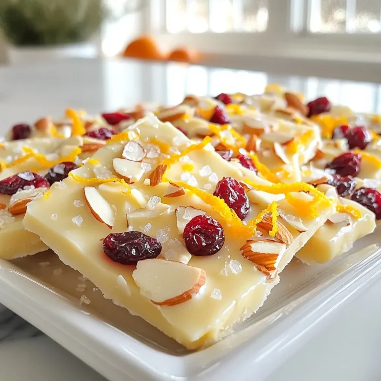 - 12 oz white chocolate chips - 1 cup dried cranberries - Zest of 1 large orange - 1/2 cup slivered almonds (or any nut of your choice) - 1/4 tsp sea salt - 1/2 tsp vanilla extract This recipe makes 12 pieces. Each piece is a good size for sharing or enjoying yourself. It’s easy to adjust the amount if you want more or less. Just keep the same ratios for each ingredient. If you want to swap white chocolate, try using dark chocolate or milk chocolate. Both taste great, but they change the flavor a bit. For nuts, you can use any you prefer, like walnuts or pecans. You can even leave them out if you want a nut-free treat! {{ingredient_image_1}} 1. Start by lining a baking sheet with parchment paper. Leave some overhang on the sides. This helps with easy removal later. 2. Take a microwave-safe bowl and add the white chocolate chips. Melt the chips in 30-second bursts. Stir after each burst until the chocolate is smooth and melted. 1. Once melted, remove the bowl from the microwave. Mix in the vanilla extract and half of the orange zest. Save the rest of the zest for later. 2. Now, add the dried cranberries and slivered almonds to the bowl. Stir the mixture well until all the cranberries and nuts are fully coated in the creamy chocolate. 1. Pour the mixture onto the lined baking sheet. Use a spatula to spread it out. Aim for an even layer about 1/4 inch thick. 2. Before the chocolate hardens, sprinkle the remaining orange zest and sea salt on top. This adds a nice burst of flavor. 3. Place the baking sheet in the fridge for about 1 hour. Wait until the chocolate is completely set. 4. Once it's set, lift the parchment paper from the baking sheet. Break the bark into uneven pieces for a fun presentation. Avoid overheating the chocolate. Heat it slowly in short bursts. If you overheat it, the chocolate can seize up. Stir between each burst to keep an eye on the texture. Another mistake is not mixing the ingredients well. Make sure to coat every cranberry and nut evenly. This ensures every bite has a perfect blend of flavors. To achieve the right thickness, aim for a layer about 1/4 inch thick. This thickness holds the bark together well while allowing it to break easily. If it's too thin, it may break apart too easily. For great flavor, consider adding a pinch of cinnamon or nutmeg. These spices can lift the taste to new heights. You can also use flavored extracts if you want to switch things up. For a beautiful display, arrange the bark on a decorative platter. Adding extra dried cranberries and orange slices makes it pop. You might also place some of the bark in small treat bags tied with ribbon for gifts. Consider using a sprinkle of sea salt on top for a nice contrast. This touch will enhance the sweetness and make each piece even more special. Pro Tips Use High-Quality Chocolate: The flavor and texture of your bark will greatly depend on the quality of the white chocolate used. Choose a brand that you enjoy eating on its own for the best results. Keep It Cool: Make sure to let the bark set in the refrigerator rather than at room temperature. This will help it firm up quickly and maintain a nice snap when broken. Experiment with Add-Ins: Feel free to switch out the dried cranberries and nuts for your favorite mix-ins. Dried cherries, pistachios, or even crushed peppermint candies can add exciting flavors! Presentation Matters: For a festive touch, consider serving the bark on a decorative platter with extra garnishes like fresh orange slices or a sprinkle of edible glitter. {{image_2}} You can make this bark even better with unique flavors. Adding different fruits can change the taste. Try dried cherries, apricots, or even banana chips. Each fruit brings its own charm and taste. You can also use flavored chocolate. Dark chocolate adds a rich touch. Milk chocolate brings a creamy sweetness. Mixing these types can create a fun twist. If you follow a vegan diet, you can still enjoy this bark. Use vegan white chocolate chips. They melt just like regular ones. For a gluten-free option, check your chocolate and nuts. Most are naturally gluten-free, but it is wise to check labels. This way, everyone can enjoy the treat. Holiday seasons are perfect for this bark. You can add peppermint for a wintery theme. For fall, try adding pumpkin spice. Seasonal twists keep the recipe fresh and fun. You can share these variations with friends and family. They’ll love trying new flavors! To keep your orange cranberry white chocolate bark fresh, store it in an airtight container. This prevents moisture from getting in and keeps the bark nice and crisp. You can store it at room temperature or in the fridge. If you live in a warm area, the fridge is better to avoid melting. This tasty treat lasts for about two weeks if stored properly. Check for signs of spoilage, like a change in texture or taste. If it looks or smells off, it's best to toss it. Freshness is key for enjoying the flavors. You can freeze the bark if you want to keep it longer. Wrap it tightly in plastic wrap, then place it in an airtight container. When you're ready to enjoy it, let it thaw in the fridge for a few hours before serving. This helps it regain its texture and flavor. Yes, you can use dark or milk chocolate instead of white. Each type brings a different taste. Dark chocolate gives a rich flavor, while milk chocolate adds sweetness. You can mix and match chocolate types too. Try using half white and half dark for a unique twist! To store leftover bark, place it in an airtight container. Keep it in a cool, dry place. If it's warm, the chocolate may melt. You can also refrigerate it for extra freshness. Just make sure to let it come to room temp before serving for the best taste. Yes, you can make this recipe a day ahead. Once set, the bark lasts well in storage. Making it in advance saves time for your event. Just remember to wrap it well to keep it fresh. Enjoy it as a quick treat when you need something sweet! Now you have all the tools to make amazing white chocolate bark. We covered the key ingredients, measurement tips, and even some fun flavor variations. Following the step-by-step guide will help you create a delicious treat. Remember to avoid common mistakes like overheating the chocolate. With these tips, you’ll impress everyone with your bark creations. Enjoy exploring different tastes and presentations to make this recipe your own! Happy baking!